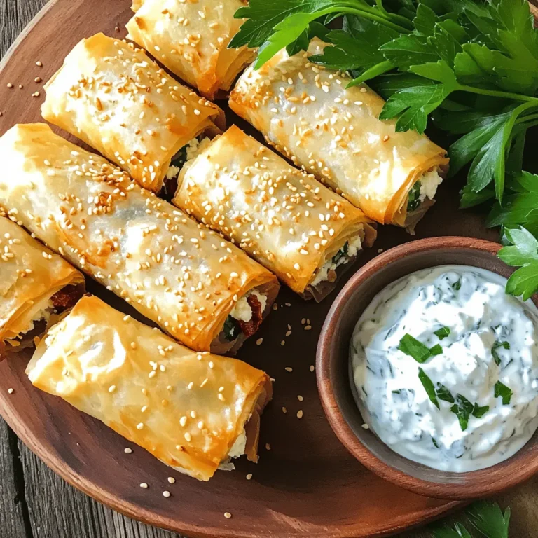 For these tasty rolls, you will need: - 200g feta cheese, crumbled - 1 cup fresh spinach, chopped - 1/2 cup sun-dried tomatoes, finely chopped - 1 teaspoon dried oregano - 1/2 teaspoon garlic powder - 8 sheets of phyllo pastry - 1/2 cup melted butter or olive oil These ingredients blend well to create a rich, cheesy filling wrapped in crispy pastry. To make these rolls even better, consider adding: - 1/4 teaspoon red pepper flakes (for heat) - Salt and pepper to taste Adding red pepper flakes will give your rolls a nice kick. Adjust the salt and pepper to match your taste. For a little extra flair, try these: - Sesame seeds for garnish Sprinkling sesame seeds on top adds a delightful crunch and makes the rolls look appealing. You can also serve them with a side of tzatziki sauce or a lemon wedge for extra flavor. For a pop of color, a sprig of fresh parsley works well. For the full recipe, check out the details above. Start by preheating your oven to 375°F (190°C). This step is key for a crispy finish. Next, take a large bowl and mix the crumbled feta cheese, chopped spinach, and sun-dried tomatoes. Add the dried oregano, garlic powder, and red pepper flakes if you like some heat. Season this mixture with salt and pepper. Mix well so every bite is full of flavor. Now, lay one sheet of phyllo pastry on your clean surface. Use a pastry brush to coat it with melted butter or olive oil. Place another sheet on top and brush again. Repeat this process for two sheets. Then, cut the layered pastry into 4-inch wide strips. At the end of each pastry strip, spoon 1-2 tablespoons of your feta mixture. Leave about an inch of space on the sides for rolling. Start rolling from the end with the filling, folding in the sides as you go. This keeps the filling secure. Place each roll seam-side down on your lined baking sheet. Once you have all the rolls ready, brush the tops with leftover melted butter or olive oil. Sprinkle sesame seeds over them for added crunch. Bake in the oven for 20-25 minutes until they turn golden brown and crispy. For extra crispy rolls, make sure your phyllo is fresh and not damp. Layering two sheets gives a nice texture. Brush each layer well with butter or oil. Don't skip this step! It helps achieve that golden, crispy exterior. If you want to add more flavor, sprinkle more seasoning on top before baking. Let the rolls cool for a few minutes after baking. This step helps the flavors settle and makes them easier to handle. Enjoy making these delicious crispy oven-fried feta rolls! For detailed instructions, check out the Full Recipe. When making oven-fried feta rolls, avoid overfilling the pastry. Too much filling can make it hard to roll. Make sure to leave space at the edges. Also, do not skip brushing the phyllo with butter or oil. This helps it get crispy. Another mistake is not preheating the oven. It’s vital for even cooking. You can easily change the taste of these rolls. For a spicy kick, add more red pepper flakes. If you love herbs, try fresh basil or dill. You can swap spinach for other greens, like kale or arugula. Adding olives or roasted peppers can give a new twist. Experiment with flavors to find your favorite mix. Phyllo pastry can dry out fast, so work quickly. Keep the sheets covered with a damp cloth while you prepare. When layering, make sure to brush each sheet well. This helps keep the layers flaky. If you tear a sheet, don’t worry. Just patch it with another piece. It will still taste great! {{image_4}} You can change up the filling to make it even more fun. Try using ricotta cheese instead of feta. You could mix in zucchini, mushrooms, or bell peppers. These veggies add texture and flavor. Spinach is a great base, but you can also use kale or arugula. Both offer a unique taste and are packed with nutrients. If you want to make these rolls gluten-free, use gluten-free phyllo pastry. Many stores sell it now. You can also try using corn tortillas instead. Just be aware that the texture will be different. For the filling, ensure your feta cheese is gluten-free. Most brands are, but it's good to check. You can get creative with flavors! Add fresh herbs like basil or dill for a bright taste. Adding olives gives a nice salty kick. For a spicy twist, include jalapeños or hot sauce in the filling. You can even try sweet flavors by adding figs or honey. The options are endless, so mix and match as you like! Check out the full recipe to explore all these variations in depth. Enjoy experimenting! To keep your leftover feta rolls fresh, let them cool first. Place them in an airtight container. You can layer them with parchment paper to avoid sticking. Store them in the fridge for up to three days. Make sure to seal the container well to keep them from drying out. To reheat your feta rolls, preheat your oven to 350°F (175°C). Place the rolls on a baking sheet. Bake for about 10 minutes or until they are hot and crispy again. This method helps maintain their crunch. You can also use an air fryer at 350°F for about 5-7 minutes. If you want to freeze your feta rolls, first let them cool completely. Wrap each roll in plastic wrap, then place them in a freezer-safe bag. They can stay in the freezer for up to three months. To cook from frozen, bake them at 375°F (190°C) for about 25-30 minutes, or until golden brown. This way, you can enjoy your crispy feta rolls anytime! Check the [Full Recipe] for more details on preparation. Yes, you can swap feta with other cheeses. Goat cheese adds a tangy taste. Cream cheese gives a smooth feel. Try mozzarella for a mild flavor. Each choice makes the rolls unique. Just keep the cheese crumbly for best results. To prepare early, follow these steps. Make the filling and fill the phyllo rolls. Place them on a baking sheet. Cover with plastic wrap and chill in the fridge. You can bake them later. Just add a few extra minutes to the baking time. Serve these rolls hot and crispy. They pair well with tzatziki sauce for dipping. A fresh salad adds a nice crunch. You can also serve them with olives for a Mediterranean touch. These snacks are perfect for parties or cozy nights at home. Don’t forget to check out the Full Recipe for more tips! You learned how to make tasty oven fried feta rolls. We covered key ingredients, step-by-step instructions, and many tips. I shared ways to customize flavors and options for different diets. You also know how to store and reheat them for later. These rolls are easy to make and fun to serve. Enjoy your cooking and try your favorite flavors for delicious results. Happy cooking!