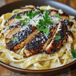 - Chicken and Seasoning - 2 boneless, skinless chicken breasts - 2 tablespoons Cajun seasoning - 1 tablespoon olive oil - Pasta and Alfredo Sauce Components - 8 oz fettuccine pasta - 2 tablespoons unsalted butter - 3 cloves garlic, minced - 1 cup heavy cream - 1 cup freshly grated Parmesan cheese - Salt and pepper to taste - Garnishing Elements - Fresh parsley, finely chopped (for garnish) Gather these items before starting. The Cajun seasoning gives the chicken a spicy kick. The heavy cream and Parmesan make the sauce rich and creamy. You can use any pasta you like, but fettuccine works best. Fresh parsley adds a nice color and flavor to the dish. For the full recipe, check out the instructions to bring this dish to life! Searing and Cooking Start by drying the chicken breasts with paper towels. This step helps create a great crust. Next, coat both sides of the chicken with Cajun seasoning. Use your hands for even coverage. In a large skillet, heat the olive oil over medium-high heat. Once hot, add the chicken. Cook each side for about 6-7 minutes. You want a deep blackened crust. When juices run clear, the chicken is done. Remove it from the skillet and let it rest. After a few minutes, slice the chicken into strips. Water Boiling and Salting Technique Fill a large pot with water and add salt. The water should taste a bit like the sea. Bring it to a boil over high heat. Once boiling, add the fettuccine. Stir to prevent sticking. Checking for Al Dente Follow the package instructions for cooking time. Taste the pasta a minute or two before it's done. It should be firm but not hard. When ready, save about ½ cup of pasta water, then drain the rest. Butter and Garlic Sautéing In the same skillet where you cooked the chicken, melt the butter over medium heat. Add the minced garlic and sauté for about 1 minute. You want it fragrant but not burnt. Incorporating Heavy Cream Slowly pour in the heavy cream while stirring. Bring the mixture to a gentle simmer. Adding Parmesan Gradually stir in the grated Parmesan cheese. Keep stirring until the cheese melts and the sauce is smooth. If it’s too thick, add some reserved pasta water to thin it out. Season with salt and pepper to taste. Tossing Pasta with Sauce Add the drained fettuccine to the skillet with the sauce. Toss until the pasta is well coated. Layering Chicken Finally, place the sliced blackened chicken over the pasta. For the full experience, check out the Full Recipe. Enjoy your flavorful dinner delight! Choosing the Right Temperature Start with a hot skillet. This helps the chicken get that great blackened crust. If the pan is too cool, the chicken will not sear well. Aim for medium-high heat. This gives a nice sear while keeping the inside juicy. Avoiding Overcrowding the Pan Cook one or two chicken breasts at a time. If you add too many, the pan will cool down. This leads to steaming instead of searing. Always leave space between the chicken pieces for even cooking. Adjusting Sauce Consistency Keep an eye on the sauce as you cook it. If it’s too thick, add a bit of the reserved pasta water. This will help make it creamy but not too heavy. Stir well to mix in the water evenly. Alternative Cheeses While Parmesan is classic, you can mix other cheeses. Try adding mozzarella for extra creaminess. Or, use Pecorino Romano for a sharper taste. Mixing cheeses can add fun flavors to your Alfredo. Presentation Ideas For a pretty dish, serve the pasta in shallow bowls. Layer the sliced chicken on top. Finish with a sprinkle of fresh parsley. This adds color and makes the plate look more inviting. Pairing with Sides This dish goes great with a fresh salad. A simple green salad balances the richness of the Alfredo. You can also serve it with garlic bread for a comforting touch. Pairing helps create a well-rounded meal. For the full recipe, check out [Full Recipe]. {{image_4}} You can make Blackened Cajun Chicken Alfredo vegetarian by using plant-based proteins. Try using tofu or tempeh as your base. Both options soak up flavors well. Just season them with Cajun spices as you would the chicken. Sauté them until golden brown for a nice texture. Another great option is to use chickpeas. They add protein and a hearty bite to your dish. To amp up the heat, consider adding different peppers. Bell peppers work great for sweetness. If you want more heat, try jalapeños or serrano peppers. Slice them thin and sauté them with garlic in the sauce. This adds a nice kick while still keeping the dish balanced. You can also sprinkle some crushed red pepper flakes for extra spice. While fettuccine is classic, you can switch things up with other pasta types. Penne or rigatoni works well for holding onto the sauce. If you prefer a lighter option, zucchini noodles are great. They add freshness and keep it healthy. Just be mindful of cooking times when using different pastas. Each type will need its own cooking method. For the full recipe, check out the details above. How do I store leftovers? To keep your Blackened Cajun Chicken Alfredo fresh, place it in an airtight container. Make sure to let it cool before sealing. Store it in the fridge for up to three days. This way, you can enjoy it again without losing flavor. What are the best methods to maintain flavor? To reheat your Alfredo, use the stovetop. Warm it gently over low heat. Add a splash of milk or cream to prevent it from drying out. Stir often to keep the sauce smooth. You can also microwave it in short bursts, stirring in between. This helps to evenly warm your meal. Can I freeze the Alfredo sauce separately? Yes, you can freeze the Alfredo sauce on its own. Pour the cooled sauce into a freezer-safe bag or container. Remove as much air as possible to prevent ice crystals. It can last for up to three months. When ready to use, thaw it overnight in the fridge. Reheat on the stove with a bit of cream to restore its creaminess. You can find the Full Recipe for a detailed guide on making this dish. Blackened Cajun Chicken Alfredo is a creamy pasta dish. It features blackened chicken over fettuccine. The chicken gets its flavor from Cajun spices. These spices add heat and depth to the dish. The creamy Alfredo sauce balances the spice well. It makes for a rich and tasty meal that you will love. The total time to make this dish is about 35 minutes. This includes 15 minutes for prep and 20 minutes for cooking. You can have a delicious meal ready quickly! Yes, you can make this dish ahead of time. You can store the chicken and pasta separately. This keeps the chicken from getting soggy. Keep leftovers in the fridge for up to three days. Reheat gently on the stove or in the microwave. Some great sides include garlic bread, salad, or steamed veggies. Garlic bread adds a nice crunch. A fresh salad brightens the meal. Steamed veggies can provide a healthy balance. Enjoy your meal with these tasty pairings! For the full recipe, check out the [Full Recipe]. In this post, we covered how to make Blackened Cajun Chicken Alfredo. We explored key ingredients, from chicken and pasta to the creamy sauce. I shared step-by-step instructions to ensure perfect cooking. We also discussed useful tips for flavor and texture, along with variations to suit different diets. Enjoy this dish with your favorite sides or try the suggested alternatives. Blackened Cajun Chicken Alfredo is a crowd-pleaser sure to impress. Happy cooking!