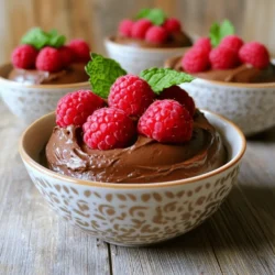 - 2 ripe avocados - 1/2 cup unsweetened cocoa powder - 1/3 cup honey or maple syrup (for a vegan option) - 1/4 cup almond milk (or any milk of your choice) - 1 teaspoon vanilla extract - 1/2 teaspoon sea salt - Fresh raspberries - Mint leaves Using ripe avocados is key. They should feel soft but not mushy. This gives the mousse a rich and creamy texture. The unsweetened cocoa powder adds deep chocolate flavor without extra sugar. Honey or maple syrup sweetens the mix, but you can adjust to your liking. The almond milk helps blend everything smoothly. You can swap it for any milk you enjoy. Vanilla extract adds warmth and depth to the mousse, while sea salt enhances all the flavors. For garnishes, fresh raspberries bring a bright, fruity note. Mint leaves add a refreshing touch. These extras not only taste great but also make your dessert look stunning. To make this tasty mousse, follow the [Full Recipe]. - Cut avocados in half and remove the pit. - Scoop the flesh into a blender or food processor. Start by cutting your ripe avocados in half. Use a knife to gently twist and remove the pit. It's important to choose ripe avocados for a creamy texture. Next, scoop the green flesh into your blender or food processor. This is where the magic begins! - Add cocoa powder, sweetener, almond milk, vanilla extract, and sea salt. Now, add the unsweetened cocoa powder to the blender. This gives the mousse its rich chocolate flavor. Then, pour in your sweetener of choice. You can use honey or maple syrup, depending on your taste. After that, add the almond milk for creaminess. Don't forget the vanilla extract and a pinch of sea salt to enhance the flavor! - Blend until smooth, scraping down sides as needed. - Adjust sweetness and chocolate flavor to taste. Turn on the blender and blend until smooth. You might need to pause and scrape down the sides with a spatula. This helps mix all the ingredients well. After blending, taste the mousse. If you want more sweetness or a stronger chocolate flavor, add more sweetener or cocoa powder and blend again. - Transfer mousse to serving bowls or a dish. - Cover and refrigerate for at least 30 minutes. Once you are happy with the taste, transfer the mousse to small serving bowls or a larger dish. Cover it with plastic wrap and place it in the fridge. Chilling for at least 30 minutes helps set the mousse and makes it even better! - Stir the mousse before serving. - Garnish with raspberries and mint leaves. When it’s time to serve, take the mousse out of the fridge. Give it a gentle stir to mix everything. For a fun touch, top each serving with fresh raspberries and a sprig of mint leaves. This makes your dessert look and taste amazing! Enjoy your rich and decadent chocolate avocado mousse! For the full recipe, check out the details above. To get that rich, creamy mousse, you must use ripe avocados. They should feel soft but not mushy. When you blend the avocados, make sure to mix well. I like to blend on high for a few minutes. This step creates that silky texture we crave in a mousse. If your mix is too thick, add a bit more almond milk to help it blend smoothly. Taste the mousse after blending. If it’s not sweet enough, add more honey or maple syrup. You can always start with less and add more later. Each sweetener can give a different flavor. Maple syrup adds a nice depth, while honey gives a lighter taste. Play around with these options until you find your perfect sweetness. Serving the mousse can be fun! You can layer it in clear cups for a pretty view. Dust some cocoa powder on top for an elegant touch. Fresh raspberries and mint leaves also add color and freshness. Try to be creative! A simple garnish can make your mousse look like a fancy dessert. For the full recipe, check out the details above! {{image_4}} You can make a vegan version of this mousse easily. Swap honey for maple syrup. Use almond milk or coconut milk instead of regular milk. This keeps the mousse creamy and rich, but also plant-based. You will not miss the dairy at all. The flavors still come through strong, and you keep it healthy. Want to mix things up? You can add ingredients to enhance the flavor. A little espresso powder gives a nice coffee kick. Cinnamon adds warmth and spice. You can also mix in nut butters like almond or peanut. This adds a creamy texture and extra richness to your mousse. Serving this mousse can be fun! Try layering it in parfait glasses with fresh fruit. Berries or sliced bananas work great. You can also pair the mousse with cookies or cakes. Serve it alongside a brownie or a slice of chocolate cake for a dessert feast. Each bite will be a delightful surprise! You can check the Full Recipe for more ideas. The mousse lasts about three days in the fridge. To keep it fresh, cover it tightly with plastic wrap or place it in an airtight container. This helps prevent it from absorbing other odors in the fridge. Make sure to store it in the back of the fridge, where it's colder. Yes, you can freeze chocolate avocado mousse! It stays good in the freezer for about a month. To freeze, place it in a freezer-safe container. Leave some space at the top, as the mousse may expand when frozen. When you're ready to enjoy it, move the mousse to the fridge overnight to thaw. For serving, give it a gentle stir and add fresh garnishes. Check for any off smells or a change in color. If the mousse feels slimy or has a watery layer on top, it is no longer good to eat. Always trust your senses; if it looks or smells funny, it's best to toss it. Enjoy the mousse while it's fresh for the best taste. You can use silken tofu for a creamy texture. It blends well and has a neutral flavor. Another option is banana; it adds sweetness and creaminess. You might also try cashew cream for richness. Each choice offers a unique taste and texture. Yes, this mousse is quite healthy. Avocados are full of good fats that help your heart. They also provide fiber, vitamins, and minerals. This dessert has no refined sugars if you use honey or maple syrup. Overall, it's a tasty treat with many health benefits. Absolutely! You can prepare this mousse a day before your event. Just store it in the fridge after blending. It will taste even better after chilling. This is perfect for parties or special occasions. To make the mousse sugar-free, use ripe bananas or dates. Both add natural sweetness without refined sugar. You can also use stevia or monk fruit sweetener. These options keep the mousse delicious and guilt-free. This mousse is best served cold. Warm temperatures can change its creamy texture. If you want a warm dessert, consider making a chocolate sauce instead. This can complement the mousse beautifully. This recipe yields about four servings. Each serving is rich and satisfying. You can adjust the portion sizes based on your needs. Enjoy it as a small treat or a larger dessert! This chocolate avocado mousse is simple and delicious. You only need a few main ingredients like ripe avocados and cocoa powder. Follow the steps for a smooth texture and chill for a rich dessert. Customize it with different flavors or toppings to match your taste. Store any leftovers in the fridge for freshness. Enjoy this healthy treat that offers both flavor and fun. You can impress friends or family with this quick recipe!