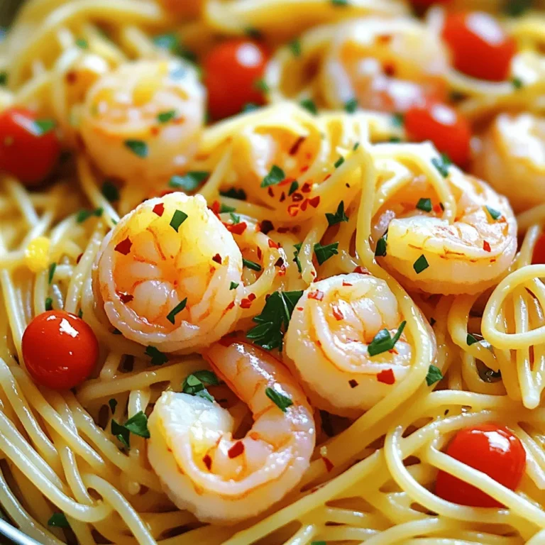 - 8 oz spaghetti or linguine - 1 lb jumbo shrimp, peeled and deveined - 4 tablespoons olive oil, divided - 4 cloves garlic, minced - Zest and juice of 1 large lemon - 1/4 teaspoon red pepper flakes - 1/4 cup fresh parsley, chopped - 1/2 cup cherry tomatoes, halved - Grated Parmesan cheese, for serving For this recipe, I love using spaghetti or linguine. Both options work well. Jumbo shrimp adds a nice touch. They cook quickly and taste amazing. Olive oil gives the dish richness. Fresh garlic brings a bright flavor. Lemon zest and juice are key for that tangy kick. I often add red pepper flakes for some heat. Fresh parsley adds color and freshness. If you want to enhance your dish, try adding cherry tomatoes. They bring sweetness and color. Grated Parmesan cheese is great for serving. It adds creaminess and depth. You can find the full recipe with detailed steps in the article. Enjoy every bite of this tasty and quick meal! Start by filling a large pot with water. Add a good pinch of salt to the water. Bring this pot to a rolling boil. Once it's boiling, add your spaghetti or linguine. Cook it according to the package instructions until it is al dente. This usually takes around 8 to 10 minutes. When done, drain the pasta in a colander. Make sure to save about 1 cup of the pasta water for later. In a large skillet, heat 2 tablespoons of olive oil over medium heat. Once the oil is hot, place the shrimp in the skillet in a single layer. Sprinkle them with salt and freshly ground black pepper. Cook the shrimp for about 2 to 3 minutes on one side, until they start to turn pink. Flip the shrimp and cook for another minute until they are fully cooked. They should be bright pink and opaque. Now it's time to add flavor. To the skillet with the shrimp, add 4 cloves of minced garlic and 1/4 teaspoon of red pepper flakes. Stir them around for about 1 minute. Be careful not to let the garlic burn. Next, add the zest and juice of 1 large lemon. Mix everything well so all the flavors blend together. Add the cooked pasta directly into the skillet with the shrimp. Toss everything together until the pasta is well coated with the sauce. Gradually add the reserved pasta water, a little at a time, until you get a sauce that you like. If you want to add some color and flavor, fold in 1/2 cup of halved cherry tomatoes. Take the skillet off the heat, and mix in 1/4 cup of chopped fresh parsley. Taste the dish and adjust the seasonings if needed. To cook shrimp perfectly, you want them bright pink and firm. Start with fresh or thawed shrimp. Use a wide skillet for even cooking. Heat your oil but don’t let it smoke. Add shrimp in a single layer and season them well. Cook for 2-3 minutes on one side. Flip them quickly and cook for another minute. This method helps to avoid overcooking. If shrimp curl tightly, they are overdone. For great taste, use fresh herbs and spices. I love adding fresh parsley and lemon zest. They brighten the dish and add depth. You can also try thyme or basil for a twist. Fresh ingredients matter a lot. They enhance the flavors and make your dish pop. Always use fresh garlic for the best aroma. Pair your pasta with a simple green salad or garlic bread. A light side balances the meal well. For presentation, twirl the pasta on the plate and top it with shrimp. Add a sprinkle of parsley and a wedge of lemon on the side. This makes your dish colorful and inviting. For extra flair, drizzle a bit of olive oil before serving. You can find the Full Recipe to guide your cooking adventure. {{image_4}} You can use different types of pasta for your dish. Spaghetti and linguine work well, but you can try others too. Penne or fettuccine create a nice twist. If you need a gluten-free option, use rice or quinoa pasta. These alternatives taste great while keeping the dish light. If you're not a fan of shrimp, you can choose other proteins. Chicken or scallops are great swaps. Cook them the same way you prepare the shrimp. For a vegetarian option, try mushrooms or zucchini. They absorb flavors well and add a unique touch. You can change the flavor by adding different herbs. Basil or thyme can give a fresh twist. Try adding seasonal vegetables like asparagus or bell peppers. These veggies not only add color but also boost nutrition. Feel free to get creative and find your perfect flavor mix! To keep your Lemon Garlic Shrimp Pasta fresh, store it in the fridge. Place the pasta in a sealed container. Use glass or BPA-free plastic containers. This method helps maintain taste and texture. Refrigerate within two hours of cooking. The pasta will stay good for about three days. You can freeze this pasta for later. First, let it cool completely. Then, place it in a freezer-safe bag or container. Remove as much air as possible to prevent freezer burn. You can freeze it for up to three months. To thaw, move it to the fridge overnight. For quick thawing, run the bag under cold water. When you reheat, keep the flavor intact. The best method is to use a skillet. Add a splash of water or extra olive oil to keep it moist. Heat it over medium-low heat, stirring often. This helps revive the sauce. If it looks too dry, add more water or oil. Enjoy your tasty meal again! To add heat, you can increase the red pepper flakes. Start with 1/2 teaspoon and adjust to taste. If you love heat, add sliced fresh chili peppers. Another option is to sprinkle in cayenne pepper. This will kick up the spice without changing the dish. Yes, you can prep a few parts ahead. Cook the pasta and let it cool. Store it in an airtight container in the fridge. You can also clean and season the shrimp ahead of time. Just keep them in the fridge until you cook them. Combine everything right before serving for best taste. This dish is tasty and nutritious. A serving has about 400 calories. It contains 30 grams of protein and 10 grams of fat. The carbs mainly come from the pasta. If you want fewer calories, use whole wheat pasta or add more veggies. Yes, frozen shrimp work well. Thaw them in cold water for 15-20 minutes before cooking. Make sure to dry them well before adding to the skillet. This helps them cook evenly and prevents extra water in your dish. This blog post covered everything you need for perfect Lemon Garlic Shrimp Pasta. We explored key ingredients, from shrimp to fresh parsley. You learned steps for cooking pasta and sautéing shrimp just right. We shared tips for great flavor and serving ideas. You also found fun variations and how to store leftovers. Making this dish is simple and rewarding. Enjoy the rich flavors and make it your own. Your kitchen will shine with this delicious recipe!