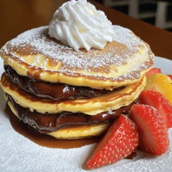 To create perfect Nutella stuffed pancakes, gather these simple ingredients: - 1 cup all-purpose flour - 2 tablespoons granulated sugar - 1 tablespoon baking powder - 1/2 teaspoon salt - 1 cup milk (preferably whole) - 1 large egg - 2 tablespoons unsalted butter, melted - 1/4 cup Nutella (plus extra if desired) - Oil or butter for greasing - Optional toppings (whipped cream, fresh strawberries) These ingredients are easy to find and work together to make a delicious breakfast. The flour and sugar give the pancakes their base, while baking powder helps them rise. The milk adds creaminess, and the egg binds everything together. Melted butter gives a rich flavor, and Nutella is the star of the show! You can get creative with toppings to make your pancakes even more special. Check out the Full Recipe for detailed instructions. In a large bowl, combine the all-purpose flour, granulated sugar, baking powder, and salt. Use a whisk to mix well. Keep whisking until no lumps remain. This step helps create a smooth batter for your pancakes. In another bowl, whisk together the milk, large egg, and melted unsalted butter. Mix until it is smooth. Gradually pour this wet mix into the dry ingredients. Stir gently until just combined. Don't worry about a few lumps; overmixing can make your pancakes tough. First, preheat your non-stick skillet over medium heat. Lightly grease it with oil or butter to prevent sticking. For each pancake, pour about 1/4 cup of batter onto the skillet. Cook for 1-2 minutes until small bubbles form on the surface. Next, carefully place about 1 tablespoon of Nutella in the center of the pancake. Quickly cover the Nutella with another tablespoon of batter. Make sure it is completely sealed. Cook for another 1-2 minutes until the edges turn golden brown. Gently flip the pancake and cook for an additional 1-2 minutes until both sides are golden brown. Continue this process with the remaining batter. Add more oil or butter to the skillet as needed. Serve the pancakes warm. You can add a swirl of whipped cream and some fresh strawberries for a bright touch. Enjoy the tasty treat you've made! For the full recipe, check out the complete instructions. To make the best Nutella stuffed pancakes, focus on your batter. Avoid overmixing it. This keeps the pancakes fluffy. Mix the dry and wet ingredients until they just come together. Some lumps are okay. The right batter should be thick but pourable. If it’s too thick, add a little milk. For even cooking, heat your skillet over medium heat. A good test is to sprinkle a drop of water on the skillet. If it dances, it’s ready. When you pour the batter, use about 1/4 cup for each pancake. Add the Nutella in the center while the pancake cooks. To flip without spilling the filling, use a wide spatula. Slide it under the pancake gently, then flip quickly. Make your pancakes look amazing! Stack them high, with the fluffiest ones on top. Drizzle chocolate syrup over the stack. Dust with powdered sugar for a sweet touch. Add a dollop of whipped cream and some fresh strawberries on the side. These small details make your breakfast indulgent and eye-catching. For the full recipe, check out the complete instructions to bring this dish to life! {{image_4}} You can switch up the filling to keep things fun. Try using peanut butter instead of Nutella. It gives a rich and creamy taste. You can also add chocolate chips for an extra chocolatey kick. If you want more flavor, add some fruits like bananas or strawberries. Nuts can also add a nice crunch. Just chop them up and sprinkle them in the filling. If you need gluten-free pancakes, use a gluten-free flour mix. This works well and keeps the pancakes soft. For a vegan option, swap the egg for a mashed banana or applesauce. You can use almond or oat milk instead of regular milk. These changes keep the taste great while fitting your diet. Want to add a twist? Mix in cocoa powder for chocolate-flavored pancakes. A teaspoon of vanilla extract can also enhance the taste. For a warm touch, add spices like cinnamon or nutmeg. These flavors blend nicely with the Nutella and make your pancakes unique. You can explore more ideas and options in the [Full Recipe]. To keep your Nutella stuffed pancakes fresh, store them in the fridge. Place the pancakes in an airtight container. This helps them stay soft and tasty. Make sure to layer parchment paper between each pancake. This prevents them from sticking together. If you want to freeze Nutella stuffed pancakes, wait until they cool. Then, wrap each pancake in plastic wrap. Place them in a freezer-safe bag. Remove as much air as possible. This keeps them fresh for up to three months. When you are ready to enjoy your pancakes again, there are a few ways to reheat them. You can use a microwave, oven, or skillet. - Microwave: Place one pancake on a microwave-safe plate. Heat for about 20-30 seconds. Check to see if it’s warm enough. If not, heat in 10-second bursts until warm. - Oven: Preheat your oven to 350°F (175°C). Lay pancakes on a baking sheet. Cover with foil to keep them moist. Heat for about 10 minutes. - Skillet: Heat a non-stick skillet over low heat. Add a little butter to the pan. Place pancakes in the skillet and cover. Heat for a few minutes on each side until warm. To keep your pancakes tasting great, avoid overheating. This can make them tough. Enjoy your warm, Nutella-filled pancakes just like they were made fresh! To stop Nutella from leaking, seal it well. After pouring the batter, add a spoonful of Nutella in the center. Quickly cover it with more batter. Ensure it’s fully covered before flipping. This keeps the filling inside while cooking. You can also press the edges slightly with a spatula to seal better. Yes, you can prep these pancakes early. Mix the batter the night before and store it in the fridge. Just remember to give it a good stir before you cook. You can also cook the pancakes ahead. Let them cool and store them in an airtight container. They can last in the fridge for up to three days. Pair these pancakes with fresh fruit like strawberries or bananas. They also go great with whipped cream or a scoop of ice cream. For drinks, try hot chocolate or coffee. You could even serve them with a fruit smoothie for a fun twist. Check out the Full Recipe for more serving ideas! Making Nutella stuffed pancakes is fun and easy. We covered the key ingredients, mixing steps, and cooking methods. I shared tips to perfect your batter and cooking technique. You can try different fillings and dietary options, making these pancakes your own. Store leftovers properly to enjoy later. Keep experimenting with flavors and toppings to make breakfast exciting. Nutella stuffed pancakes can be your go-to treat for any meal! Enjoy your cooking adventure!