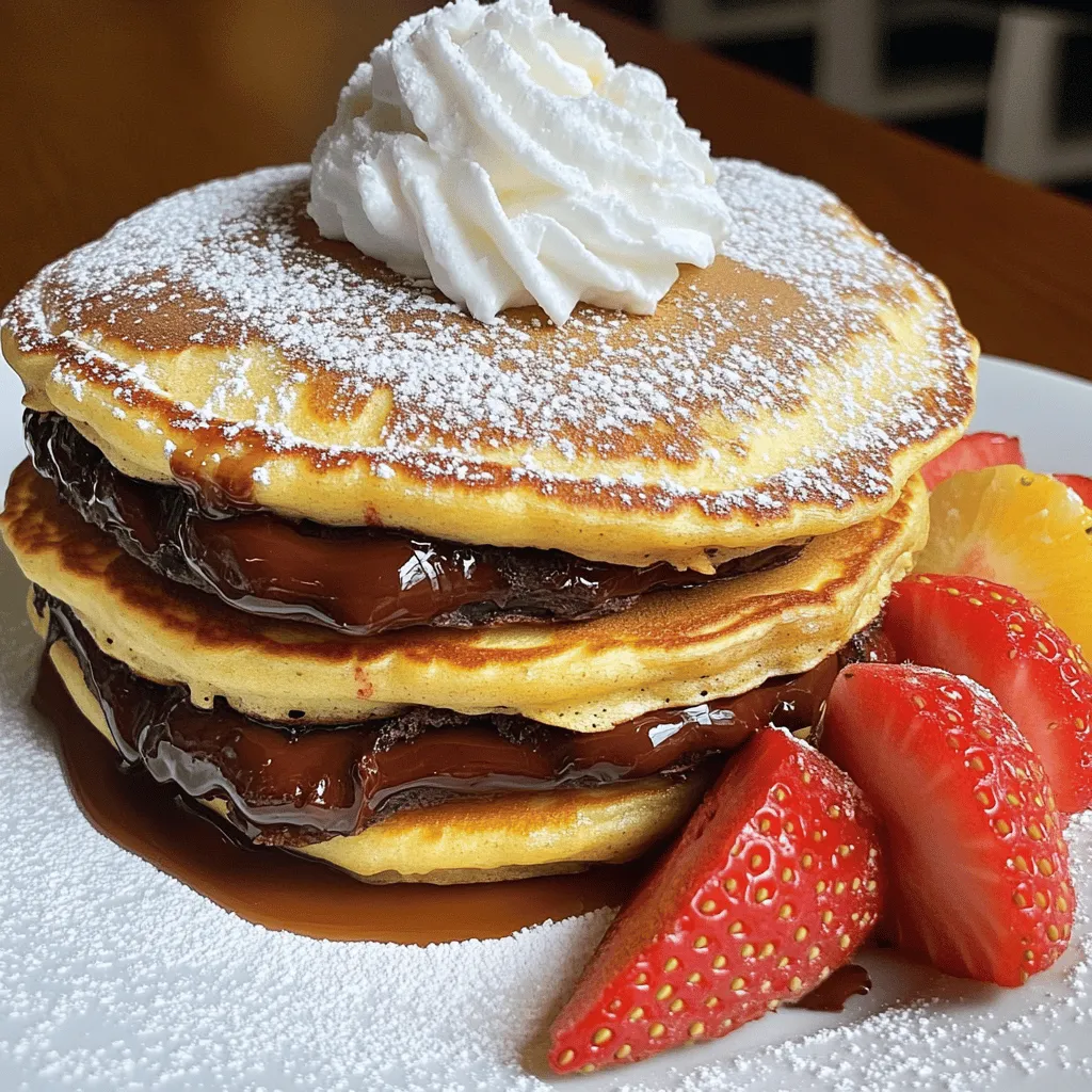 To create perfect Nutella stuffed pancakes, gather these simple ingredients: - 1 cup all-purpose flour - 2 tablespoons granulated sugar - 1 tablespoon baking powder - 1/2 teaspoon salt - 1 cup milk (preferably whole) - 1 large egg - 2 tablespoons unsalted butter, melted - 1/4 cup Nutella (plus extra if desired) - Oil or butter for greasing - Optional toppings (whipped cream, fresh strawberries) These ingredients are easy to find and work together to make a delicious breakfast. The flour and sugar give the pancakes their base, while baking powder helps them rise. The milk adds creaminess, and the egg binds everything together. Melted butter gives a rich flavor, and Nutella is the star of the show! You can get creative with toppings to make your pancakes even more special. Check out the Full Recipe for detailed instructions. In a large bowl, combine the all-purpose flour, granulated sugar, baking powder, and salt. Use a whisk to mix well. Keep whisking until no lumps remain. This step helps create a smooth batter for your pancakes. In another bowl, whisk together the milk, large egg, and melted unsalted butter. Mix until it is smooth. Gradually pour this wet mix into the dry ingredients. Stir gently until just combined. Don't worry about a few lumps; overmixing can make your pancakes tough. First, preheat your non-stick skillet over medium heat. Lightly grease it with oil or butter to prevent sticking. For each pancake, pour about 1/4 cup of batter onto the skillet. Cook for 1-2 minutes until small bubbles form on the surface. Next, carefully place about 1 tablespoon of Nutella in the center of the pancake. Quickly cover the Nutella with another tablespoon of batter. Make sure it is completely sealed. Cook for another 1-2 minutes until the edges turn golden brown. Gently flip the pancake and cook for an additional 1-2 minutes until both sides are golden brown. Continue this process with the remaining batter. Add more oil or butter to the skillet as needed. Serve the pancakes warm. You can add a swirl of whipped cream and some fresh strawberries for a bright touch. Enjoy the tasty treat you've made! For the full recipe, check out the complete instructions. To make the best Nutella stuffed pancakes, focus on your batter. Avoid overmixing it. This keeps the pancakes fluffy. Mix the dry and wet ingredients until they just come together. Some lumps are okay. The right batter should be thick but pourable. If it’s too thick, add a little milk. For even cooking, heat your skillet over medium heat. A good test is to sprinkle a drop of water on the skillet. If it dances, it’s ready. When you pour the batter, use about 1/4 cup for each pancake. Add the Nutella in the center while the pancake cooks. To flip without spilling the filling, use a wide spatula. Slide it under the pancake gently, then flip quickly. Make your pancakes look amazing! Stack them high, with the fluffiest ones on top. Drizzle chocolate syrup over the stack. Dust with powdered sugar for a sweet touch. Add a dollop of whipped cream and some fresh strawberries on the side. These small details make your breakfast indulgent and eye-catching. For the full recipe, check out the complete instructions to bring this dish to life! {{image_4}} You can switch up the filling to keep things fun. Try using peanut butter instead of Nutella. It gives a rich and creamy taste. You can also add chocolate chips for an extra chocolatey kick. If you want more flavor, add some fruits like bananas or strawberries. Nuts can also add a nice crunch. Just chop them up and sprinkle them in the filling. If you need gluten-free pancakes, use a gluten-free flour mix. This works well and keeps the pancakes soft. For a vegan option, swap the egg for a mashed banana or applesauce. You can use almond or oat milk instead of regular milk. These changes keep the taste great while fitting your diet. Want to add a twist? Mix in cocoa powder for chocolate-flavored pancakes. A teaspoon of vanilla extract can also enhance the taste. For a warm touch, add spices like cinnamon or nutmeg. These flavors blend nicely with the Nutella and make your pancakes unique. You can explore more ideas and options in the [Full Recipe]. To keep your Nutella stuffed pancakes fresh, store them in the fridge. Place the pancakes in an airtight container. This helps them stay soft and tasty. Make sure to layer parchment paper between each pancake. This prevents them from sticking together. If you want to freeze Nutella stuffed pancakes, wait until they cool. Then, wrap each pancake in plastic wrap. Place them in a freezer-safe bag. Remove as much air as possible. This keeps them fresh for up to three months. When you are ready to enjoy your pancakes again, there are a few ways to reheat them. You can use a microwave, oven, or skillet. - Microwave: Place one pancake on a microwave-safe plate. Heat for about 20-30 seconds. Check to see if it’s warm enough. If not, heat in 10-second bursts until warm. - Oven: Preheat your oven to 350°F (175°C). Lay pancakes on a baking sheet. Cover with foil to keep them moist. Heat for about 10 minutes. - Skillet: Heat a non-stick skillet over low heat. Add a little butter to the pan. Place pancakes in the skillet and cover. Heat for a few minutes on each side until warm. To keep your pancakes tasting great, avoid overheating. This can make them tough. Enjoy your warm, Nutella-filled pancakes just like they were made fresh! To stop Nutella from leaking, seal it well. After pouring the batter, add a spoonful of Nutella in the center. Quickly cover it with more batter. Ensure it’s fully covered before flipping. This keeps the filling inside while cooking. You can also press the edges slightly with a spatula to seal better. Yes, you can prep these pancakes early. Mix the batter the night before and store it in the fridge. Just remember to give it a good stir before you cook. You can also cook the pancakes ahead. Let them cool and store them in an airtight container. They can last in the fridge for up to three days. Pair these pancakes with fresh fruit like strawberries or bananas. They also go great with whipped cream or a scoop of ice cream. For drinks, try hot chocolate or coffee. You could even serve them with a fruit smoothie for a fun twist. Check out the Full Recipe for more serving ideas! Making Nutella stuffed pancakes is fun and easy. We covered the key ingredients, mixing steps, and cooking methods. I shared tips to perfect your batter and cooking technique. You can try different fillings and dietary options, making these pancakes your own. Store leftovers properly to enjoy later. Keep experimenting with flavors and toppings to make breakfast exciting. Nutella stuffed pancakes can be your go-to treat for any meal! Enjoy your cooking adventure!