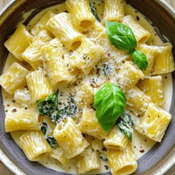 To make Creamy Rigatoni Delight, gather the following items: - 12 ounces rigatoni pasta - 2 tablespoons olive oil - 1 small onion, finely chopped - 3 cloves garlic, minced - 1 cup heavy cream - 1 cup grated Parmesan cheese - 1 cup baby spinach, roughly chopped - 1 teaspoon garlic powder - 1 teaspoon Italian seasoning - Salt and black pepper, to taste - 1/2 teaspoon crushed red pepper flakes (optional) - Fresh basil leaves, for garnish You can swap some ingredients if needed. Here are some ideas: - Rigatoni: Use penne or fusilli instead. - Heavy cream: Try half-and-half or coconut cream for a lighter option. - Parmesan cheese: Grated Pecorino Romano works well too. - Baby spinach: Kale or arugula can be a good substitute. - Olive oil: Any neutral oil, like canola or grapeseed, works fine. For this recipe, you will need: - A large pot for boiling pasta - A colander for draining - A spacious skillet for the sauce - A wooden spoon or spatula for stirring - Measuring cups and spoons for accuracy - A whisk to mix the sauce smoothly These ingredients and tools will help you create the perfect Creamy Rigatoni Delight. Enjoy your cooking! First, bring a big pot of salted water to a boil. This salty water helps flavor the pasta. Add 12 ounces of rigatoni and cook it for about 10-12 minutes. You want it to be al dente, which means it should still have a bite. Before draining, save 1 cup of the starchy water. Drain the pasta in a colander and set it aside. In a large skillet, heat 2 tablespoons of olive oil over medium heat. When the oil is hot, add 1 small chopped onion. Cook the onion for about 4-5 minutes until it’s soft and clear. Then, add 3 minced garlic cloves. Stir it for another minute. Be careful not to burn the garlic, as it can taste bitter. Now, lower the heat to a gentle simmer. Pour in 1 cup of heavy cream while stirring. Slowly add 1 cup of grated Parmesan cheese, 1 teaspoon of garlic powder, and 1 teaspoon of Italian seasoning. Sprinkle in a pinch of salt and black pepper. Whisk this mixture until it’s smooth and creamy. If it’s too thick, add the reserved pasta water one tablespoon at a time until it’s just right. Gently fold in the cooked rigatoni and 1 cup of roughly chopped baby spinach into the creamy sauce. Toss everything together until the pasta and spinach are well coated. Let it cook for another 2-3 minutes to warm through and wilt the spinach. Taste and adjust seasoning with more salt, pepper, or red pepper flakes if you like a little heat. Once everything is mixed, take the skillet off the heat. Let the dish rest for a minute. Serve the creamy rigatoni in bowls. Garnish with fresh basil leaves and a sprinkle of crushed red pepper flakes for extra kick, if desired. For a great meal, pair it with garlic bread and a green salad. For the full details, check out the Full Recipe. To get that perfect creamy texture, start with high-quality heavy cream. This cream gives richness. When you add the cheese, do it slowly. Stir as you go. If the sauce is too thick, use the pasta water you saved. This starchy water helps to loosen the sauce. Always whisk well to mix everything smoothly. You can boost the flavor of your creamy rigatoni with extra ingredients. Try adding sautéed mushrooms for umami. Sun-dried tomatoes add a sweet and tangy twist. If you like heat, toss in some crushed red pepper flakes. Fresh herbs like parsley or thyme also add freshness. You can even mix in cooked chicken or shrimp for protein. For a beautiful presentation, use shallow bowls. Drizzle a little olive oil on top. This adds shine and flavor. A sprinkle of extra Parmesan cheese makes it look fancy. Add fresh basil leaves for color and aroma. Serve with garlic bread and a green salad for a complete meal. Each bite will impress your guests! You can find the full recipe to guide you through making this delightful dish. {{image_4}} You can make creamy rigatoni even better by adding proteins. Chicken is a great choice. Use grilled or sautéed chicken breast for a juicy bite. Shrimp adds a nice touch too. Sauté shrimp in the same pan as your garlic for extra flavor. If you love sausage, try Italian sausage. Cook it and crumble it before mixing it into the sauce. Each protein gives a new spin to the dish. To make this dish vegetarian, skip the meat and add more veggies. Try mushrooms, zucchini, or bell peppers. They add great taste and texture. For a vegan option, replace heavy cream with coconut milk or cashew cream. Use nutritional yeast instead of Parmesan cheese for that cheesy flavor. This way, you keep the dish creamy and rich without dairy. Changing herbs and spices can change the whole flavor. Basil and oregano are classic, but you can try fresh thyme or rosemary. They bring unique tastes to the sauce. For a kick, add crushed red pepper flakes or smoked paprika. This adds warmth and depth. Experimenting with flavors keeps the dish exciting each time you make it. For the full recipe, check the details above. After you enjoy your creamy rigatoni delight, store any leftovers in an airtight container. Let the dish cool down first, then place it in the fridge. It will stay fresh for up to three days. If you want to keep it longer, freezing is a great option. To reheat your creamy rigatoni, use a skillet over low heat. Add a splash of water or cream to keep it from drying out. Stir often until it warms through. You can also use the microwave. Heat in short bursts, stirring in between, until hot. If you want to freeze your creamy rigatoni, do so without the spinach. Spinach can get mushy when thawed. Pack the pasta in a freezer-safe container. It will last for up to two months. When ready to eat, thaw it in the fridge overnight and reheat as mentioned. Follow the Full Recipe for more details on making this delicious dish! Yes, you can use various pasta types. Penne, fusilli, or farfalle work great. They hold sauce well. Just make sure to adjust the cooking time based on the pasta you choose. To add heat, include crushed red pepper flakes. Start with a half teaspoon. You can also use fresh diced jalapeños for more kick. Mix them in when cooking the garlic. Creamy rigatoni pairs well with garlic bread and a green salad. You can also add grilled chicken, shrimp, or a side of roasted vegetables for a balanced meal. To lighten the dish, swap heavy cream for half-and-half or use a plant-based cream. You can also reduce cheese or add more veggies. This keeps the dish creamy without too many calories. Yes, creamy rigatoni reheats nicely. Just add a splash of water or broth to keep it creamy. Heat on low in a pan or microwave until warmed through. It tastes almost as good as fresh! This blog post covered the essential steps to make creamy rigatoni. We explored key ingredients and tasty substitutions. I shared tips to achieve the perfect texture and enhance flavors. You learned about different variations and how to store leftovers safely. Remember, cooking is about creativity and enjoying the process. Don’t be afraid to try new things. With these tips, you can create a dish that suits your taste perfectly. Happy cooking!