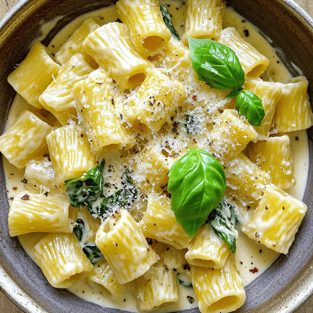 To make Creamy Rigatoni Delight, gather the following items: - 12 ounces rigatoni pasta - 2 tablespoons olive oil - 1 small onion, finely chopped - 3 cloves garlic, minced - 1 cup heavy cream - 1 cup grated Parmesan cheese - 1 cup baby spinach, roughly chopped - 1 teaspoon garlic powder - 1 teaspoon Italian seasoning - Salt and black pepper, to taste - 1/2 teaspoon crushed red pepper flakes (optional) - Fresh basil leaves, for garnish You can swap some ingredients if needed. Here are some ideas: - Rigatoni: Use penne or fusilli instead. - Heavy cream: Try half-and-half or coconut cream for a lighter option. - Parmesan cheese: Grated Pecorino Romano works well too. - Baby spinach: Kale or arugula can be a good substitute. - Olive oil: Any neutral oil, like canola or grapeseed, works fine. For this recipe, you will need: - A large pot for boiling pasta - A colander for draining - A spacious skillet for the sauce - A wooden spoon or spatula for stirring - Measuring cups and spoons for accuracy - A whisk to mix the sauce smoothly These ingredients and tools will help you create the perfect Creamy Rigatoni Delight. Enjoy your cooking! First, bring a big pot of salted water to a boil. This salty water helps flavor the pasta. Add 12 ounces of rigatoni and cook it for about 10-12 minutes. You want it to be al dente, which means it should still have a bite. Before draining, save 1 cup of the starchy water. Drain the pasta in a colander and set it aside. In a large skillet, heat 2 tablespoons of olive oil over medium heat. When the oil is hot, add 1 small chopped onion. Cook the onion for about 4-5 minutes until it’s soft and clear. Then, add 3 minced garlic cloves. Stir it for another minute. Be careful not to burn the garlic, as it can taste bitter. Now, lower the heat to a gentle simmer. Pour in 1 cup of heavy cream while stirring. Slowly add 1 cup of grated Parmesan cheese, 1 teaspoon of garlic powder, and 1 teaspoon of Italian seasoning. Sprinkle in a pinch of salt and black pepper. Whisk this mixture until it’s smooth and creamy. If it’s too thick, add the reserved pasta water one tablespoon at a time until it’s just right. Gently fold in the cooked rigatoni and 1 cup of roughly chopped baby spinach into the creamy sauce. Toss everything together until the pasta and spinach are well coated. Let it cook for another 2-3 minutes to warm through and wilt the spinach. Taste and adjust seasoning with more salt, pepper, or red pepper flakes if you like a little heat. Once everything is mixed, take the skillet off the heat. Let the dish rest for a minute. Serve the creamy rigatoni in bowls. Garnish with fresh basil leaves and a sprinkle of crushed red pepper flakes for extra kick, if desired. For a great meal, pair it with garlic bread and a green salad. For the full details, check out the Full Recipe. To get that perfect creamy texture, start with high-quality heavy cream. This cream gives richness. When you add the cheese, do it slowly. Stir as you go. If the sauce is too thick, use the pasta water you saved. This starchy water helps to loosen the sauce. Always whisk well to mix everything smoothly. You can boost the flavor of your creamy rigatoni with extra ingredients. Try adding sautéed mushrooms for umami. Sun-dried tomatoes add a sweet and tangy twist. If you like heat, toss in some crushed red pepper flakes. Fresh herbs like parsley or thyme also add freshness. You can even mix in cooked chicken or shrimp for protein. For a beautiful presentation, use shallow bowls. Drizzle a little olive oil on top. This adds shine and flavor. A sprinkle of extra Parmesan cheese makes it look fancy. Add fresh basil leaves for color and aroma. Serve with garlic bread and a green salad for a complete meal. Each bite will impress your guests! You can find the full recipe to guide you through making this delightful dish. {{image_4}} You can make creamy rigatoni even better by adding proteins. Chicken is a great choice. Use grilled or sautéed chicken breast for a juicy bite. Shrimp adds a nice touch too. Sauté shrimp in the same pan as your garlic for extra flavor. If you love sausage, try Italian sausage. Cook it and crumble it before mixing it into the sauce. Each protein gives a new spin to the dish. To make this dish vegetarian, skip the meat and add more veggies. Try mushrooms, zucchini, or bell peppers. They add great taste and texture. For a vegan option, replace heavy cream with coconut milk or cashew cream. Use nutritional yeast instead of Parmesan cheese for that cheesy flavor. This way, you keep the dish creamy and rich without dairy. Changing herbs and spices can change the whole flavor. Basil and oregano are classic, but you can try fresh thyme or rosemary. They bring unique tastes to the sauce. For a kick, add crushed red pepper flakes or smoked paprika. This adds warmth and depth. Experimenting with flavors keeps the dish exciting each time you make it. For the full recipe, check the details above. After you enjoy your creamy rigatoni delight, store any leftovers in an airtight container. Let the dish cool down first, then place it in the fridge. It will stay fresh for up to three days. If you want to keep it longer, freezing is a great option. To reheat your creamy rigatoni, use a skillet over low heat. Add a splash of water or cream to keep it from drying out. Stir often until it warms through. You can also use the microwave. Heat in short bursts, stirring in between, until hot. If you want to freeze your creamy rigatoni, do so without the spinach. Spinach can get mushy when thawed. Pack the pasta in a freezer-safe container. It will last for up to two months. When ready to eat, thaw it in the fridge overnight and reheat as mentioned. Follow the Full Recipe for more details on making this delicious dish! Yes, you can use various pasta types. Penne, fusilli, or farfalle work great. They hold sauce well. Just make sure to adjust the cooking time based on the pasta you choose. To add heat, include crushed red pepper flakes. Start with a half teaspoon. You can also use fresh diced jalapeños for more kick. Mix them in when cooking the garlic. Creamy rigatoni pairs well with garlic bread and a green salad. You can also add grilled chicken, shrimp, or a side of roasted vegetables for a balanced meal. To lighten the dish, swap heavy cream for half-and-half or use a plant-based cream. You can also reduce cheese or add more veggies. This keeps the dish creamy without too many calories. Yes, creamy rigatoni reheats nicely. Just add a splash of water or broth to keep it creamy. Heat on low in a pan or microwave until warmed through. It tastes almost as good as fresh! This blog post covered the essential steps to make creamy rigatoni. We explored key ingredients and tasty substitutions. I shared tips to achieve the perfect texture and enhance flavors. You learned about different variations and how to store leftovers safely. Remember, cooking is about creativity and enjoying the process. Don’t be afraid to try new things. With these tips, you can create a dish that suits your taste perfectly. Happy cooking!