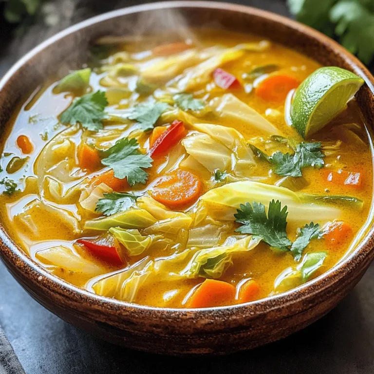- 1 medium green cabbage, chopped into bite-sized pieces - 1 large onion, diced finely - 3 cloves garlic, minced - 1-inch piece of fresh ginger, peeled and grated - 1 teaspoon ground turmeric - 1 teaspoon ground cumin - 1 teaspoon ground coriander - ½ teaspoon smoked paprika - 6 cups vegetable broth (preferably low-sodium) - 2 medium carrots, sliced into rounds - 1 red bell pepper, diced into small pieces - 1 cup cooked chickpeas (canned, rinsed, and drained or pre-cooked) When I make this soup, I love using fresh, vibrant ingredients. The green cabbage forms the base, giving the soup a hearty feel. The diced onion adds sweetness, while minced garlic and fresh ginger bring warmth and depth. Spices are key in this recipe. Ground turmeric is the star, known for its bright color and health benefits. Ground cumin and coriander add earthy notes. Finally, smoked paprika gives a subtle smokiness, making each bite delightful. For the broth, I recommend low-sodium vegetable broth. It keeps flavors rich without being too salty. The sliced carrots and diced bell pepper add crunch and sweetness. Chickpeas boost protein, making this soup filling. You can find the Full Recipe to prepare this nourishing dish. Enjoy the process of cooking and savor the delicious flavors that come together so beautifully! - Sautéing the onion Start by heating olive oil in a large soup pot over medium heat. Once the oil shimmers, add the diced onion. Cook the onion for about 5 minutes. Stir often until it becomes soft and clear. - Adding garlic and ginger Next, add the minced garlic and grated ginger. Cook for 2 more minutes. Stir frequently to keep it from burning. You want the kitchen to smell amazing! - Toasting spices Now it’s time to add flavor! Sprinkle in ground turmeric, cumin, coriander, and smoked paprika. Stir the spices for about 1 minute. This toasting brings out their best flavor. - Combining vegetables Toss in the chopped cabbage, sliced carrots, and diced red bell pepper. Stir well to ensure all veggies get coated in those spices. This adds color and taste to your soup. - Simmering with broth Pour in the vegetable broth and crank up the heat. Bring the mix to a full boil. Then reduce the heat to low and cover the pot. Let it simmer for about 25 minutes, or until the veggies are tender. - Adding chickpeas After the veggies are cooked, stir in the cooked chickpeas. This adds protein and makes the soup hearty. - Seasoning soup Season your soup with salt and pepper to taste. Let it simmer for an extra 5 minutes to warm the chickpeas through. - Incorporating lime juice Just before you serve, squeeze in the juice of one lime. This adds a fresh zing to your soup. Stir everything well to mix the flavors. Now you have a delicious Anti-Inflammatory Turmeric Cabbage Soup ready to enjoy! For the complete recipe, check out the Full Recipe. To boost the flavor of your soup, try adjusting the spices. If you love heat, add a pinch of cayenne pepper. For a deeper taste, increase the turmeric. Fresh herbs can make a big difference too. I often use cilantro or parsley as a garnish. They add color and a fresh taste. Simmering time is key to making the soup taste great. Letting it simmer for 25 minutes allows the flavors to blend well. You can choose between stovetop or slow cooker methods. If you use a slow cooker, set it for 6-8 hours on low. Both methods create rich flavors but may vary in texture. This soup pairs nicely with crusty bread. You can also serve it with a light salad on the side. For the best presentation, add garnishes right before serving. A sprinkle of cilantro or parsley adds a pop of color. A lime wedge on the side gives an extra zing. Enjoy your meal! {{image_4}} You can change up the veggies in this soup. Try using: - Kale or collard greens for a heartier texture. - Zucchini for a lighter flavor. - Sweet potato for added sweetness. For protein, consider: - Tofu or tempeh for a plant-based option. - Chicken or turkey for a meatier version. This soup is easy to make gluten-free. Just use gluten-free broth and check your spices. You have choices for vegan or vegetarian versions. The recipe is already vegan since it uses vegetable broth and no animal products. To add heat, try: - A pinch of cayenne pepper. - Sliced jalapeños for a fresh kick. You can also mix in other herbs like: - Basil for a sweet touch. - Thyme for an earthy flavor. Check out the Full Recipe for more details on making this delicious anti-inflammatory turmeric cabbage soup! To store the leftover Anti-Inflammatory Turmeric Cabbage Soup, let it cool first. Then, transfer it into an airtight container. This keeps the soup fresh and safe. It lasts in the fridge for about 4 to 5 days. If you notice any odd smells or colors, it’s best to toss it out. If you want to save the soup for later, you can freeze it. Pour the cooled soup into freezer-safe containers. Leave some space at the top for expansion. The soup can stay good in the freezer for about 2 to 3 months. When you’re ready to eat it, take it out and thaw it overnight in the fridge. To reheat, warm it gently on the stove or in the microwave until hot. The best containers for storage are glass or BPA-free plastic. These help keep the soup fresh. For easy meals, portion the soup into single servings. This way, you can grab just what you need when hunger strikes. Enjoy your soup anytime with these simple storage tips! Turmeric has strong anti-inflammatory properties. It helps reduce swelling and pain. Cabbage is rich in vitamins. It supports digestion and boosts your immune system. Together, they make a great duo for health. Yes, you can use red or savoy cabbage. Red cabbage adds color and a bit of sweetness. Savoy cabbage has a softer texture. Both will work well in this soup. To thicken the soup, you can add pureed vegetables. Cooked legumes like lentils also help. Simply blend some of the soup and stir it back in. This adds body and creaminess. This recipe is perfect for meal prep. You can make it ahead of time and store it. It lasts in the fridge for about five days. Reheat on the stove or in the microwave. Enjoy your homemade soup anytime! For the full recipe, check out the ingredients and steps above. This soup recipe combines healthy ingredients like cabbage, carrots, and chickpeas. We discussed preparation steps, cooking techniques, and tips for the best flavor. You can even customize it to fit your taste or dietary needs. Remember, storing leftovers properly will help maintain freshness. Enjoy the health benefits and warmth this soup brings. You’re now ready to create a delicious dish that delights any palate.