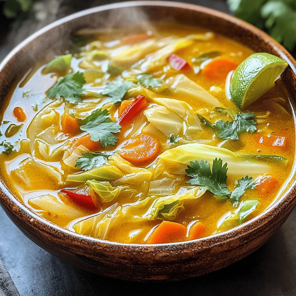 - 1 medium green cabbage, chopped into bite-sized pieces - 1 large onion, diced finely - 3 cloves garlic, minced - 1-inch piece of fresh ginger, peeled and grated - 1 teaspoon ground turmeric - 1 teaspoon ground cumin - 1 teaspoon ground coriander - ½ teaspoon smoked paprika - 6 cups vegetable broth (preferably low-sodium) - 2 medium carrots, sliced into rounds - 1 red bell pepper, diced into small pieces - 1 cup cooked chickpeas (canned, rinsed, and drained or pre-cooked) When I make this soup, I love using fresh, vibrant ingredients. The green cabbage forms the base, giving the soup a hearty feel. The diced onion adds sweetness, while minced garlic and fresh ginger bring warmth and depth. Spices are key in this recipe. Ground turmeric is the star, known for its bright color and health benefits. Ground cumin and coriander add earthy notes. Finally, smoked paprika gives a subtle smokiness, making each bite delightful. For the broth, I recommend low-sodium vegetable broth. It keeps flavors rich without being too salty. The sliced carrots and diced bell pepper add crunch and sweetness. Chickpeas boost protein, making this soup filling. You can find the Full Recipe to prepare this nourishing dish. Enjoy the process of cooking and savor the delicious flavors that come together so beautifully! - Sautéing the onion Start by heating olive oil in a large soup pot over medium heat. Once the oil shimmers, add the diced onion. Cook the onion for about 5 minutes. Stir often until it becomes soft and clear. - Adding garlic and ginger Next, add the minced garlic and grated ginger. Cook for 2 more minutes. Stir frequently to keep it from burning. You want the kitchen to smell amazing! - Toasting spices Now it’s time to add flavor! Sprinkle in ground turmeric, cumin, coriander, and smoked paprika. Stir the spices for about 1 minute. This toasting brings out their best flavor. - Combining vegetables Toss in the chopped cabbage, sliced carrots, and diced red bell pepper. Stir well to ensure all veggies get coated in those spices. This adds color and taste to your soup. - Simmering with broth Pour in the vegetable broth and crank up the heat. Bring the mix to a full boil. Then reduce the heat to low and cover the pot. Let it simmer for about 25 minutes, or until the veggies are tender. - Adding chickpeas After the veggies are cooked, stir in the cooked chickpeas. This adds protein and makes the soup hearty. - Seasoning soup Season your soup with salt and pepper to taste. Let it simmer for an extra 5 minutes to warm the chickpeas through. - Incorporating lime juice Just before you serve, squeeze in the juice of one lime. This adds a fresh zing to your soup. Stir everything well to mix the flavors. Now you have a delicious Anti-Inflammatory Turmeric Cabbage Soup ready to enjoy! For the complete recipe, check out the Full Recipe. To boost the flavor of your soup, try adjusting the spices. If you love heat, add a pinch of cayenne pepper. For a deeper taste, increase the turmeric. Fresh herbs can make a big difference too. I often use cilantro or parsley as a garnish. They add color and a fresh taste. Simmering time is key to making the soup taste great. Letting it simmer for 25 minutes allows the flavors to blend well. You can choose between stovetop or slow cooker methods. If you use a slow cooker, set it for 6-8 hours on low. Both methods create rich flavors but may vary in texture. This soup pairs nicely with crusty bread. You can also serve it with a light salad on the side. For the best presentation, add garnishes right before serving. A sprinkle of cilantro or parsley adds a pop of color. A lime wedge on the side gives an extra zing. Enjoy your meal! {{image_4}} You can change up the veggies in this soup. Try using: - Kale or collard greens for a heartier texture. - Zucchini for a lighter flavor. - Sweet potato for added sweetness. For protein, consider: - Tofu or tempeh for a plant-based option. - Chicken or turkey for a meatier version. This soup is easy to make gluten-free. Just use gluten-free broth and check your spices. You have choices for vegan or vegetarian versions. The recipe is already vegan since it uses vegetable broth and no animal products. To add heat, try: - A pinch of cayenne pepper. - Sliced jalapeños for a fresh kick. You can also mix in other herbs like: - Basil for a sweet touch. - Thyme for an earthy flavor. Check out the Full Recipe for more details on making this delicious anti-inflammatory turmeric cabbage soup! To store the leftover Anti-Inflammatory Turmeric Cabbage Soup, let it cool first. Then, transfer it into an airtight container. This keeps the soup fresh and safe. It lasts in the fridge for about 4 to 5 days. If you notice any odd smells or colors, it’s best to toss it out. If you want to save the soup for later, you can freeze it. Pour the cooled soup into freezer-safe containers. Leave some space at the top for expansion. The soup can stay good in the freezer for about 2 to 3 months. When you’re ready to eat it, take it out and thaw it overnight in the fridge. To reheat, warm it gently on the stove or in the microwave until hot. The best containers for storage are glass or BPA-free plastic. These help keep the soup fresh. For easy meals, portion the soup into single servings. This way, you can grab just what you need when hunger strikes. Enjoy your soup anytime with these simple storage tips! Turmeric has strong anti-inflammatory properties. It helps reduce swelling and pain. Cabbage is rich in vitamins. It supports digestion and boosts your immune system. Together, they make a great duo for health. Yes, you can use red or savoy cabbage. Red cabbage adds color and a bit of sweetness. Savoy cabbage has a softer texture. Both will work well in this soup. To thicken the soup, you can add pureed vegetables. Cooked legumes like lentils also help. Simply blend some of the soup and stir it back in. This adds body and creaminess. This recipe is perfect for meal prep. You can make it ahead of time and store it. It lasts in the fridge for about five days. Reheat on the stove or in the microwave. Enjoy your homemade soup anytime! For the full recipe, check out the ingredients and steps above. This soup recipe combines healthy ingredients like cabbage, carrots, and chickpeas. We discussed preparation steps, cooking techniques, and tips for the best flavor. You can even customize it to fit your taste or dietary needs. Remember, storing leftovers properly will help maintain freshness. Enjoy the health benefits and warmth this soup brings. You’re now ready to create a delicious dish that delights any palate.