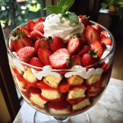 Use 2 cups of fresh strawberries for this dessert. Make sure to hull and slice them. This step helps the berries soak up flavor. Toss the strawberries with 1/4 cup of granulated sugar. This creates a sweet syrup that enhances their taste. Let them sit for about 15 to 20 minutes to macerate. This step draws out the juices and makes them even tastier. You need 2 cups of pound cake cut into bite-sized cubes. The pound cake adds a rich and buttery flavor. You can use store-bought or homemade cake. If you want to make it special, try flavored pound cakes like lemon or almond. These will add a unique twist to your trifle. For the cream, use 2 cups of heavy whipping cream. This will create the fluffy layers. Add 1/4 cup of powdered sugar to sweeten it. Also, mix in 1 teaspoon of vanilla extract for flavor. Beat the cream until soft peaks form. Be careful not to overbeat; you want it fluffy and light, not stiff. This combination of ingredients makes the trifle light, sweet, and delicious. For the full recipe, check out the details above. First, you need to prepare the strawberries. In a medium bowl, mix the sliced strawberries with granulated sugar. Toss them gently to coat. Let the strawberries sit for 15-20 minutes. This process is called maceration. It helps draw out their sweet juices. The result is a delicious syrup that adds flavor to your trifle. While the strawberries macerate, let’s make the whipped cream. In a large mixing bowl, add the heavy whipping cream, powdered sugar, and one teaspoon of vanilla extract. Use an electric mixer to beat the mixture. Do this on medium-high speed until soft peaks form. Be careful not to overbeat. You want it creamy and smooth, not grainy. Now comes the fun part—layering! You can use a large trifle bowl or individual glasses. Start with half of the pound cake cubes. Place them evenly at the bottom. Next, spoon a generous amount of the macerated strawberries and their juices over the cake. Then, add a layer of whipped cream, spreading it evenly. Repeat this process with the remaining pound cake, strawberries, and whipped cream. Finish with a dollop of whipped cream on top. You can garnish with fresh mint leaves for a nice touch. To get the best flavor, chill the trifle for at least 30 minutes before you serve it. This waiting time helps all the layers blend together. Enjoy your delightful dessert! For the complete recipe, check the Full Recipe section. To make the best whipped cream, start with cold tools. Use a chilled bowl and beaters. This helps the cream whip faster. Pour in the heavy cream, powdered sugar, and vanilla. Beat on medium-high until soft peaks form. Stop before it gets too thick. You want it fluffy, not grainy. Layering is key to a great trifle. Start with cake at the bottom. Add strawberries next, followed by whipped cream. Repeat this process. Make sure each layer is even. This keeps the trifle looking neat and beautiful. Use a clear bowl to show off your layers. Serve the trifle cold. Chill it for at least 30 minutes. This makes the flavors blend well. You can serve it right after making or store it for later. Just remember, the longer it sits, the softer the cake gets. Enjoy your dessert fresh for the best taste! For the complete recipe, check the Full Recipe section. {{image_4}} You can switch up the fruit in your trifle to match your taste. Try peaches, blueberries, or raspberries. Each fruit brings a new flavor to the dish. Blueberries add a lovely burst of color. Peaches give a sweet, juicy bite. Raspberries add a nice tartness that balances the cream. While pound cake is a classic, you can use other cakes too. Angel food cake adds a light texture. Biscotti offers a crunchy twist. You can even use brownies for a rich, chocolatey flavor. Each option changes the trifle's taste and feel, so have fun experimenting. The whipped cream can be flavored to suit your mood. Add a splash of almond extract for a nutty twist. A bit of cocoa powder gives it a chocolate kick. You can even fold in lemon zest for a refreshing zing. These small changes can create a whole new dessert experience. For more ideas and inspiration, check the Full Recipe. Store the strawberry shortcake trifle in an airtight container. This keeps it fresh and tasty. If you use individual cups, cover them tightly with plastic wrap. Make sure the trifle is well-sealed to avoid any strong fridge smells. In the fridge, the trifle stays good for about three days. After that, the cake may soak too much juice and get soggy. If you plan to enjoy it later, eat it within this time for the best taste and texture. Freezing a trifle is not ideal, as the cream and fruit can change in texture. If you must freeze it, try to freeze only the cake layer. Wrap it well in plastic wrap and foil. When you're ready, thaw it in the fridge. Then, add fresh cream and strawberries before serving. This helps keep the flavors fresh. For the full recipe, visit the link provided. Yes, you can make this trifle a day ahead. Just layer all the ingredients as you normally would. Chill it in the fridge. This allows the flavors to blend well. The longer it sits, the better it tastes. Just be sure to add the fresh mint right before serving to keep it fresh. To keep your cake from getting soggy, use day-old pound cake. Fresh cake absorbs more moisture. You can also lightly toast the cake cubes in the oven. This step adds a nice texture. When layering, avoid pouring too much strawberry juice on the cake. Just spoon some over the top. If you need a substitute for heavy cream, use coconut cream. It works well and adds a nice flavor. Silken tofu blended with a bit of milk is another option. For a lighter choice, use Greek yogurt mixed with a little milk. Each option gives you a creamy texture while being delicious. For the complete details on making this delightful dessert, check the Full Recipe. In this article, we explored how to make a delicious trifle. We covered the key ingredients: fresh strawberries, pound cake, and whipped cream. You learned the steps to macerate strawberries, prepare whipped cream, and layer the trifle. We shared tips on getting the cream just right and avoiding soggy cake. Lastly, we discussed variations, storage tips, and answered common questions about making the trifle ahead of time. Now you have everything you need to create a perfect trifle. Enjoy your sweet treat!