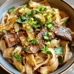 To make Garlic Butter Steak Noodles, gather these simple ingredients: - 8 oz. wide rice noodles - 1 lb. sirloin steak, thinly sliced - 4 tablespoons unsalted butter - 6 cloves garlic, minced - 2 tablespoons soy sauce - 1 tablespoon oyster sauce - 2 green onions, chopped - 1 tablespoon fresh ginger, minced - 1 teaspoon red pepper flakes (optional, for a touch of heat) - Salt and pepper to taste - Fresh cilantro for garnish (optional) Garlic and butter are the stars of this dish. They create a rich and savory base. The garlic adds a strong, aromatic flavor, while the butter gives it a creamy texture. Sirloin steak brings a juicy, meaty taste that pairs perfectly with the noodles. Soy sauce and oyster sauce add depth and umami, making every bite satisfying. Ginger brings a bit of warmth, and green onions add a fresh crunch. To boost the taste, consider adding these optional ingredients: - Red pepper flakes for heat - More vegetables like bell peppers or broccoli for color and nutrition - A squeeze of lime juice for brightness - Sesame oil for a nutty flavor These additions can customize your dish and enhance its taste. To start, soak 8 ounces of wide rice noodles in hot water. Leave them in the water for about 20 minutes. This step is key to ensuring the noodles are soft and ready to eat. Once they are tender, drain the noodles and set them aside. While the noodles are soaking, let's focus on the sirloin steak. Take 1 pound of thinly sliced sirloin steak and season it with salt and pepper. This simple seasoning will bring out the rich flavor of the meat. Heat a large skillet over medium-high heat. Add 2 tablespoons of unsalted butter and let it melt. Once the butter bubbles, add the seasoned steak. Cook the steak for 2-3 minutes on each side. You want it nicely browned. Once done, place the steak on a plate and cover it with foil to keep it warm. Now, it’s time to add some flavor. In the same skillet, add the remaining 2 tablespoons of butter. Next, toss in 6 cloves of minced garlic, 1 tablespoon of minced fresh ginger, and optional red pepper flakes. Sauté these ingredients for about 1 minute. You want to smell the rich aroma, but watch out! Don’t let the garlic burn. This mix will make your dish pop with flavor. You now have a great base for your Garlic Butter Steak Noodles. Check out the Full Recipe for the final steps! First, I soak the wide rice noodles in hot water. This makes them soft and ready to use. After about 20 minutes, I drain the noodles. In a skillet, I melt two tablespoons of unsalted butter. Once it sizzles, I add minced garlic and ginger. The smell fills the kitchen! I stir in the soaked noodles, coating them with the garlic butter. This step adds rich flavor to the dish. Next, I pour in two tablespoons of soy sauce and one tablespoon of oyster sauce. These sauces bring a savory depth to the noodles. I toss everything together, ensuring the noodles soak up the sauce. As I stir-fry for 2-3 minutes, the noodles heat through. The mixture becomes a beautiful blend of flavors. This is where the magic happens! Now, it’s time to bring back the cooked steak. I add the tender slices along with chopped green onions. Gently, I toss everything to mix well. I taste the dish and adjust the salt and pepper if needed. The final result is a delightful meal, full of flavor and color. I serve it hot, garnished with fresh cilantro for extra flair. For the full recipe, check out the details provided above. {{image_4}} To cook the steak just right, start with thin slices. This helps it cook fast. Season it with salt and pepper before cooking. Use a hot skillet to sear the meat. I recommend using two tablespoons of butter for flavor. Cook it for about 2-3 minutes on each side. Look for a nice brown color. This ensures a juicy steak. Always cover it with foil after cooking to keep it warm. Soak the wide rice noodles in hot water for 20 minutes. This step helps them become soft but not mushy. Drain them well before adding to the skillet. Stir them gently with the garlic butter. This prevents them from sticking and overcooking. It’s important to keep them moving in the pan. If you let them sit too long, they may break apart. For the best flavor, taste your dish as you cook. Adjust salt and pepper to your liking. Adding soy sauce and oyster sauce brings depth. These sauces enhance the umami taste of the dish. Don't forget the fresh ginger and garlic. They add a wonderful aroma and flavor. Green onions give a fresh crunch at the end. Use them generously for a vibrant finish. For the full recipe, check out the Garlic Butter Steak Noodles 🧄. You can easily add veggies to your Garlic Butter Steak Noodles. Vegetables boost flavor and nutrition. Try adding: - Bell peppers, sliced thin - Broccoli florets - Snap peas - Carrots, julienned Add these when you sauté the garlic and ginger. This way, they cook quickly and stay crunchy. You’ll get a colorful dish full of health. If you want a different protein, use chicken or tofu. For chicken, use boneless thighs or breasts. Slice them thin, just like the steak. For tofu, press it first to remove water. Cut it into cubes and pan-fry until golden. Both options work well with the garlic butter sauce. Do you like spice? You can turn up the heat easily. Add more red pepper flakes to the garlic butter. Another option is sliced fresh chili peppers. You can also add a splash of hot sauce just before serving. This will make your dish exciting and packed with flavor. To keep your Garlic Butter Steak Noodles fresh, store them in an airtight container. Allow the dish to cool down to room temperature before sealing it. This helps prevent condensation and keeps the noodles from getting soggy. Always label the container with the date to track freshness. When you're ready to enjoy leftovers, use the stove for the best results. Heat a skillet over medium heat and add a splash of water or broth. This helps to steam the noodles while reheating. Add the noodles and gently stir them until they warm through. Avoid the microwave, as it can make the noodles chewy. Properly stored, Garlic Butter Steak Noodles last up to three days in the fridge. If you want to keep them longer, consider freezing them. In the freezer, they can last about two months. Just remember to thaw them overnight in the fridge before reheating. To make Garlic Butter Steak Noodles, follow these steps: 1. Soak 8 oz. of wide rice noodles in hot water for 20 minutes. 2. Season 1 lb. of thinly sliced sirloin steak with salt and pepper. 3. Cook the steak in a skillet with 2 tablespoons of butter for 2-3 minutes per side. 4. Remove the steak and keep it warm. 5. In the same skillet, add 2 more tablespoons of butter, minced garlic, and fresh ginger. 6. Sauté for 1 minute until fragrant. 7. Add the drained noodles and mix well. 8. Pour in 2 tablespoons of soy sauce and 1 tablespoon of oyster sauce, stirring for 2-3 minutes. 9. Return the steak to the skillet with chopped green onions and toss. 10. Serve hot, garnished with fresh cilantro if desired. For the complete recipe, check out the Full Recipe section. Yes, you can use different types of noodles in this dish. Options include: - Egg noodles - Udon noodles - Soba noodles - Spaghetti Each type will give a unique taste and texture. Choose what you like best! You can easily swap steak for other proteins. Some great options are: - Chicken breast, thinly sliced - Shrimp, peeled and deveined - Tofu, cubed and pressed These substitutes will still match well with the garlic butter sauce and noodles. You learned how to make Garlic Butter Steak Noodles from start to finish. We covered the key ingredients, cooking steps, and tips to make your dish shine. Experimenting with flavors and variations can make your meal fun and unique. With proper storage and reheating methods, you can enjoy these noodles later. Keep the recipe handy, and share it with friends. Cooking as a practice makes you better each time. Dive into this recipe with confidence and enjoy every delicious bite. Your kitchen skills will impress!