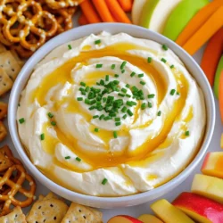 - 8 oz cream cheese, softened - 1/2 cup sour cream - 1/4 cup honey - 2 tablespoons hot honey - 1 tablespoon lemon juice - 1 teaspoon garlic powder - 1/2 teaspoon smoked paprika - Salt and black pepper to taste - Chives or parsley for garnish - Assorted dippers (pretzels, crackers, apple slices) In this recipe, I use cream cheese as the base. It gives a rich, smooth texture. Sour cream adds a bit of tang, balancing the sweetness. Honey and hot honey bring a sweet and spicy kick that is hard to resist. The lemon juice brightens all the flavors. For seasonings, garlic powder adds depth. Smoked paprika gives a hint of smokiness. Adjust salt and pepper to your taste. You want a mix that feels right for your palate. Garnishing with chives or parsley is a great idea. It makes the dip look fresh and inviting. Choose dippers like pretzels or apple slices. They complement the dip well. You can find the full recipe with all these details to help you create this delicious dip! Start by taking 8 oz of softened cream cheese and 1/2 cup of sour cream. Place them in a medium mixing bowl. Use a hand mixer or a sturdy whisk to beat them together. Mix until the cream cheese and sour cream become smooth and creamy. Make sure there are no lumps left. This step sets a solid base for your dip. Next, it’s time to add flavor. Slowly mix in 1/4 cup of honey and 2 tablespoons of hot honey. Then squeeze in 1 tablespoon of fresh lemon juice. Sprinkle in 1 teaspoon of garlic powder and 1/2 teaspoon of smoked paprika. Blend these ingredients together at a low speed. Keep mixing until everything is silky smooth and well combined. Now, taste your dip! Add salt and freshly cracked black pepper to suit your liking. If you want it sweeter or spicier, add more honey or hot honey. Once seasoned, transfer the dip to a serving bowl. Use a spatula to smooth the top for a polished look. For a fresh touch, sprinkle chopped chives or parsley on top. Finally, arrange your assorted dippers around the bowl for a fun and inviting presentation. Enjoy your hot honey cream cheese dip! For the full recipe, check the detailed instructions above. To get that perfect creamy texture, let your cream cheese sit out. Make sure it is at room temperature before mixing. Cold cream cheese can leave lumps in your dip. Softening it helps everything blend smoothly. This small step makes a big difference. You can play with the honey levels to match your taste. If you want more sweetness, add extra honey. For a spicier kick, use more hot honey. Taste as you go. This way, you create a dip that suits your palate just right. Make your dip look as good as it tastes! Use fresh herbs like chives or parsley as a garnish. This adds color and freshness. Arrange your dippers in a fun way around the dip. Create a platter that invites everyone to enjoy. For the full recipe, check out the earlier section. {{image_4}} You can boost the flavor of your dip in simple ways. Try adding chopped jalapeños for extra heat. This spice gives the dip a nice kick. If you prefer a fresh taste, incorporate herbs like dill. Dill adds a unique flavor and makes the dip more interesting. If you need a vegan option, substitute cream cheese with vegan alternatives. There are many great brands that taste amazing. You can also use Greek yogurt for a lighter dip. Greek yogurt keeps the creaminess but reduces calories. Think outside the box for serving this dip! Serve with seasonal veggies or pita chips for a crunchy contrast. Fresh veggies like carrots or bell peppers work great. For a sweet twist, pair with fruits like pears. The sweet and spicy mix is truly delightful. For the full recipe, be sure to check out the [Full Recipe]. After you enjoy this hot honey cream cheese dip, store any leftovers in an airtight container in the fridge. This keeps it fresh and tasty for later snacking. The dip is best consumed within 3-5 days. This timeframe ensures you enjoy it at its peak flavor and texture. If you want to serve the dip warm again, simply warm it gently in the microwave. Make sure to do this in short bursts, stirring in between. This keeps it creamy and delicious. Hot honey is honey infused with heat. It blends sweetness with a spicy kick. You can buy it or make it at home. To make your own, add red pepper flakes to honey and let it sit. This process gives the honey a rich flavor that pairs perfectly with many dishes. Yes, you can make this dip ahead of time. Prepare the dip and store it in an airtight container. Keep it in the fridge for up to three days. When you are ready to serve, just take it out and let it sit at room temperature for a bit. You have many options for dippers! Here are a few ideas: - Pretzels - Crackers - Apple slices - Carrot sticks - Celery sticks - Pita chips These dippers enhance the creamy dip and create fun flavor pairings. Enjoy! This blog covered a simple and tasty hot honey cream cheese dip. We talked about the main ingredients, key seasonings, and how to prepare it step by step. I shared tips for creamy texture and flavor adjustments, plus ideas for different dippers. Remember, you can make this dip your own with fresh herbs or spicy add-ins. Store any leftovers well, but enjoy it within a few days. This dish is sure to impress at any gathering!