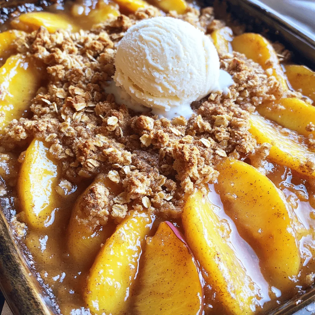 For a perfect classic peach crisp, you need some key ingredients. Here’s what you’ll need: - 4 cups fresh peaches, peeled and sliced - 1 tablespoon freshly squeezed lemon juice - 1/2 cup granulated sugar - 1 tablespoon cornstarch - 1 teaspoon ground cinnamon - 1 cup old-fashioned rolled oats - 1/2 cup all-purpose flour - 1/2 cup light brown sugar, packed - 1/4 teaspoon kosher salt - 1/2 cup unsalted butter, melted and slightly cooled - 1/2 teaspoon pure vanilla extract Each ingredient plays a role. The peaches provide sweetness and tartness. Lemon juice adds brightness. Sugar and cornstarch help thicken the fruit mixture. Oats and flour create the crisp topping, while butter adds richness. When sourcing peaches, freshness matters. Look for peaches that are firm but slightly soft to the touch. They should smell sweet and fruity. If you can, shop at local farmers' markets. This way, you support local growers and get the best flavor. Choose ripe peaches for the best taste in your crisp. If you want to swap out sugar, consider honey or maple syrup. These alternatives offer a different sweetness and add flavor. For butter, coconut oil or vegan butter works well. They keep the crisp moist and help it bake nicely. Just remember to adjust the amount since these alternatives can vary in sweetness. You can find the full recipe for this delightful peach crisp in the earlier section. Enjoy your cooking adventure! Start by washing your fresh peaches. Peel them and slice them into thin wedges. You need about 4 cups of peaches for this recipe. The lemon juice will keep the peaches fresh and bright. Toss the sliced peaches in a bowl with 1 tablespoon of lemon juice. Add 1/2 cup of granulated sugar, 1 tablespoon of cornstarch, and 1 teaspoon of ground cinnamon. Mix gently until the peaches are well coated. Now, pour the peach mixture into a greased 9x13-inch baking dish. Spread it evenly so every bite is full of flavor. This step is key, as the sugar will help the peaches release their juices while baking. You want a juicy, flavorful filling that pairs well with the crisp topping. Next, grab a separate bowl. Mix together 1 cup of rolled oats, 1/2 cup of all-purpose flour, 1/2 cup of packed light brown sugar, and 1/4 teaspoon of kosher salt. Stir it well. Then, drizzle in 1/2 cup of melted unsalted butter and 1/2 teaspoon of pure vanilla extract. Use a fork or your hands to blend everything until it’s crumbly. This creates a delightful topping that contrasts with the soft peaches. Preheat your oven to 350°F (175°C). This step ensures an even bake. Sprinkle the oat mixture over the peach filling in the baking dish. Make sure the fruit is mostly covered. Place the dish in the oven and bake for 30-35 minutes. Watch for a golden brown topping with bubbly peach juices. After baking, let it cool for 5-10 minutes before serving. This brief cooling time helps the crisp set up. Enjoy it warm with a scoop of vanilla ice cream! For the full recipe, check out the complete instructions. To get the best crisp texture, use old-fashioned rolled oats. They add a nice chew. Make sure to mix the oats with flour, brown sugar, and salt. This mix creates a crunchy topping. Drizzle melted butter evenly over the dry mix. Use your hands to mix it until it looks crumbly. This step is key for that perfect crisp. You can boost the flavor of your peach crisp easily. Try adding a bit of nutmeg with the cinnamon. This adds warmth to the dish. You could also mix in some chopped nuts, like pecans or almonds. These nuts add crunch and depth. A splash of bourbon or amaretto can give it a nice twist. Just a little will do, so don’t overdo it! Avoid using unripe peaches. They can make your crisp taste sour instead of sweet. Also, don’t skip the cornstarch. It thickens the juices and keeps the filling from being too runny. Watch the baking time closely. Overbaking can lead to a dry topping. Check for a golden brown color on top. Remember, a little bubbling from the peaches is a good sign! {{image_4}} You can make your peach crisp even better by adding nuts or coconut. Nuts like walnuts or pecans add crunch. They also bring a rich flavor that pairs well with peaches. Toast the nuts lightly to enhance their taste before mixing them into your oat topping. Coconut adds a sweet, chewy texture. Use shredded coconut for a fun twist. Just mix it in with the oats and flour. You can also use unsweetened coconut if you prefer a less sugary taste. Experiment with both for a tasty topping. If you want to change things up, try different fruits in your crisp. Apples and berries are great choices. They add their own unique flavors and textures. For a fun mix, use a combination of fruits. You can even mix peaches with raspberries for a tart twist. Using seasonal fruits is a smart choice. They are fresh and often taste better. Plus, they can change your dessert each time you make it, keeping things exciting. Making a gluten-free peach crisp is simple. You can swap all-purpose flour for almond flour or gluten-free flour. These options work well and still give you a nice crisp topping. Just make sure your oats are labeled gluten-free to avoid any issues. You can also use coconut flour for a unique flavor. Coconut flour absorbs moisture, so you might need to adjust the butter slightly. This way, you still get a delicious dessert that everyone can enjoy. Check out the Full Recipe for more details on making this delightful dessert. To keep your peach crisp fresh, let it cool completely. Once cooled, cover it tightly with plastic wrap or aluminum foil. You can also use an airtight container. Store it in the fridge for up to three days. This way, you can enjoy the sweet flavors later. When you're ready to eat your leftover peach crisp, preheat your oven to 350°F (175°C). Place the crisp in an oven-safe dish. Cover it with foil to prevent it from browning too much. Heat for about 15-20 minutes, or until it's warm throughout. You can also microwave individual portions for about 30 seconds. If you want to save peach crisp for later, freezing is a great option. First, let it cool completely. Then, cut the crisp into portions and wrap each piece in plastic wrap. Place the wrapped pieces in a freezer bag or airtight container. You can freeze it for up to three months. To enjoy, thaw it in the fridge overnight and reheat as mentioned above. This method helps you savor the delightful peach crisp whenever you crave it! For the complete recipe, check out the Full Recipe section. Yes, you can use canned peaches. Drain them well before mixing. Canned peaches are softer than fresh. They may change the texture of your crisp. Use them in a pinch, but fresh peaches taste better. Your peach crisp is done when the topping is golden brown. The peach juices should bubble around the edges. This usually takes about 30 to 35 minutes. Check it closely toward the end of baking. You can prepare the filling and topping separately ahead of time. Just store them in the fridge. When you’re ready, assemble and bake the crisp. This way, you save time on busy days. I love serving peach crisp warm with vanilla ice cream. The cold ice cream pairs well with warm fruit. You can also add whipped cream or a drizzle of caramel. For a twist, serve it with yogurt for breakfast! For the full recipe, check out the details above! In this blog post, we explored how to create a classic peach crisp. We discussed key ingredients, sourcing fresh peaches, and alternatives for sugar and butter. You learned step-by-step instructions for prepping, making the filling, and baking. We also covered tips for the perfect texture and flavor, plus easy variations. Finally, I shared how to store and reheat your crisp. Peach crisp is simple and fun to make. Enjoy it fresh or saved for later. Now, go bake and share this delicious treat!