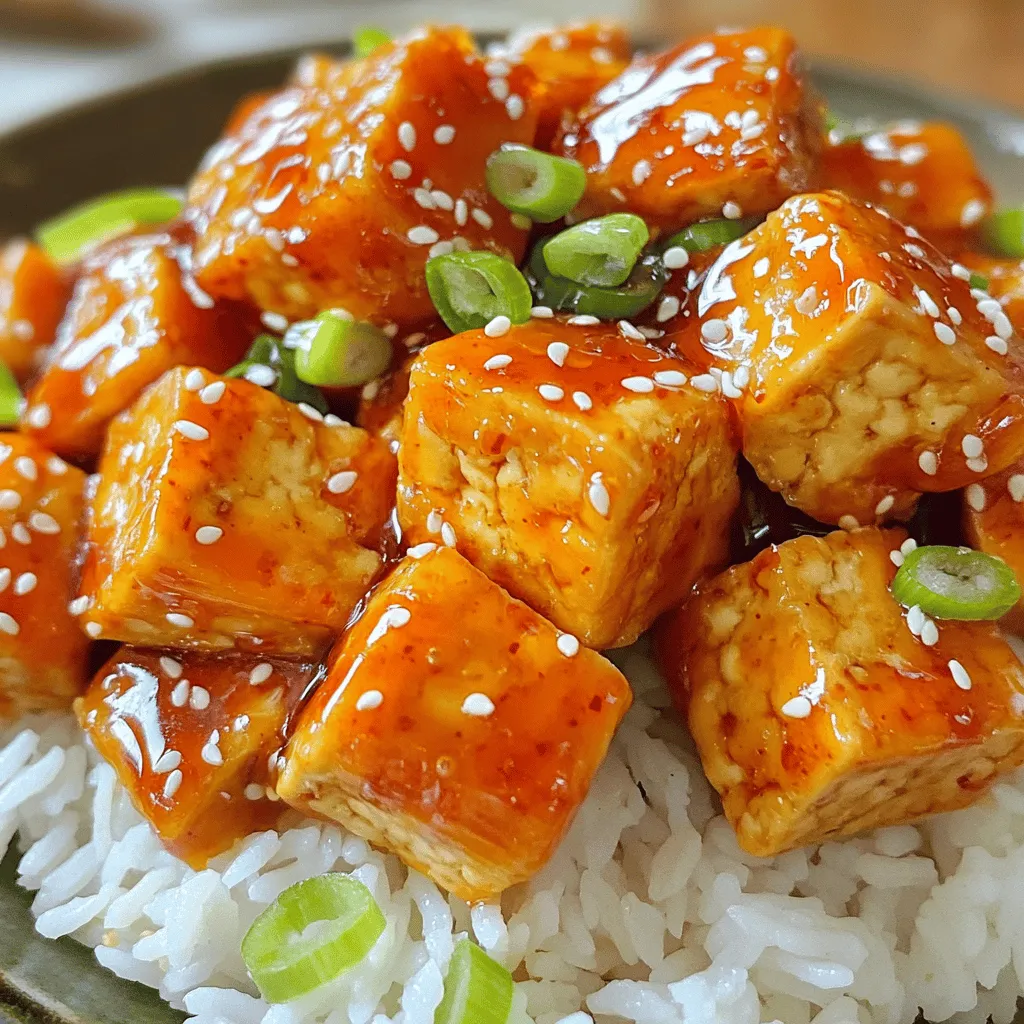 To make a tasty honey Sriracha tofu, you need some simple ingredients. Here’s the full list: - 14 oz firm tofu, pressed and cut into 1-inch cubes - 3 tablespoons of honey - 2 tablespoons of Sriracha sauce - 1 tablespoon of soy sauce - 1 tablespoon of rice vinegar - 1 tablespoon of sesame oil (plus extra for cooking) - 1 teaspoon of garlic powder - 1 teaspoon of ginger powder - 2 green onions, finely sliced (for garnish) - Sesame seeds (for garnish) - Cooked rice or quinoa (for serving) These ingredients come together to create a rich flavor. The firm tofu is key for a good texture. Pressing it helps remove extra water. This makes the tofu crispier when cooked. Honey adds sweetness, while Sriracha brings heat. Soy sauce gives a savory depth, and rice vinegar adds a nice tang. Garlic and ginger powders bring warmth and spice to the dish. Green onions and sesame seeds are perfect for garnishing. They add color and crunch. You can serve the dish on cooked rice or quinoa for a filling meal. Now that you know the ingredients, let’s get cooking! Check out the full recipe to see how to combine these tasty items. Start by gathering your ingredients. You need honey, Sriracha, soy sauce, rice vinegar, sesame oil, garlic powder, and ginger powder. In a small bowl, mix these together. Whisk until the sauce is smooth. This sauce gives the tofu its sweet and spicy flavor. Set it aside for later. Next, take your firm tofu. Press it to remove extra water, then cut it into 1-inch cubes. Heat a non-stick skillet over medium heat. Optionally, add a bit of sesame oil for taste. Once hot, add the tofu cubes. Cook them for about 5-7 minutes. Turn the cubes gently with a spatula to get them golden brown. This step makes the tofu crispy and delicious. Now, it’s time to bring it all together. Carefully pour your prepared honey Sriracha sauce over the crispy tofu. Toss the tofu cubes gently in the sauce. Ensure each piece is well coated. Cook for another 2-3 minutes. This will thicken the sauce and help it stick to the tofu. Afterward, remove the skillet from the heat. Allow the tofu to cool for a minute. Serve it over warm rice or quinoa. Garnish with sliced green onions and sesame seeds for a tasty finish. Enjoy your Honey Sriracha Tofu! For the complete recipe, check out the Full Recipe. To get that perfect crisp on your tofu, start with firm tofu. Press it well to remove excess moisture. This helps the tofu soak up flavors while cooking. When cooking, use a non-stick skillet. Heat it before adding tofu for an even golden brown color. Cook each side for 5-7 minutes, turning gently. A light drizzle of sesame oil adds more flavor and helps with crisping. The key to great Honey Sriracha Tofu is balance. The honey gives sweetness, while Sriracha adds heat. Adjust the amounts to suit your taste. If it’s too spicy for you, add more honey. If you love heat, add extra Sriracha. Mixing in soy sauce and rice vinegar gives depth and richness. Taste the sauce before pouring it on the tofu to ensure it’s just right. Garnishing makes your dish look and taste better. Sliced green onions add a fresh touch and a little crunch. A sprinkle of sesame seeds adds texture and visual appeal. For a pop of color, consider adding chopped cilantro or parsley. Serve your Honey Sriracha Tofu over cooked rice or quinoa for a complete meal. For the full recipe, check out the details provided earlier. {{image_4}} You can switch honey for maple syrup or agave. Both options keep the sweet flavor. They also work well with the spicy Sriracha. You can adjust the sweetness to your taste. Just remember, different sweeteners may alter the final taste. Try using chili garlic sauce instead of Sriracha for a different kick. You can also mix in peanut butter for a creamy touch. If you like a tangy taste, add some lime juice. Each sauce will give a unique flavor twist to your dish. Add bell peppers or broccoli for extra crunch and color. You could also toss in snap peas or carrots for more texture. These veggies will not only enhance flavor but also boost nutrition. Feel free to experiment with your favorites! Store any leftover honey Sriracha tofu in an airtight container. Keep it in the fridge for up to 3 days. The sauce may thicken as it cools. To keep the tofu from getting soggy, try to store the sauce separately. You can freeze honey Sriracha tofu if you need to keep it longer. Place it in a freezer-safe container. Make sure to leave some space for the tofu to expand. Use it within 2 months for the best taste. Thaw in the fridge before reheating. To reheat, use a skillet over medium heat. Add a splash of water or oil if it seems dry. Stir often until heated through. You can also microwave it, but the tofu may lose some crispness. For the best texture, stick to the skillet method. Enjoy your tasty meal! To reduce the spice, cut back on Sriracha. You can use one tablespoon instead of two. Adding more honey also helps balance the heat. You can mix in a splash of lime juice for a fresh taste. Another option is to add more soy sauce. This will tone down the spice while adding flavor. Try these tips to find your perfect level of heat. Yes, you can use different types of tofu. Soft or silken tofu can work, but they may break more easily. Firm tofu is the best choice for this recipe. It holds its shape well and crisps up nicely. If you prefer a different texture, consider tempeh. It absorbs flavors well and has a nutty taste. Just adjust the cooking time based on the tofu type you choose. You can serve Honey Sriracha Tofu with various sides. Warm cooked rice or quinoa makes a great base. You can also pair it with steamed veggies for a healthy meal. Broccoli, snap peas, or bell peppers work well. For a crunchy touch, add a side salad. A fresh cucumber salad can also brighten your meal. Use your favorite sides to create a balanced plate. In this article, we explored how to make Honey Sriracha Tofu. We covered key ingredients, including tofu, honey, and sriracha sauce. You learned about the cooking steps and helpful tips for the perfect dish. We also discussed fun variations and storage tips. Cooking does not have to be hard or boring. With these ideas, you can create tasty meals that excite your taste buds. Enjoy trying out this recipe and make it your own!