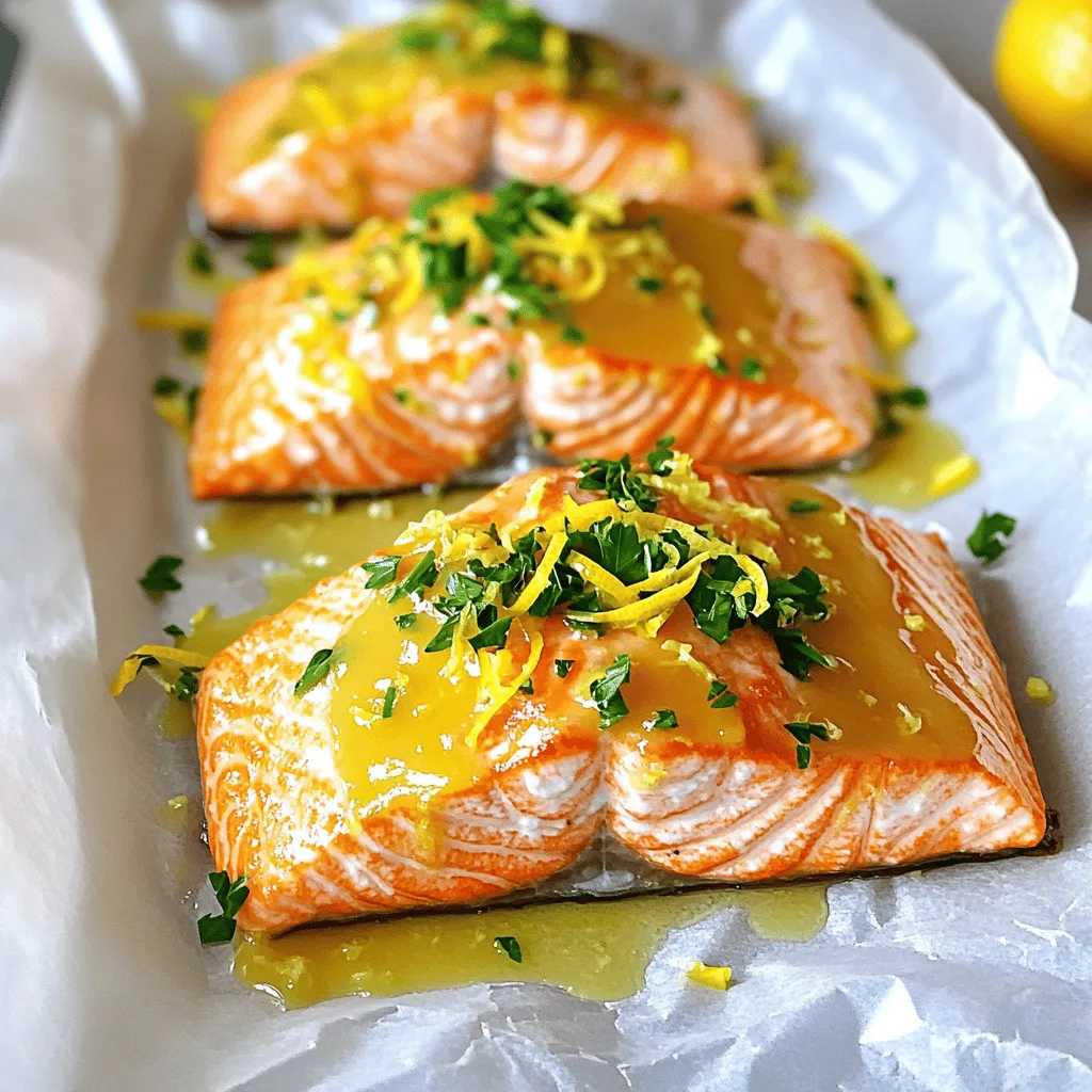 To make oven-baked lemon salmon, you need simple, fresh ingredients. Here’s what you’ll need: - 2 salmon fillets (approximately 6 oz each) - 2 tablespoons extra virgin olive oil - 1 large lemon (zested and juiced) - 3 cloves garlic, finely minced - 1 teaspoon dried oregano - 1 teaspoon dried thyme - Salt and freshly ground black pepper to taste - Fresh parsley, finely chopped (for garnish) These ingredients work together to create a zesty, flavorful dish. The salmon fillets are the main star, bringing healthy omega-3 fats. The olive oil adds richness, while the lemon gives it a bright, fresh taste. Garlic and herbs like oregano and thyme enhance the flavor profile. You can also add optional garnishes like lemon wedges or extra parsley for a pop of color. Using fresh ingredients makes a big difference in taste. I always recommend using high-quality salmon for the best results. For the full recipe, check out the details above. First, you need to preheat your oven to 400°F (200°C). This step is key for even cooking. While the oven warms up, grab a baking sheet and line it with parchment paper. This makes cleanup a breeze and keeps the salmon from sticking. Now, let’s make the marinade. In a small bowl, combine the olive oil, lemon zest, lemon juice, minced garlic, oregano, and thyme. Mix well until all the ingredients blend together. The lemon zest and juice are very important. They add bright flavor and help tenderize the salmon. Next, arrange the salmon fillets on the prepared baking sheet, skin-side down. Make sure to leave space between each fillet. This allows for proper cooking. Use a brush or spoon to apply the lemon-garlic mixture evenly over the salmon. Place the baking sheet in the preheated oven. Bake for about 12-15 minutes. The salmon is done when it flakes easily with a fork and looks opaque in the center. After baking, let the salmon rest for one minute. This helps keep it juicy. For a lovely finish, sprinkle fresh parsley on top before serving. Enjoy your meal! For more details, check the Full Recipe. When picking salmon, look for bright, shiny skin. The fish should smell fresh, not fishy. Press your finger gently on the fillet. If it springs back, it's fresh. Try to choose sustainable salmon. Look for labels like "wild-caught" or "certified sustainable." These choices help protect our oceans. They also support healthier fish populations. To check if your salmon is done, use the flaking method. Take a fork and gently press down on the fillet. If it flakes easily, it’s ready! Avoid overcooking salmon. Salmon can go from perfect to dry quickly. Keep an eye on the cooking time. It usually takes about 12-15 minutes at 400°F. For plating, use a white plate to make the salmon pop. Serve with lemon wedges on the side for color. Drizzle any leftover lemon-garlic mixture over the fish for added flavor. Garnish with fresh parsley to add a touch of green. This makes your dish look even more inviting. A beautiful plate brings joy to the meal! For the full recipe, check out the complete instructions above. {{image_4}} You can play with herbs to change the flavor. Try dill or basil for a twist. Dill gives a fresh taste, while basil adds sweetness. You can mix and match these herbs. For instance, use dill with lemon for a bright flavor. Basil pairs well with garlic, too. These combinations make the dish unique. Lemon shines in this recipe, but other citrus fruits can work well. Consider using lime for a zesty kick. Lime gives the salmon a tangy twist. Orange is another option to try. It adds a sweet and fruity flavor. Each citrus fruit creates its own taste experience. These alternatives keep your meals exciting. Pairing sides with salmon enhances your meal. Roasted vegetables are a great choice. They add color and nutrition. Try asparagus, broccoli, or carrots. A light salad also complements salmon well. Use greens, cherry tomatoes, and a simple vinaigrette. Quinoa or rice can round out the meal, too. These sides bring out the rich flavors of the salmon. For the full recipe, click here. To keep your oven-baked lemon salmon fresh, place it in an airtight container. Store it in the fridge for up to three days. When packing, separate the salmon from any sides to keep flavors fresh. If you want to save it longer, you can freeze the salmon. Wrap each piece tightly in plastic wrap, then place in a freezer-safe bag. This helps avoid freezer burn, and you can freeze it for up to three months. When reheating, I suggest using the oven for the best texture. Preheat your oven to 350°F (175°C). Place the salmon on a baking sheet and cover it with foil. This keeps the moisture in. Heat for about 10 minutes or until warmed through. You can also use a microwave, but be careful. Heat it in short bursts to avoid drying it out. A few seconds at a time works best. This way, you enjoy the flavor and moisture in every bite. Bake salmon at 400°F for 12 to 15 minutes. The salmon is done when it flakes easily with a fork. The center should look opaque. This time may vary based on the thickness of your fillets. Always check for doneness to avoid overcooking. You can use frozen salmon fillets. Just remember to thaw them first. Thawing is best done overnight in the fridge. If you're short on time, you can run the fillets under cold water for about 10-15 minutes. Pat them dry before cooking. This helps the marinade stick better. Oven-baked lemon salmon goes well with many side dishes. Consider serving it with steamed broccoli or asparagus. Both add color and nutrients. You can also pair it with a light salad or quinoa. These sides complement the lemon flavor nicely. For a hearty option, try roasted potatoes. They balance the meal well. In this post, we explored how to bake salmon perfectly. We covered the right ingredients like fresh salmon and spices. I shared steps for prep and making a great marinade. I also gave tips for choosing the best fish and cooking it well. Lastly, we looked at variations, storage, and FAQs. Baking salmon is simple and fun. With the right steps, you’ll enjoy a tasty meal. Try these tips and enjoy your delicious dish!