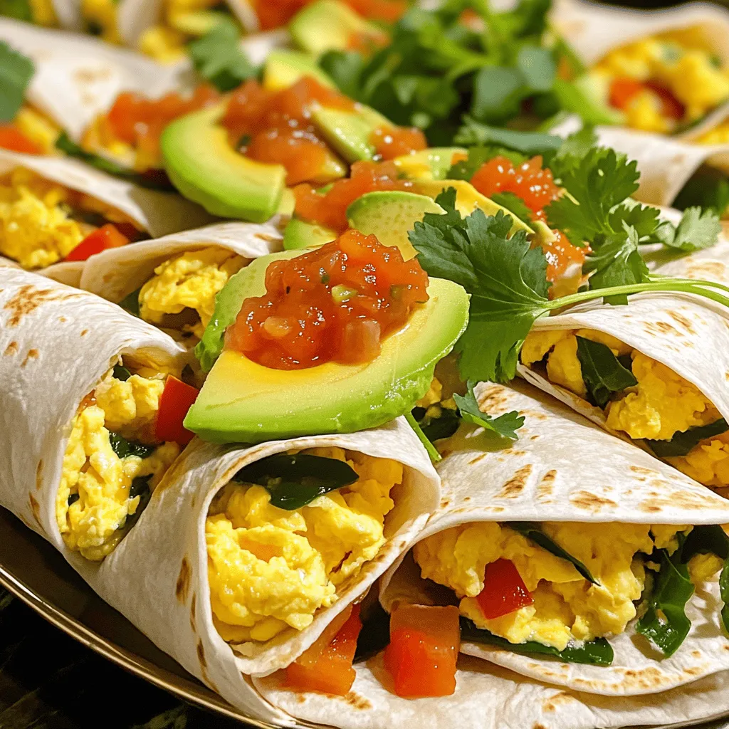To make easy breakfast burritos, gather these main ingredients: - 6 large eggs - 1/2 cup milk - 1 cup diced bell peppers (mix of red, green, and yellow) - 1 cup baby spinach, finely chopped - 1 cup cooked black beans (canned, well-drained, and rinsed) - 1/2 cup shredded sharp cheddar cheese - 4 large flour tortillas (whole wheat or spinach) - 1 avocado, sliced or mashed - 1/4 cup salsa (mild or spicy) - Salt and freshly cracked pepper to taste - 1 tablespoon olive oil (plus extra for grilling) You can make your breakfast burritos unique by adding some optional ingredients: - Chopped onions or garlic for extra flavor - Sliced jalapeños for a spicy kick - Fresh herbs like cilantro or parsley - Sour cream or Greek yogurt for creaminess - Different cheeses, such as feta or pepper jack These breakfast burritos are not only delicious but also packed with nutrients. Each serving contains: - High-quality protein from eggs and black beans - Healthy fats from avocado - Vitamins and minerals from bell peppers and spinach - Fiber from beans and whole wheat tortillas This meal is great for a balanced start to your day. You can find the full recipe for these tasty breakfast burritos above. Start by gathering all your ingredients. This makes cooking easier. For this recipe, you need: - 6 large eggs - 1/2 cup milk - 1 cup diced bell peppers (mix of red, green, and yellow) - 1 cup baby spinach, finely chopped - 1 cup cooked black beans (drained and rinsed) - 1/2 cup shredded sharp cheddar cheese - 4 large flour tortillas - 1 avocado, sliced or mashed - 1/4 cup salsa - Salt and pepper to taste - 1 tablespoon olive oil Next, crack the eggs into a bowl. Add the milk and whisk it well. You want a smooth mix with a bit of foam. Add a pinch of salt and pepper to enhance flavor. Heat a non-stick skillet over medium heat. Add 1 tablespoon of olive oil. Once hot, toss in the diced bell peppers. Sauté for about 3-4 minutes until they are soft and colorful. Add the chopped spinach next. Stir it in for another 1-2 minutes. The spinach should wilt down nicely. Now, gently pour the egg mixture into the skillet. Stir it continuously for about 5-6 minutes. You want fluffy eggs, so avoid overcooking. Once done, remove it from heat and fold in the black beans and cheddar cheese. The cheese will melt nicely from the heat of the eggs. Warm up your tortillas. You can do this in a skillet or the microwave for a few seconds. Lay a generous scoop of the egg mixture in the center of each tortilla. Top with slices of avocado and a spoonful of salsa. Now, roll up the tortillas tightly. Tuck in the sides as you roll. Place them seam-side down on a plate. For extra crunch, grill the burritos in the skillet for 1-2 minutes on each side until golden brown. Arrange the burritos on a large platter. Garnish with more salsa and fresh cilantro or green onions. You may also add lime wedges for a zesty touch. You can find the full recipe in the earlier sections. Enjoy your meal! To scramble eggs well, start with fresh eggs. Crack them into a bowl and add milk. Whisk until the mixture is smooth and frothy. This will help make the eggs fluffy. Heat a non-stick skillet over medium heat and add olive oil. Once the oil is hot, pour in the egg mixture. Keep stirring gently. This keeps the eggs from sticking and helps them cook evenly. Cook until the eggs are soft and just set. Don’t let them get too dry. Warming tortillas is key for a good burrito. You can use a skillet or microwave. For the skillet, heat it over medium heat. Place the tortilla in for about 10 seconds on each side. This keeps them soft and easy to roll. If using a microwave, wrap the tortillas in a damp paper towel. Heat them for 10 to 15 seconds. Both methods keep the tortillas warm and flexible. To make burritos ahead of time, assemble them carefully. Fill each tortilla with the egg mix, avocado, and salsa. Roll them up tightly, tucking in the sides. Wrap them in plastic wrap or foil. Store them in the fridge for up to two days. If you want to freeze them, wrap each burrito in foil. You can freeze them for up to three months. When ready to eat, just reheat them in the microwave or oven. For the full recipe, check the Sunrise Breakfast Burritos section. {{image_4}} Vegetarian breakfast burritos are a great way to start your day. You can use the same base as the Sunrise Breakfast Burritos but swap the eggs for tofu. Scramble firm tofu just like eggs. Add veggies like mushrooms and zucchini for more flavor. You can also include cheese or leave it out for a vegan option. Lastly, use whole wheat tortillas to boost fiber. Low-carb breakfast burritos are perfect if you watch your carbs. Instead of tortillas, use lettuce wraps. They hold all the tasty fillings, and you’ll get a fresh crunch. Fill them with scrambled eggs, cheese, and diced avocado. You can also add cooked bacon or sausage for protein. This option feels light but still fills you up. If you love heat, spicy breakfast burritos are the way to go. Start with the Sunrise Breakfast Burritos and add jalapeños or hot sauce. You can use spicy salsa or even chipotle peppers for a smoky kick. For an extra layer of flavor, try adding pepper jack cheese. These burritos will wake up your taste buds and add excitement to your morning. Try these variations to keep breakfast fun and exciting. You can mix and match ingredients based on what you like or have on hand. For the full recipe, check the Sunrise Breakfast Burritos section above. To keep your leftover burritos fresh, wrap them tightly in plastic wrap or foil. Place them in an airtight container. This helps prevent air from making them soggy. Store the wrapped burritos in the fridge for up to three days. If you want to store burritos for a longer time, freezing is great. Wrap each burrito in plastic wrap. Then, place them in a freezer-safe bag or container. Make sure to remove as much air as possible. You can freeze them for up to three months. When you’re ready to eat, just thaw them in the fridge overnight. To reheat your burritos, you have a few options. For the oven, preheat it to 350°F (175°C). Unwrap the burrito and place it on a baking sheet. Heat for about 15-20 minutes until hot. For the microwave, wrap the burrito in a damp paper towel. Heat on high for 1-2 minutes. Check if it’s hot inside. If not, heat in 30-second intervals until warm. Enjoy your Sunrise Breakfast Burritos fresh and tasty! You can find the full recipe above for more delicious details. The best way to reheat a burrito is in the oven. Preheat your oven to 350°F (175°C). Wrap the burrito in aluminum foil to keep it moist. Place it on a baking sheet and heat for about 15-20 minutes. You can also use a microwave for quick reheating. Place the burrito on a microwave-safe plate and cover it with a damp paper towel. Heat it for about 1-2 minutes. The oven gives you a nice crisp, while the microwave is faster. Yes, you can make breakfast burritos ahead of time. Prepare the filling and let it cool. Then, roll the burritos and wrap them in foil or plastic wrap. Store them in the fridge for up to 3 days. You can also freeze them for up to 3 months. Just remember to thaw them in the fridge overnight before reheating. If you want to skip eggs, you have several options. You can use tofu as a great egg substitute. Crumble firm tofu and sauté it with spices like turmeric and paprika for color. Another choice is chickpea flour. Mix it with water to make a batter and cook it like scrambled eggs. You can also add ingredients like beans, cheese, or veggies for flavor and protein. In this post, we explored the ingredients, steps, and tips for making delicious breakfast burritos. We discussed how to scramble eggs, warm tortillas, and customize your burritos. Variations like vegetarian, low-carb, and spicy options ensure everyone can enjoy this meal. Remember, leftovers store well, and reheating is easy. With these tools, you can create a tasty and satisfying breakfast any day. Enjoy your cooking and make your meals fun and flavorful!