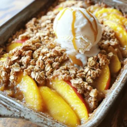 To make a classic peach crisp, you need simple ingredients. Using fresh, ripe peaches gives the best flavor. - 6 ripe peaches, pitted and sliced into thin wedges - 1 tablespoon fresh lemon juice - 1 cup rolled oats - 1/2 cup all-purpose flour - 1/2 cup packed brown sugar - 1/4 cup granulated sugar - 1 teaspoon ground cinnamon - 1/2 teaspoon ground nutmeg - 1/4 teaspoon salt - 1/2 cup unsalted butter, melted and slightly cooled - 1/2 cup chopped walnuts (optional, for added crunch) Start with ripe peaches. They should smell sweet and feel slightly soft. Slice them into thin wedges. Toss them with lemon juice. This keeps them bright and fresh. Next, gather your dry ingredients. Rolled oats add texture and heartiness. Flour helps bind everything together. Brown sugar adds a rich, deep sweetness. Granulated sugar offers balance. Cinnamon and nutmeg bring warmth and spice. Salt enhances all the flavors. For an extra crunch, add walnuts. They give a nice contrast to the soft peaches. You can leave them out if you prefer. Now you have everything ready for a tasty peach crisp. Check out the Full Recipe to see how to put it all together! First, preheat your oven to 350°F (175°C). This gets it ready for baking. While the oven heats, prepare your baking dish. Grease a 9-inch square baking dish with a little butter or cooking spray. Now, let’s focus on the peaches. In a large mixing bowl, add 6 ripe peaches that you have pitted and sliced into thin wedges. Toss these slices gently with 1 tablespoon of fresh lemon juice. This step helps keep the peaches bright and tasty. Next, let’s make the topping. In a separate bowl, combine the dry ingredients. You will need 1 cup of rolled oats, 1/2 cup of all-purpose flour, 1/2 cup of packed brown sugar, 1/4 cup of granulated sugar, 1 teaspoon of ground cinnamon, 1/2 teaspoon of ground nutmeg, and 1/4 teaspoon of salt. Whisk these together until they blend well. Now, pour in 1/2 cup of melted unsalted butter that has cooled slightly. Stir this mixture until it becomes crumbly, looking like coarse crumbs. If you want extra crunch, fold in 1/2 cup of chopped walnuts at this point. Now, it’s time to put it all together. Spread the sliced peaches in an even layer at the bottom of your greased baking dish. After that, generously sprinkle the oat topping over the peaches. Make sure they are completely covered for that perfect crispy layer. Place the baking dish in the preheated oven. Bake for 30 to 35 minutes. You will know it’s done when the top is golden brown, and the peaches are bubbling. Once baked, remove the crisp from the oven and let it cool slightly before serving. This cooling step helps the flavors meld beautifully. For the full recipe, check out the Peachy Paradise Crisp details! To get the best crumble, mix the dry ingredients well. This means blending the oats, flour, and sugars until they are even. Then, add melted butter slowly. You want the mixture to look like coarse crumbs. This texture gives you that crunchy topping we all love. Cooling is key after baking. Let your peach crisp sit for about 10 minutes before serving. This helps the juices settle and makes it easier to scoop. Plus, it lets the flavors meld together nicely. To boost flavor, consider adding a pinch of nutmeg or a splash of vanilla extract. These small changes can make a big difference. Cinnamon is great, but don’t be afraid to experiment with other spices like ginger or cardamom. When serving, think about pairing your peach crisp with vanilla ice cream. The cold creaminess pairs well with the warm crisp. You can also drizzle caramel sauce or top it with fresh berries for an extra treat. This creates a perfect dessert experience that everyone will enjoy. For the full recipe, check out Peachy Paradise Crisp. {{image_4}} You can switch up the fruits in your peach crisp. Try using berries, apples, or even cherries. Each fruit adds a different taste and texture. Mixing flavors makes the dish unique and fun. For example, raspberries add tartness, while apples bring a sweet crunch. You can use whatever is in season to keep it fresh and exciting. If you want to make your peach crisp healthier, there are easy changes. You can cut back on sugar without losing flavor. Try using a mix of honey and maple syrup instead of all sugar. This keeps it sweet and tasty. You can also choose gluten-free oats and flour. These swaps make the dish friendly for everyone, even those with dietary needs. Enjoy your crisp, knowing it is a bit healthier! To keep your peach crisp fresh, store it in an airtight container. Let it cool completely before sealing. Place it in the fridge for up to three days. You can also freeze peach crisp. Cut it into portions and wrap each piece in plastic wrap. Then, place them in a freezer-safe bag. This way, you can enjoy a slice any time! To reheat, preheat your oven to 350°F (175°C). Place the crisp in an oven-safe dish. Cover it with foil to prevent burning. Heat for about 15-20 minutes. You can also microwave individual portions for a quick treat. Just heat for about 30 seconds to 1 minute. In the refrigerator, peach crisp lasts about three days. In the freezer, it can remain good for up to three months. Always check for signs of spoilage. If you see mold or an off smell, it’s best to toss it. Freshness is key to enjoying its delightful flavors! How can I tell when my peach crisp is done baking? Your peach crisp is ready when the top turns golden brown. The peaches will bubble, and the mixture will smell great. Check it after 30 minutes of baking. If it looks good, take it out! Can I use canned or frozen peaches instead of fresh? Yes, you can use canned or frozen peaches. Just make sure to drain canned peaches well. For frozen peaches, let them thaw and drain any excess liquid. This way, your crisp won’t get too soggy. What can I use instead of walnuts in the crisp recipe? If you want to skip walnuts, try pecans, almonds, or oats. You can even leave them out. The crisp will still taste amazing! For the full recipe, check it out here! You now have a simple and tasty recipe for peach crisp. We covered each step, from choosing ripe peaches to baking the perfect topping. I shared tips to boost flavors and different fruit options for a unique treat. Remember to store your leftovers properly, so you can enjoy them later. Try them out and make your peach crisp special for everyone. Happy baking!