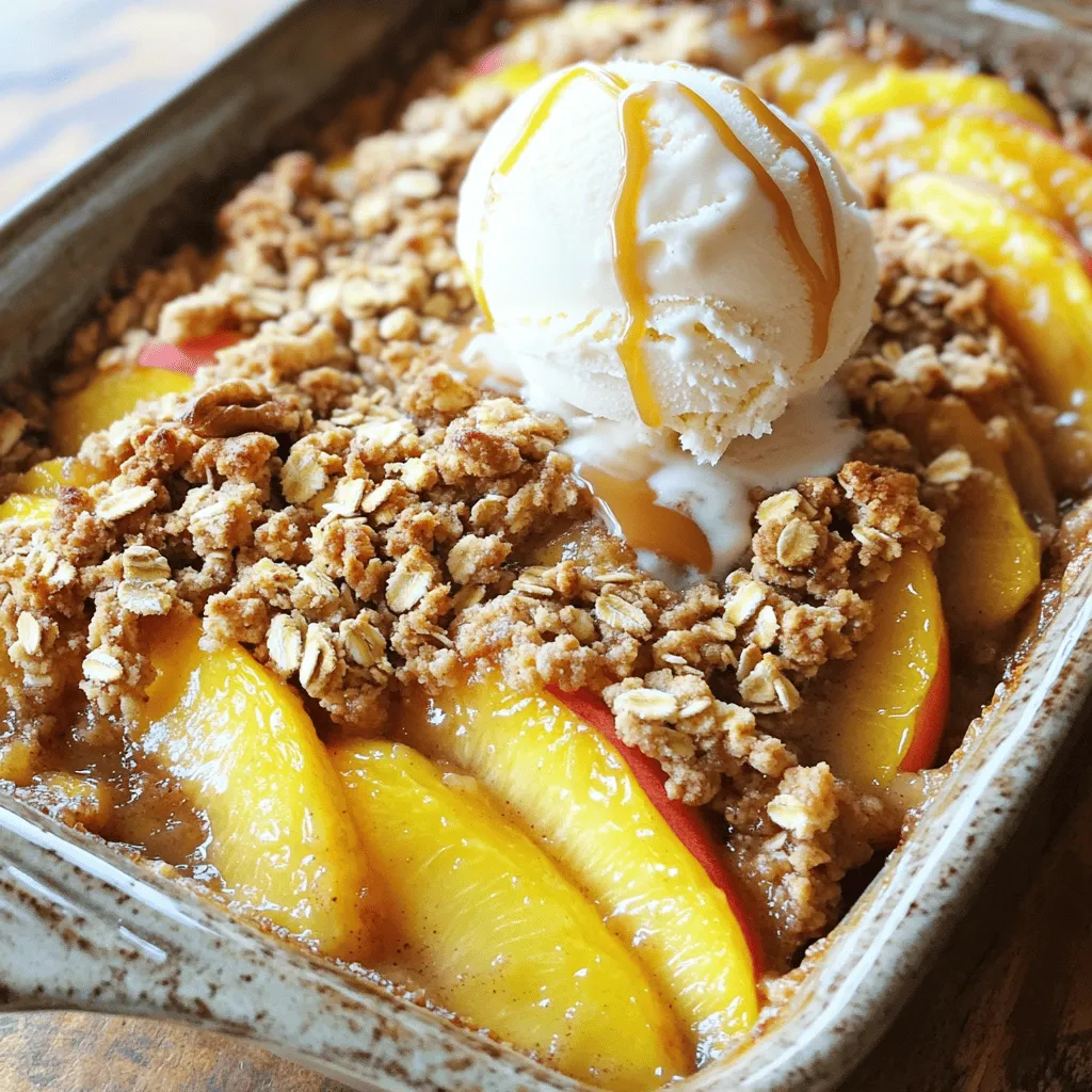 To make a classic peach crisp, you need simple ingredients. Using fresh, ripe peaches gives the best flavor. - 6 ripe peaches, pitted and sliced into thin wedges - 1 tablespoon fresh lemon juice - 1 cup rolled oats - 1/2 cup all-purpose flour - 1/2 cup packed brown sugar - 1/4 cup granulated sugar - 1 teaspoon ground cinnamon - 1/2 teaspoon ground nutmeg - 1/4 teaspoon salt - 1/2 cup unsalted butter, melted and slightly cooled - 1/2 cup chopped walnuts (optional, for added crunch) Start with ripe peaches. They should smell sweet and feel slightly soft. Slice them into thin wedges. Toss them with lemon juice. This keeps them bright and fresh. Next, gather your dry ingredients. Rolled oats add texture and heartiness. Flour helps bind everything together. Brown sugar adds a rich, deep sweetness. Granulated sugar offers balance. Cinnamon and nutmeg bring warmth and spice. Salt enhances all the flavors. For an extra crunch, add walnuts. They give a nice contrast to the soft peaches. You can leave them out if you prefer. Now you have everything ready for a tasty peach crisp. Check out the Full Recipe to see how to put it all together! First, preheat your oven to 350°F (175°C). This gets it ready for baking. While the oven heats, prepare your baking dish. Grease a 9-inch square baking dish with a little butter or cooking spray. Now, let’s focus on the peaches. In a large mixing bowl, add 6 ripe peaches that you have pitted and sliced into thin wedges. Toss these slices gently with 1 tablespoon of fresh lemon juice. This step helps keep the peaches bright and tasty. Next, let’s make the topping. In a separate bowl, combine the dry ingredients. You will need 1 cup of rolled oats, 1/2 cup of all-purpose flour, 1/2 cup of packed brown sugar, 1/4 cup of granulated sugar, 1 teaspoon of ground cinnamon, 1/2 teaspoon of ground nutmeg, and 1/4 teaspoon of salt. Whisk these together until they blend well. Now, pour in 1/2 cup of melted unsalted butter that has cooled slightly. Stir this mixture until it becomes crumbly, looking like coarse crumbs. If you want extra crunch, fold in 1/2 cup of chopped walnuts at this point. Now, it’s time to put it all together. Spread the sliced peaches in an even layer at the bottom of your greased baking dish. After that, generously sprinkle the oat topping over the peaches. Make sure they are completely covered for that perfect crispy layer. Place the baking dish in the preheated oven. Bake for 30 to 35 minutes. You will know it’s done when the top is golden brown, and the peaches are bubbling. Once baked, remove the crisp from the oven and let it cool slightly before serving. This cooling step helps the flavors meld beautifully. For the full recipe, check out the Peachy Paradise Crisp details! To get the best crumble, mix the dry ingredients well. This means blending the oats, flour, and sugars until they are even. Then, add melted butter slowly. You want the mixture to look like coarse crumbs. This texture gives you that crunchy topping we all love. Cooling is key after baking. Let your peach crisp sit for about 10 minutes before serving. This helps the juices settle and makes it easier to scoop. Plus, it lets the flavors meld together nicely. To boost flavor, consider adding a pinch of nutmeg or a splash of vanilla extract. These small changes can make a big difference. Cinnamon is great, but don’t be afraid to experiment with other spices like ginger or cardamom. When serving, think about pairing your peach crisp with vanilla ice cream. The cold creaminess pairs well with the warm crisp. You can also drizzle caramel sauce or top it with fresh berries for an extra treat. This creates a perfect dessert experience that everyone will enjoy. For the full recipe, check out Peachy Paradise Crisp. {{image_4}} You can switch up the fruits in your peach crisp. Try using berries, apples, or even cherries. Each fruit adds a different taste and texture. Mixing flavors makes the dish unique and fun. For example, raspberries add tartness, while apples bring a sweet crunch. You can use whatever is in season to keep it fresh and exciting. If you want to make your peach crisp healthier, there are easy changes. You can cut back on sugar without losing flavor. Try using a mix of honey and maple syrup instead of all sugar. This keeps it sweet and tasty. You can also choose gluten-free oats and flour. These swaps make the dish friendly for everyone, even those with dietary needs. Enjoy your crisp, knowing it is a bit healthier! To keep your peach crisp fresh, store it in an airtight container. Let it cool completely before sealing. Place it in the fridge for up to three days. You can also freeze peach crisp. Cut it into portions and wrap each piece in plastic wrap. Then, place them in a freezer-safe bag. This way, you can enjoy a slice any time! To reheat, preheat your oven to 350°F (175°C). Place the crisp in an oven-safe dish. Cover it with foil to prevent burning. Heat for about 15-20 minutes. You can also microwave individual portions for a quick treat. Just heat for about 30 seconds to 1 minute. In the refrigerator, peach crisp lasts about three days. In the freezer, it can remain good for up to three months. Always check for signs of spoilage. If you see mold or an off smell, it’s best to toss it. Freshness is key to enjoying its delightful flavors! How can I tell when my peach crisp is done baking? Your peach crisp is ready when the top turns golden brown. The peaches will bubble, and the mixture will smell great. Check it after 30 minutes of baking. If it looks good, take it out! Can I use canned or frozen peaches instead of fresh? Yes, you can use canned or frozen peaches. Just make sure to drain canned peaches well. For frozen peaches, let them thaw and drain any excess liquid. This way, your crisp won’t get too soggy. What can I use instead of walnuts in the crisp recipe? If you want to skip walnuts, try pecans, almonds, or oats. You can even leave them out. The crisp will still taste amazing! For the full recipe, check it out here! You now have a simple and tasty recipe for peach crisp. We covered each step, from choosing ripe peaches to baking the perfect topping. I shared tips to boost flavors and different fruit options for a unique treat. Remember to store your leftovers properly, so you can enjoy them later. Try them out and make your peach crisp special for everyone. Happy baking!