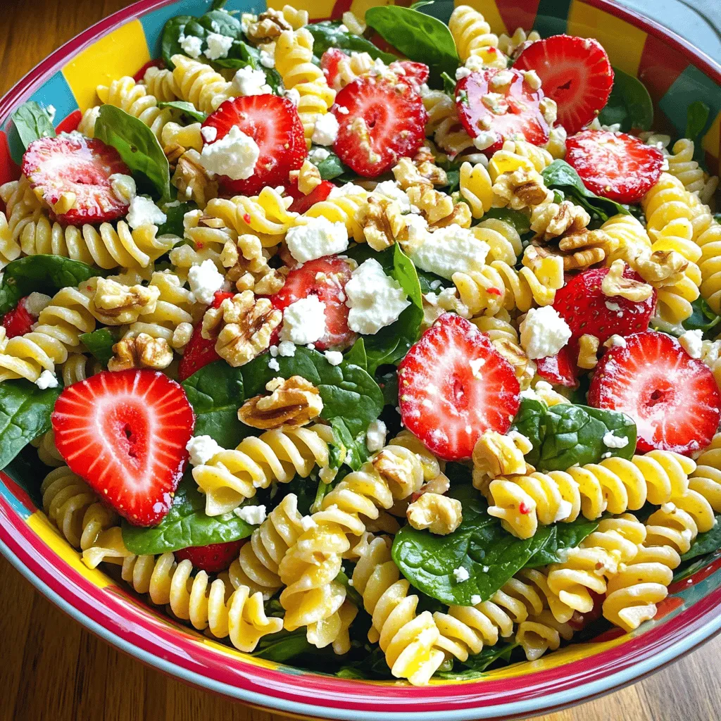 - 8 oz fusilli or bowtie pasta - 2 cups fresh spinach, roughly chopped - 1 cup strawberries, hulled and sliced - 1/2 cup feta cheese, crumbled - 1/4 cup walnuts, toasted and roughly chopped - 2 tablespoons extra virgin olive oil - 2 tablespoons balsamic vinegar - 1 tablespoon honey - Salt and freshly cracked black pepper to taste Gathering fresh ingredients makes this salad shine. I love using fusilli or bowtie pasta for its fun shape. It holds the dressing well and adds a playful touch. Spinach gives a nice crunch and bright color. Strawberries add sweetness and a pop of flavor. Feta cheese brings a creamy, salty bite. I always toast my walnuts. This step boosts their flavor and adds a delightful crunch. The dressing is simple yet flavorful. Extra virgin olive oil gives a rich base, while balsamic vinegar adds tang. Honey balances the tanginess nicely. Salt and pepper enhance all the flavors. You can find the Full Recipe to explore this salad in detail. Enjoy mixing these ingredients for a fresh and vibrant meal. - Bring salted water to a boil. - Add 8 oz of fusilli or bowtie pasta. - Cook pasta until al dente, about 8-10 minutes. - Drain and rinse the pasta under cold water. - In a large bowl, combine the cooled pasta. - Add 2 cups of fresh spinach, 1 cup of sliced strawberries, and 1/2 cup of crumbled feta cheese. - Fold in 1/4 cup of toasted walnuts gently. - In a small bowl, whisk together 2 tablespoons of olive oil. - Add 2 tablespoons of balsamic vinegar and 1 tablespoon of honey. - Season with salt and pepper to taste. - Pour the dressing over the salad mixture. - Toss everything together gently until coated. - Let the salad rest for 10 minutes to meld flavors. This recipe combines fresh ingredients into a vibrant dish. For the complete guide, check the Full Recipe. To cook pasta al dente, start with a large pot of salted water. Bring it to a boil. Add your pasta and stir it right away. Follow the cooking time on the package, but check it a minute early. Taste a piece to see if it is firm but not hard. Drain the pasta and rinse it under cold water. This stops the cooking and cools it down fast. To prevent pasta from sticking, add a splash of olive oil to the water before boiling. Stir the pasta often while it cooks. After draining, toss the pasta with a little olive oil. This keeps it loose and ready for your salad. For a burst of flavor, try adding fresh herbs like basil or mint. A squeeze of lemon juice brightens up the taste too. Consider using a sprinkle of red pepper flakes for heat. Quality ingredients matter. Choose ripe strawberries and fresh spinach. They make your dish taste amazing. For visual appeal, serve the salad in a large, colorful bowl. It highlights the bright colors of the spinach and strawberries. You can garnish with extra strawberry slices. A sprinkle of crumbled feta on top adds a nice touch too. Serving it this way makes everyone eager to dig in. {{image_4}} Adding protein can make your strawberry spinach pasta salad more filling and tasty. You can add grilled chicken or shrimp for a hearty meal. These proteins pair well with the sweet strawberries and tangy feta. If you prefer a vegetarian option, try chickpeas or black beans. Both options boost protein without meat. Next, let’s talk about flavor adjustments. You can switch out strawberries for seasonal fruits. Ripe peaches or fresh blueberries also add a sweet touch. You can also try different types of cheese. Goat cheese adds creaminess, while Parmesan gives a salty kick. Each cheese changes the salad’s taste in a unique way. Dressing alternatives can elevate your salad even more. You can make a homemade vinaigrette with lemon juice and olive oil. This brightens up the dish. You can also swap balsamic vinegar for apple cider or red wine vinegar. Different sweeteners, like maple syrup or agave, can add a new layer of flavor. Experiment to find the mix you love best! For the full recipe and instructions, check out the [Full Recipe]. Store leftover Strawberry Spinach Pasta Salad in an airtight container. This keeps it fresh and tasty. You can keep it in the fridge for up to three days. After that, the salad may lose its crunch and flavor. This salad is best served cold. If you want to refresh it, simply toss it gently before serving. If it looks wilted or has an off smell, it’s time to let it go. Always trust your senses! Yes, you can make this salad ahead of time. It tastes great when chilled. To prepare it in advance, cook the pasta and let it cool. Mix the other ingredients, but keep the dressing separate. Add the dressing just before serving. This keeps the salad fresh and crisp. You can use other greens in this salad. Arugula adds a peppery taste. Kale or romaine can also work well. Just ensure the greens are fresh and washed well. You can even mix different greens for extra flavor. Yes, this recipe is great for meal prep. Make a big batch and store it in airtight containers. It stays fresh for about three days in the fridge. Just remember to add the dressing before you eat it. This way, your salad remains tasty and crunchy. This salad is a simple mix of pasta, fresh spinach, strawberries, and feta. You learned the steps to cook pasta and blend in flavors. You can even switch up ingredients or add protein for variety. Enjoy experimenting with this refreshing dish. Make it your own by trying different greens or making it ahead. This salad is perfect for a meal or as a side. Share it with friends and family to enjoy together!