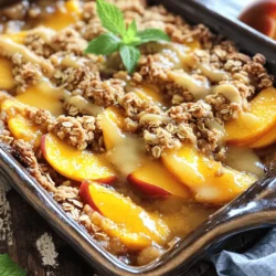 - 4 ripe peaches, peeled and sliced - 2 tablespoons fresh lemon juice - 1/2 cup packed brown sugar, divided - 1 cup old-fashioned rolled oats - 1/2 cup all-purpose flour - 1/2 cup chopped nuts (such as pecans or almonds) - 1/2 cup cold unsalted butter, cut into small cubes - 1/4 teaspoon salt - Ground cinnamon for extra flavor - Vanilla extract for enhanced aroma When you gather these ingredients, you set the stage for a delightful dessert. The peaches bring a sweet and juicy base, while the lemon juice adds a bright zing. Using brown sugar gives the dish a warm, caramel-like flavor. For the oat topping, rolled oats provide a hearty texture that contrasts perfectly with the soft peaches. Chopped nuts add crunch, and cold butter ensures that your topping is crispy and crumbly. You can also choose to sprinkle some ground cinnamon for warmth or include vanilla extract to elevate the aroma. These optional ingredients can transform your Peach Oat Crisp into a treat that feels special. For the complete recipe, check the [Full Recipe]. - Preheat oven to 350°F (175°C). This heats the oven for even baking. - In a large bowl, mix sliced peaches with lemon juice, 1/4 cup brown sugar, vanilla, and cinnamon. Toss gently until peaches are well coated. This helps enhance their flavor. Transfer this peach filling to a greased 9x9 inch baking dish and spread evenly. - In another bowl, combine oats, flour, chopped nuts, the remaining 1/4 cup brown sugar, and salt. Stir until mixed well. - Add the cold butter, cut into small cubes, to the oat mixture. Using a pastry cutter or fork, mix until the mixture looks like coarse crumbs. This is key to getting a crunchy topping. - Spread the peach filling in the greased baking dish. Make sure it covers the bottom completely. - Evenly sprinkle the oat topping over the peaches. Cover all the fruit with the topping. - Place the baking dish in your preheated oven. Bake for 35-40 minutes until the topping turns golden brown and the filling bubbles. You’ll know it's done when you see the deliciously bubbly edges. To get a great topping, always use cold butter. This keeps the topping crumbly and light. Cut the butter into small cubes, then mix it in. Be careful not to overmix the oat topping. It should stay a bit chunky. Want to boost the flavor? Try adding spices like nutmeg or ginger. Just a pinch can make a big difference. For a fun twist, add a splash of bourbon. It brings a warm, rich flavor that pairs well with peaches. Serve your Peach Oat Crisp warm for the best taste. It pairs well with a scoop of vanilla ice cream or a dollop of whipped cream. The cold cream melts slightly, making every bite heavenly. For a nice touch, garnish with mint leaves or a sprinkle of cinnamon. This adds color and a fresh feel to your dish. Enjoy your delightful creation! {{image_4}} You can easily adjust this recipe to fit your needs. For a vegan option, swap regular butter for plant-based butter. This keeps the taste rich while staying dairy-free. If you need a gluten-free alternative, use almond flour or gluten-free oats. These swaps keep the dish tasty and enjoyable for everyone. Peaches are delicious, but you can switch things up with other fruits. Try using tart apples or sweet berries instead. Both options give you a tasty twist on the classic. You could also mix various fruits for a fun and colorful treat. The flavors will blend nicely and surprise your taste buds. If you are hosting a bigger gathering, you can scale the recipe up. Simply double or triple the ingredients to serve more people. For a unique presentation, use ramekins for individual servings. This not only looks great but also makes it easy for guests to enjoy their own portion. Plus, it’s a fun way to serve this delightful dessert! You can keep your Peach Oat Crisp in the refrigerator for up to 5 days. To maintain its delicious flavor and texture, use an airtight container. This step is key to keeping it fresh. If you want to save some for later, freeze the crisp before baking. Wrap it well in plastic wrap or foil. When you’re ready to enjoy it, bake it from frozen. Just add a bit more time to ensure it cooks through. To get the topping nice and crisp again, warm your Peach Oat Crisp in the oven. Set it at 350°F (175°C) and let it heat for about 10-15 minutes. If you need a quicker option, you can use the microwave. Keep in mind, this could change the texture a bit. Yes, you can use canned peaches! Just be sure to drain the syrup before using. If the canned peaches are sweet, you might want to cut down on the sugar a bit. This way, you keep the flavors balanced and delicious. You’ll know it’s done when the topping is golden brown and the edges are bubbling. This bubbling shows that the peach juices are hot and ready to enjoy. Keep an eye on it toward the end of baking to get that perfect color. Absolutely! You can prepare the filling and the topping separately. Store them in the fridge until you are ready to bake. Just assemble everything in the baking dish right before baking. This makes it easy to enjoy fresh peach crisp any time. If you don’t have brown sugar, coconut sugar works great. You can also use white sugar as a substitute. Both will give a nice sweetness to the dish without changing the flavor too much. You learned how to make a delicious Peach Oat Crisp. We covered each step, from prepping your peaches to baking the perfect topping. I shared tips for the best texture and serving ideas to enhance your dish. Remember to experiment with ingredients to make it your own. This recipe is flexible and can adapt to seasons and dietary needs. Enjoy your tasty dessert and impress your friends or family!