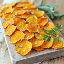 For this recipe, you need 2 large sweet potatoes. Sweet potatoes are sweet, colorful, and packed with nutrients. They are high in fiber, vitamins, and minerals. This makes them a great choice for healthy snacks. Choose firm sweet potatoes, as they will slice better. You will need a few simple seasonings: - 2 tablespoons olive oil - 1 teaspoon sea salt - 1 teaspoon smoked paprika (or your favorite seasoning) - 1/2 teaspoon garlic powder The olive oil helps crisp the chips. Sea salt adds flavor, while smoked paprika gives them a nice kick. Garlic powder adds depth, but feel free to switch it up with other spices! Fresh herbs can add a lovely touch to your chips. Use herbs like rosemary or parsley for garnish if you want. They add color and a fresh taste. This step is optional but highly recommended to enhance your chips! For the full recipe, see the instructions above. You need to preheat your oven to 400°F (200°C). This step is key to getting crispy chips. Line a large baking sheet with parchment paper. This will stop the chips from sticking and make cleanup easy. Wash and peel the sweet potatoes. A vegetable peeler works well for this. Use a mandoline slicer or a sharp knife to cut the sweet potatoes into thin rounds. Aim for a thickness of about 1/8 inch. This helps them cook evenly and become nice and crispy. In a large mixing bowl, combine the sweet potato slices with olive oil, sea salt, smoked paprika, and garlic powder. Toss them gently. You want each slice to be coated well with oil and seasoning. This mix adds great flavor to your chips. Now, you are ready to bake. For the full recipe, check the earlier section. To make your baked sweet potato chips super crispy, follow these steps: - Slice sweet potatoes thinly, about 1/8 inch thick. - Use a mandoline for even slices. - Toss them in olive oil and seasonings, but don’t overdo it. - Spread the slices in a single layer on your baking sheet. - Bake at 400°F (200°C) and flip halfway through. - Watch them closely in the last few minutes. Each chip should have enough space to breathe. This way, they can crisp up nicely all around. To keep your leftover chips fresh, follow these tips: - Let them cool completely before storing. - Place them in an airtight container. - Keep them at room temperature for best results. - Avoid refrigeration; it can make them soggy. If you store them right, they can last for about 2-3 days! Here are some mistakes to steer clear of: - Overlapping the sweet potato slices on the baking sheet. - Skipping the flipping step halfway through baking. - Using too much oil or seasoning. These mistakes can lead to soggy chips. Keep your chips crisp and tasty by following these simple guidelines. For the full recipe, check out the previous section! {{image_4}} You can change the taste of your sweet potato chips easily. Try adding different spices. For a zesty kick, use cayenne pepper. For a sweeter twist, sprinkle some cinnamon. You can also mix in herbs like thyme or dill for unique flavors. Experiment with your favorite seasonings to find your perfect blend. Try these chips in an air fryer for a quicker option. Set it to 375°F (190°C) and cook for about 15 minutes. Shake the basket halfway to ensure even cooking. You can also use a dehydrator to make a crunchy snack. Just set it to 135°F (57°C) and let it run for 6-8 hours. Both methods give you a different texture. These chips taste great on their own, but you can serve them with dips. Try hummus for a healthy option or guacamole for a creamy treat. Salsa or a yogurt dip can also add a fun twist. Serve them with a fresh salad or as a side to your main dish for a crunchy contrast. After enjoying your baked sweet potato chips, store any leftovers properly. Place them in an airtight container. This helps keep them fresh and crispy. You can also use a zip-top bag if you don’t have a container. Just make sure to squeeze out as much air as possible. I recommend waiting until the chips cool completely before storing them. This prevents moisture from making them soggy. When you're ready to enjoy the chips again, reheating is key. The oven works best for this. Preheat your oven to 350°F (175°C). Spread the chips on a baking sheet in a single layer. Heat for about 5-10 minutes. This will help them regain their crispiness. Avoid using the microwave, as it can make them chewy instead of crispy. Baked sweet potato chips can last up to a week in the fridge when stored correctly. If you keep them in a cool, dry place, they can last about 3-5 days. For longer storage, consider freezing them. Just remember, the texture may change upon thawing, but they will still taste great. For the best flavor, consume them within a week. For more details, see the Full Recipe. Yes, you can use an air fryer! Air fryers cook food by circulating hot air, making them great for crispy snacks. To make sweet potato chips in an air fryer, follow these steps: - Preheat the air fryer to 375°F (190°C). - Slice the sweet potatoes thinly, just like in the oven method. - Toss them with olive oil and seasonings as before. - Place the chips in the air fryer basket in a single layer. - Cook for about 15-20 minutes, shaking the basket halfway through. Sweet potatoes are not just tasty; they are also very healthy! Here are some great benefits: - Rich in Nutrients: They have vitamins A, C, and B6, plus potassium. - High in Fiber: Fiber helps with digestion and keeps you full longer. - Low in Calories: They are a filling snack that won’t add many calories. - Antioxidants: They contain antioxidants that help fight free radicals in your body. If you love heat, adding spice is easy! Here are some ideas: - Add cayenne pepper to your seasoning mix for heat. - Sprinkle red pepper flakes on the chips before baking. - Try a spicy seasoning blend, like chili powder or sriracha powder. Dipping sauces can make your snack even better! Here are a few tasty options: - Guacamole: Creamy and rich, it pairs well with the crunch. - Hummus: This adds a nice, savory flavor that complements the chips. - Spicy Mayo: Mix mayo with sriracha for a creamy, spicy kick. - Yogurt Dip: Mix yogurt with herbs and lemon for a fresh dip. For more details on how to make these delightful chips, check the Full Recipe. You now have a complete guide for making baked sweet potato chips. We covered the best ingredients, step-by-step instructions, and tips for success. I shared ways to make them crispy, store leftovers, and avoid common mistakes. We even explored variations and answered frequently asked questions. By following this guide, you can create crispy, tasty chips that everyone will love. Enjoy your healthy snack and get creative with flavors!