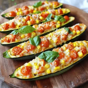 To make Cheesy Zucchini Boats, gather these ingredients: - 4 medium zucchini - 1 cup cherry tomatoes, halved - 1 cup corn kernels (fresh or frozen) - 1 cup shredded mozzarella cheese - 1/2 cup grated Parmesan cheese - 1/4 cup cream cheese, softened - 2 cloves garlic, minced - 1 teaspoon Italian seasoning - Salt and pepper to taste - Fresh basil leaves for garnish When measuring, use dry measuring cups for solids and liquid cups for liquids. If you don’t have cherry tomatoes, you can use diced regular tomatoes. For corn, fresh is best, but frozen works just fine. You can swap mozzarella cheese for cheddar or a dairy-free cheese if you prefer. Cream cheese can be replaced with Greek yogurt for a lighter touch. Adjust the Italian seasoning to your taste; fresh herbs are a great option too. This recipe is both vegetarian and gluten-free. It uses fresh vegetables and dairy, making it a healthy choice. If you want it vegan, substitute the cheese and cream cheese with plant-based options. Always check labels if you're concerned about gluten. Enjoy these tasty boats knowing they fit into many diets! Start by washing the zucchini under cool water. This step removes dirt and any pesticides. Next, slice each zucchini in half lengthwise. Use a spoon to scoop out the seeds and soft flesh. Leave enough flesh to keep the shape strong. Set the removed flesh aside for later. This will help create a tasty filling. In a medium bowl, mix the reserved zucchini flesh with halved cherry tomatoes and corn kernels. Add shredded mozzarella, grated Parmesan, and softened cream cheese. Next, stir in minced garlic, Italian seasoning, and a pinch of salt and pepper. Mix well until all ingredients blend together. This filling is key for flavor and creaminess. Preheat your oven to 375°F (190°C). Lay the zucchini halves on a baking sheet with the cut side facing up. Lightly sprinkle salt in each hollow. Roast the zucchini for about 10 minutes. This helps soften them. Afterward, stuff each zucchini with the cheese filling, packing it in gently. Bake the filled zucchini boats for 20-25 minutes. Look for melted cheese and a golden top. Once done, let them cool slightly before serving. For a fresh touch, add basil leaves on top. For the full recipe, check the details above. To get the best texture for your Cheesy Zucchini Boats, it’s key to roast the zucchini first. This step softens them without making them too mushy. Roast them for about 10 minutes at 375°F (190°C). This short bake helps the zucchini hold their shape. When you scoop out the insides, leave a bit of the flesh. This makes the boats sturdy and ready for filling. Adding herbs and spices can make your zucchini boats shine. I love using Italian seasoning in the filling. It brings warmth and depth. You can also add fresh herbs like basil or parsley for a bright touch. A sprinkle of garlic powder can add more flavor too. Feel free to adjust the salt and pepper to your taste. A pinch of red pepper flakes can bring some heat if you like spice. When serving Cheesy Zucchini Boats, presentation matters. Arrange them on a large plate and drizzle with olive oil. A sprinkle of extra Parmesan cheese on top makes them look fancy. Pair these boats with a light salad for a complete meal. A crisp green salad with lemon vinaigrette complements the rich cheese. You can also serve them with crusty bread to soak up any leftover flavors. For a fun twist, try adding a dollop of salsa or guacamole on the side. Enjoy your delicious creation! {{image_4}} You can change up the filling for your Cheesy Zucchini Boats. If you like meat, try adding cooked ground beef or turkey. This adds protein and a savory taste. For a vegetarian option, mix in black beans or lentils. You can also use cooked quinoa for a healthy twist. If you want a vegan version, swap the cheeses for vegan cheese or nutritional yeast. This keeps the dish creamy and flavorful without dairy. You can cook zucchini boats in different ways. Baking is the most common, but grilling is fun too. Grilling gives the boats a smoky flavor. Just preheat your grill and place the stuffed boats on the grates. Cook for about 15-20 minutes, or until the cheese melts. An air fryer is another quick method. Set it to 350°F and cook for 10-12 minutes. This gives you crispy edges and a warm center. Using seasonal vegetables can elevate your dish. In summer, add bell peppers or fresh corn for a sweet crunch. In the fall, try adding diced butternut squash or mushrooms for a hearty flavor. Seasonal swaps not only taste great but are also better for the environment. They help you enjoy fresh produce while saving money. Your Cheesy Zucchini Boats can be a year-round delight with these fresh choices. You can find the full recipe above to get started on your delicious journey! To keep your Cheesy Zucchini Boats fresh, store them in an airtight container. Place them in the fridge after they cool down. They will stay good for up to three days. If you plan to eat them later, don’t add fresh basil until you serve them. This keeps the herb bright and fresh. When you're ready to eat your leftovers, preheat your oven to 350°F (175°C). Place the zucchini boats on a baking sheet. Cover them with foil to keep them moist. Bake for about 15 minutes or until they are hot. You can also reheat them in a microwave for about 2-3 minutes, but the oven gives a better texture. If you want to freeze the Cheesy Zucchini Boats, it’s best to do this before baking. Prepare the boats as per the Full Recipe, then wrap them tightly in plastic wrap. Place them in a freezer-safe container or bag. They can be frozen for up to two months. When you’re ready to cook, thaw them in the fridge overnight, then bake as directed. Enjoy the taste of summer even in winter! To prevent zucchini from getting soggy, I recommend salting it. After slicing, sprinkle salt inside the hollowed-out zucchini. Let it sit for about 10 minutes. The salt draws out excess moisture. Afterward, pat it dry with a paper towel. This method helps keep your zucchini firm while baking. Yes, you can prepare Cheesy Zucchini Boats ahead of time. You can scoop out the zucchini and make the filling. Store both in separate containers in the fridge. When you’re ready to cook, stuff the zucchini and bake. This saves time and allows for easy entertaining! There are many toppings you can add to make your boats unique. Consider adding cooked sausage or ground turkey for protein. You could also try adding black beans or diced bell peppers. For a spicy kick, sprinkle some red pepper flakes. Fresh herbs like parsley or chives can brighten the dish. Don't forget to check the Full Recipe for more ideas! Cheesy Zucchini Boats are a fun and tasty dish. We covered ingredients, including alternatives for diets. The steps to prepare and bake them are easy to follow. I shared tips for texture, flavor, and serving ideas. You can also explore variations and storage options. In the end, these boats offer flavor and health. Enjoy making your own creations!