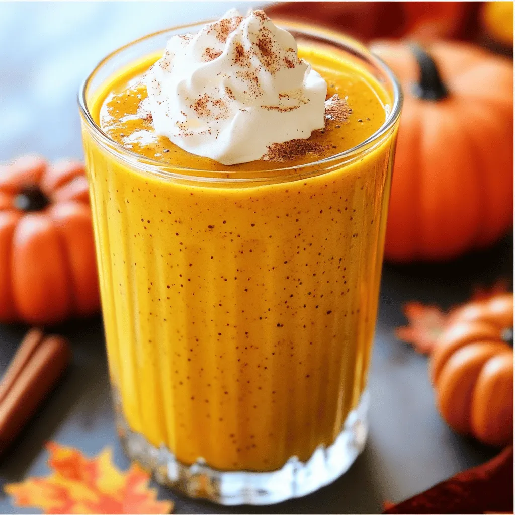 This Pumpkin Pie Smoothie has simple, tasty ingredients. You need: - 1 cup pumpkin puree - 1 ripe banana, frozen - 1 cup almond milk - 1 tablespoon pure maple syrup - 1 teaspoon pumpkin pie spice - 1 tablespoon chia seeds (optional) - 1/2 teaspoon pure vanilla extract - 1/4 cup rolled oats - Ice cubes (optional) These items blend well. They create a creamy and sweet drink. The pumpkin gives it a rich taste. The banana adds creaminess. Maple syrup brings sweetness. You can find the full recipe outlined above. You can swap out some ingredients. If you don’t have pumpkin puree, use sweet potato puree. If you want a different flavor, try coconut milk instead of almond milk. For sweetness, agave syrup works well too. You can even skip the oats if you want a lighter drink. Each ingredient has health perks. Pumpkin puree is high in fiber and vitamins A and C. Bananas provide potassium and energy. Almond milk is low in calories and dairy-free. Maple syrup offers antioxidants. Chia seeds add omega-3 fatty acids and fiber. Oats help you feel full longer. This smoothie is not just tasty; it’s good for you too! To make your pumpkin pie smoothie, follow these easy steps. Start by gathering all your ingredients. If you use fresh pumpkin, cook it until soft. Then, puree it until smooth. This helps give your smoothie a velvety texture. Add the pumpkin puree, frozen banana, almond milk, maple syrup, pumpkin pie spice, and optional chia seeds into your blender. Blend on high until smooth. This ensures all flavors mix well. If you want it colder, add ice cubes and blend again. Once blended, taste your smoothie. Adjust sweetness with extra maple syrup if needed. Pour the smoothie into clear glasses to show off its vibrant color. For a final touch, sprinkle pumpkin pie spice on top. This makes your smoothie look and taste even better! You can change the sweetness in your pumpkin pie smoothie easily. If you like it sweeter, add more maple syrup. For less sweetness, reduce the syrup. You can also try using honey instead. Just remember, small changes can make a big difference. Taste your smoothie after blending. This way, you can adjust the flavor just right. Want to turn your smoothie into a meal? Add rolled oats, or nut butter. Both options make it filling and nutritious. You can also toss in some protein powder. This gives you energy for the day. The oats and nut butter blend well with the pumpkin flavor. It’s a tasty way to get a complete meal in a glass. Smoothies can be thick or thin, based on your choice. If you want a thicker smoothie, add more rolled oats or banana. For a thinner texture, pour in a bit more almond milk. You can also add ice cubes before blending for a frostier drink. Experiment with the texture until it feels just right for you. Enjoy your pumpkin pie smoothie the way you love it! Check out the Full Recipe for all the details. {{image_4}} You can easily change your pumpkin pie smoothie for different seasons. In fall, add a bit of apple butter for a sweet twist. In winter, toss in some peppermint extract for a festive flavor. In spring, mix in fresh berries to brighten the taste. Each season brings fun options to keep your smoothie exciting. This smoothie is great for everyone. To make it dairy-free, simply use almond milk, coconut milk, or oat milk. These options taste great and keep the smoothie creamy. If you want a vegan twist, use maple syrup instead of honey. This way, you can enjoy the same rich flavor without any dairy. Spices make your smoothie pop. Besides pumpkin pie spice, you can use ground cinnamon and nutmeg. A touch of ginger adds a nice kick, too. Experiment with these spices to find your favorite mix. Just remember, a little goes a long way. The right spices can take your pumpkin pie smoothie to the next level! For the full recipe, check out the Autumn Delight Pumpkin Pie Smoothie. After making your pumpkin pie smoothie, you may have some left. Pour any leftovers into an airtight container. Seal it tight, and place it in the fridge. This keeps your smoothie fresh for up to two days. Give it a good shake before you drink it again. If it separates, that's normal. Making smoothie packs is simple and fun. Measure out your ingredients and place them in freezer bags. For this smoothie, use pumpkin puree, banana, and oats. Label the bags with the date. When you want a smoothie, just grab a pack. Blend the frozen ingredients with almond milk and spices. This method saves time and reduces waste. Knowing how long your ingredients last helps you plan better. Here’s a quick guide: - Pumpkin puree: Canned pumpkin lasts for 1-2 years unopened. Once opened, use it within 5-7 days. - Bananas: Fresh bananas ripen quickly. Use them within a week for the best taste. - Almond milk: Unopened, it lasts for months. Once opened, use it within 7-10 days. - Chia seeds: These can last up to 2 years if stored in a cool, dark place. By keeping track of shelf life, you can make the most out of your ingredients. Enjoy your pumpkin pie smoothie while keeping things fresh and tasty! Yes, you can use fresh pumpkin. Just cook it until soft. Then, puree it until smooth. Fresh pumpkin gives a vibrant flavor. However, canned pumpkin is handy and saves time. Both options work well for this recipe. To make your smoothie thicker, add rolled oats. They give a nice texture and fiber. Chia seeds also help. They expand and soak up liquid. You can even freeze your banana for extra creaminess. Another tip is to use less almond milk. Start with a little, then add more if needed. Prepare your smoothie ingredients ahead of time. You can mix and freeze them in bags. When ready to blend, just grab a bag. This makes mornings easy. You can also store blended smoothies in jars. Keep them in the fridge for up to 24 hours. Just shake well before drinking. For more details, check the Full Recipe. This blog post covers everything you need to know about smoothies. We explored the best ingredients, step-by-step instructions, and useful tips. You learned how to customize flavors and textures, and even how to store your smoothies for later. Remember, smoothies can be healthy and delicious with simple tweaks. Use fresh ingredients or seasonal add-ins to keep it fun. Now, you have the tools to make great smoothies. Enjoy blending and experimenting with your new recipes!
