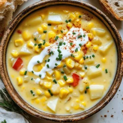 - Fresh vs. Canned Corn Fresh corn gives the best flavor. You can use it if it's in season. If fresh corn is not available, canned corn works too. Just make sure to drain it well. Both options will taste great in your chowder. - Options for Heavy Cream (Including Vegan Alternatives) Heavy cream adds richness. If you want a lighter option, use coconut milk. This gives a nice creamy texture and is great for vegans too. Other options include almond milk or cashew cream, but they may alter the taste a bit. - Importance of Fresh Vegetables Fresh vegetables make your chowder pop. Use a mix of onions, carrots, and bell peppers. These not only add flavor but also color. Fresh ingredients make the dish more vibrant and tasty. - Role of Thyme and Smoked Paprika Thyme adds a lovely earthiness to the chowder. Smoked paprika gives a warm, smoky flavor. Together, they enhance the taste and make the chowder more inviting. - Adjusting Seasoning to Taste Always taste your chowder as you cook. You may want more salt or pepper. Adjusting the seasoning helps you find the perfect balance. Don’t be afraid to play with flavors until you love it! For the full recipe, check out the [Full Recipe]. To start, sauté the aromatics. Heat the olive oil in a large pot over medium heat. Add the finely diced onion and minced garlic. Stir often until the onion turns translucent and fragrant. This usually takes about 3-4 minutes. Next, incorporate the vegetables for flavor. Add the diced carrots and red bell pepper to the pot. Cook these colorful veggies for another 3-4 minutes, stirring occasionally. You want them to soften but not lose their crunch. Now, it’s time to cook the chowder. Stir in the diced potatoes and corn kernels with the sautéed vegetables. This step builds a strong flavor base. Then, pour in the vegetable broth and raise the heat to bring the mixture to a boil. Once it boils, reduce the heat to low. Add the dried thyme, smoked paprika, salt, and pepper. Allow the chowder to simmer gently for about 15-20 minutes, or until the potatoes are fork-tender. After simmering, blending adds creaminess. You can use an immersion blender to puree part of the chowder right in the pot. If you prefer, transfer it in batches to a standard blender. Blend until you reach your desired level of creaminess. Finally, finish with cream. Stir in the heavy cream or coconut milk into the chowder. Mix gently to incorporate. Heat the mixture for an additional 5 minutes, but do not let it boil again. Taste and adjust the seasoning if needed. For the full recipe, see the earlier section. Enjoy your creamy corn chowder! Ways to Enhance Creaminess To make your chowder extra creamy, use a mix of heavy cream and pureed corn. This adds depth and richness. You can add cream gradually. Blend some of the chowder to thicken it. This method gives you control over the creaminess. If you want a vegan option, use coconut milk. It offers a lovely creaminess and a hint of sweetness. Timing and Temperature Considerations Cook your vegetables until soft, but not mushy. Overcooking can lead to a bland taste. Keep the heat steady when simmering. This helps all the flavors meld without losing texture. When adding cream, heat gently to avoid boiling. Boiling can cause cream to separate, ruining that smooth texture. Overcooking Vegetables When you cook the vegetables, watch the time. Overcooked veggies lose their bright flavor and crunch. Sauté them just until soft and fragrant. This keeps them vibrant and tasty. Unbalanced Seasoning Taste as you cook. If the chowder lacks flavor, add more salt and spices. A balanced seasoning enhances the dish. Use fresh herbs or a squeeze of lemon for freshness. Adjust the seasoning at the end for best results. {{image_4}} You can easily adapt creamy corn chowder to fit different diets. If you want a vegan version, replace heavy cream with coconut milk. This change keeps the chowder creamy and rich while being plant-based. It tastes great and is perfect for those avoiding animal products. For gluten-free options, check your vegetable broth label. Some contain gluten, so choose one that is certified gluten-free. The rest of the ingredients are already gluten-free, making this chowder easy to enjoy for everyone. If you like protein, try adding bacon or chicken. For bacon, cook it first until crispy, then add it to the chowder just before serving. You can also use cooked chicken, diced into small pieces. Stir it in during the last few minutes of cooking, so it warms through. To make your chowder even tastier, think about adding spices and herbs. A dash of cayenne pepper can add a nice kick. Fresh herbs like parsley or cilantro can brighten the dish. Just sprinkle them on top when serving for a fresh touch. You can also add more vegetables to the mix. Try including diced zucchini or sweet corn for a pop of color and flavor. Peas or green beans can work well too. Just remember to adjust the cooking time based on the vegetables you choose. Keep them tender but not mushy. For the full recipe, check the link provided and get cooking! - Use airtight containers to keep chowder fresh. Glass containers work well. - Fill the container to the top to limit air exposure. - Label the container with the date for easy tracking. When you store leftovers properly, the chowder stays tasty. Let it cool to room temperature before sealing it. This helps prevent condensation. To reheat, pour the chowder into a pot. Heat over low to medium heat, stirring often. This keeps the cream from separating. If it’s too thick, add a little broth or water. - To freeze, let the chowder cool completely. - Pour it into freezer-safe bags or containers. - Leave some space at the top for expansion. Freezing is great for long-term storage. Creamy corn chowder can last up to three months in the freezer. When ready to eat, move it to the fridge overnight to thaw. For reheating, you can use the stove or microwave. If using the stove, heat slowly and stir often. This helps keep the chowder creamy and delicious. How to Make Corn Chowder Thicker? To thicken corn chowder, you have a few options. You can mash some of the potatoes in the pot. This adds body and creaminess. Another method is to mix cornstarch with cold water, then stir it into the chowder. Allow it to simmer for a few minutes. This will help thicken the soup without changing the flavor. Can I Use Frozen Corn Instead of Fresh? Yes, you can use frozen corn in your chowder. It is a great time-saver and often just as sweet as fresh corn. Just add it to the pot during the cooking stage. No need to thaw it first! Frozen corn cooks quickly and blends well into the chowder. What to Serve with Corn Chowder? Corn chowder pairs well with many sides. You can serve it with warm, crusty bread for dipping. A fresh green salad adds a nice crunch. For a heartier meal, consider grilled cheese sandwiches or quesadillas. These options complement the creamy texture of the chowder. Can I Substitute the Cream with Milk? You can use milk instead of heavy cream. However, keep in mind that milk will make the chowder less rich. If you want a creamier texture, try using half-and-half or a plant-based milk like coconut milk. These options can still give you a lovely flavor. What's the Best Way to Cut Fresh Corn Off the Cob? To cut corn off the cob, start by standing the cob upright in a bowl. Use a sharp knife to slice downwards, removing the kernels. Rotate the cob and continue until all kernels are cut off. This method keeps the kernels from flying everywhere! How Long Does Creamy Corn Chowder Last in the Fridge? Creamy corn chowder can last about 3-4 days in the fridge. Store it in an airtight container to keep it fresh. When reheating, warm it gently on the stove or in the microwave. Avoid boiling it again, as this can change the texture. For longer storage, consider freezing it! For the full recipe, check out the earlier sections. In this blog post, we explored how to make tasty creamy corn chowder. We discussed the best ingredients, like fresh corn and vegetables, and spices that boost flavor. I shared step-by-step cooking tips, from preparing the base to blending for creaminess. Finally, we covered storage tips and common questions. Now you can enjoy a warm bowl of chowder anytime. Remember, practice improves your skills. Happy cooking!