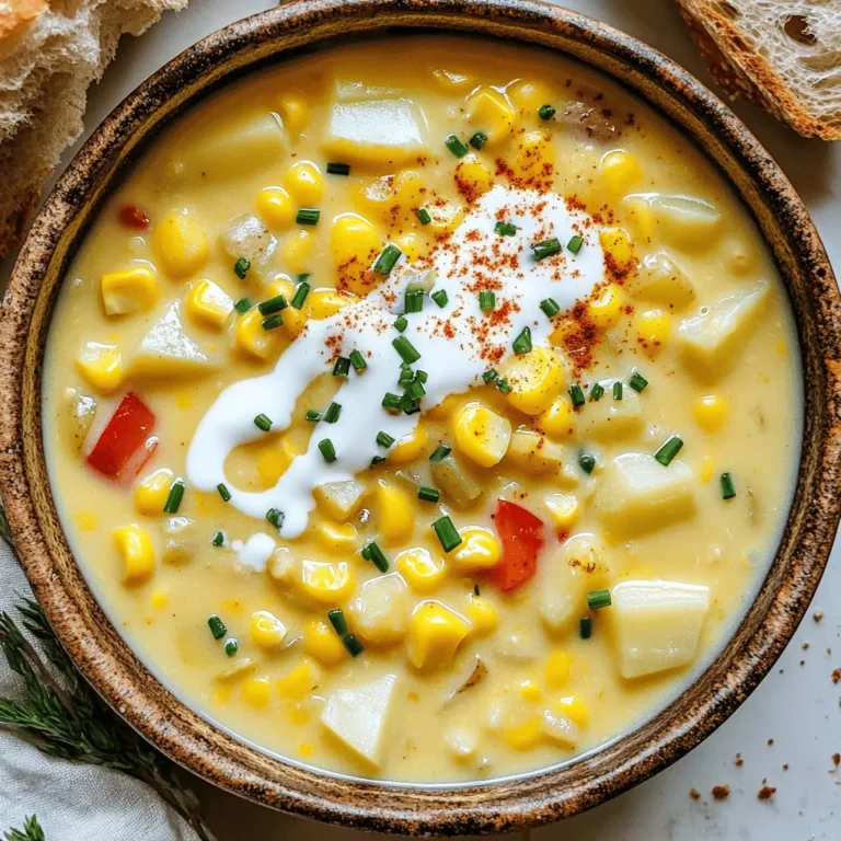 - Fresh vs. Canned Corn Fresh corn gives the best flavor. You can use it if it's in season. If fresh corn is not available, canned corn works too. Just make sure to drain it well. Both options will taste great in your chowder. - Options for Heavy Cream (Including Vegan Alternatives) Heavy cream adds richness. If you want a lighter option, use coconut milk. This gives a nice creamy texture and is great for vegans too. Other options include almond milk or cashew cream, but they may alter the taste a bit. - Importance of Fresh Vegetables Fresh vegetables make your chowder pop. Use a mix of onions, carrots, and bell peppers. These not only add flavor but also color. Fresh ingredients make the dish more vibrant and tasty. - Role of Thyme and Smoked Paprika Thyme adds a lovely earthiness to the chowder. Smoked paprika gives a warm, smoky flavor. Together, they enhance the taste and make the chowder more inviting. - Adjusting Seasoning to Taste Always taste your chowder as you cook. You may want more salt or pepper. Adjusting the seasoning helps you find the perfect balance. Don’t be afraid to play with flavors until you love it! For the full recipe, check out the [Full Recipe]. To start, sauté the aromatics. Heat the olive oil in a large pot over medium heat. Add the finely diced onion and minced garlic. Stir often until the onion turns translucent and fragrant. This usually takes about 3-4 minutes. Next, incorporate the vegetables for flavor. Add the diced carrots and red bell pepper to the pot. Cook these colorful veggies for another 3-4 minutes, stirring occasionally. You want them to soften but not lose their crunch. Now, it’s time to cook the chowder. Stir in the diced potatoes and corn kernels with the sautéed vegetables. This step builds a strong flavor base. Then, pour in the vegetable broth and raise the heat to bring the mixture to a boil. Once it boils, reduce the heat to low. Add the dried thyme, smoked paprika, salt, and pepper. Allow the chowder to simmer gently for about 15-20 minutes, or until the potatoes are fork-tender. After simmering, blending adds creaminess. You can use an immersion blender to puree part of the chowder right in the pot. If you prefer, transfer it in batches to a standard blender. Blend until you reach your desired level of creaminess. Finally, finish with cream. Stir in the heavy cream or coconut milk into the chowder. Mix gently to incorporate. Heat the mixture for an additional 5 minutes, but do not let it boil again. Taste and adjust the seasoning if needed. For the full recipe, see the earlier section. Enjoy your creamy corn chowder! Ways to Enhance Creaminess To make your chowder extra creamy, use a mix of heavy cream and pureed corn. This adds depth and richness. You can add cream gradually. Blend some of the chowder to thicken it. This method gives you control over the creaminess. If you want a vegan option, use coconut milk. It offers a lovely creaminess and a hint of sweetness. Timing and Temperature Considerations Cook your vegetables until soft, but not mushy. Overcooking can lead to a bland taste. Keep the heat steady when simmering. This helps all the flavors meld without losing texture. When adding cream, heat gently to avoid boiling. Boiling can cause cream to separate, ruining that smooth texture. Overcooking Vegetables When you cook the vegetables, watch the time. Overcooked veggies lose their bright flavor and crunch. Sauté them just until soft and fragrant. This keeps them vibrant and tasty. Unbalanced Seasoning Taste as you cook. If the chowder lacks flavor, add more salt and spices. A balanced seasoning enhances the dish. Use fresh herbs or a squeeze of lemon for freshness. Adjust the seasoning at the end for best results. {{image_4}} You can easily adapt creamy corn chowder to fit different diets. If you want a vegan version, replace heavy cream with coconut milk. This change keeps the chowder creamy and rich while being plant-based. It tastes great and is perfect for those avoiding animal products. For gluten-free options, check your vegetable broth label. Some contain gluten, so choose one that is certified gluten-free. The rest of the ingredients are already gluten-free, making this chowder easy to enjoy for everyone. If you like protein, try adding bacon or chicken. For bacon, cook it first until crispy, then add it to the chowder just before serving. You can also use cooked chicken, diced into small pieces. Stir it in during the last few minutes of cooking, so it warms through. To make your chowder even tastier, think about adding spices and herbs. A dash of cayenne pepper can add a nice kick. Fresh herbs like parsley or cilantro can brighten the dish. Just sprinkle them on top when serving for a fresh touch. You can also add more vegetables to the mix. Try including diced zucchini or sweet corn for a pop of color and flavor. Peas or green beans can work well too. Just remember to adjust the cooking time based on the vegetables you choose. Keep them tender but not mushy. For the full recipe, check the link provided and get cooking! - Use airtight containers to keep chowder fresh. Glass containers work well. - Fill the container to the top to limit air exposure. - Label the container with the date for easy tracking. When you store leftovers properly, the chowder stays tasty. Let it cool to room temperature before sealing it. This helps prevent condensation. To reheat, pour the chowder into a pot. Heat over low to medium heat, stirring often. This keeps the cream from separating. If it’s too thick, add a little broth or water. - To freeze, let the chowder cool completely. - Pour it into freezer-safe bags or containers. - Leave some space at the top for expansion. Freezing is great for long-term storage. Creamy corn chowder can last up to three months in the freezer. When ready to eat, move it to the fridge overnight to thaw. For reheating, you can use the stove or microwave. If using the stove, heat slowly and stir often. This helps keep the chowder creamy and delicious. How to Make Corn Chowder Thicker? To thicken corn chowder, you have a few options. You can mash some of the potatoes in the pot. This adds body and creaminess. Another method is to mix cornstarch with cold water, then stir it into the chowder. Allow it to simmer for a few minutes. This will help thicken the soup without changing the flavor. Can I Use Frozen Corn Instead of Fresh? Yes, you can use frozen corn in your chowder. It is a great time-saver and often just as sweet as fresh corn. Just add it to the pot during the cooking stage. No need to thaw it first! Frozen corn cooks quickly and blends well into the chowder. What to Serve with Corn Chowder? Corn chowder pairs well with many sides. You can serve it with warm, crusty bread for dipping. A fresh green salad adds a nice crunch. For a heartier meal, consider grilled cheese sandwiches or quesadillas. These options complement the creamy texture of the chowder. Can I Substitute the Cream with Milk? You can use milk instead of heavy cream. However, keep in mind that milk will make the chowder less rich. If you want a creamier texture, try using half-and-half or a plant-based milk like coconut milk. These options can still give you a lovely flavor. What's the Best Way to Cut Fresh Corn Off the Cob? To cut corn off the cob, start by standing the cob upright in a bowl. Use a sharp knife to slice downwards, removing the kernels. Rotate the cob and continue until all kernels are cut off. This method keeps the kernels from flying everywhere! How Long Does Creamy Corn Chowder Last in the Fridge? Creamy corn chowder can last about 3-4 days in the fridge. Store it in an airtight container to keep it fresh. When reheating, warm it gently on the stove or in the microwave. Avoid boiling it again, as this can change the texture. For longer storage, consider freezing it! For the full recipe, check out the earlier sections. In this blog post, we explored how to make tasty creamy corn chowder. We discussed the best ingredients, like fresh corn and vegetables, and spices that boost flavor. I shared step-by-step cooking tips, from preparing the base to blending for creaminess. Finally, we covered storage tips and common questions. Now you can enjoy a warm bowl of chowder anytime. Remember, practice improves your skills. Happy cooking!