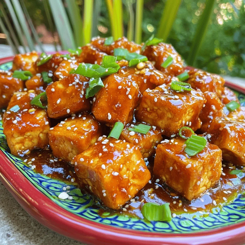 - Tofu: Use firm tofu for the best texture. Press it to remove water. Cut it into 1-inch cubes for even frying. - Sauce Ingredients: - 1 tablespoon sesame oil for depth of flavor. - 4 cloves garlic, minced for a strong aroma. - 1-inch piece of fresh ginger, minced for zest. - 1/2 cup soy sauce adds saltiness. - 1/4 cup rice vinegar gives a tangy kick. - 1/4 cup granulated sugar balances the flavors. - 1 tablespoon chili paste for heat. Adjust based on your spice level. - Garnishes: - 2 green onions, chopped to add freshness. - Sesame seeds for crunch and visual appeal. This combination of ingredients creates the perfect balance of crispy and flavorful. For the full recipe, check out the related section. 1. Preheat the oven: Set your oven to 300°F (150°C). This keeps the tofu warm after frying. 2. Press and cut the tofu: Start with a block of firm tofu. Drain it well, then press it for about 30 minutes. This removes extra moisture. Cut the tofu into 1-inch cubes for even cooking. 1. Coating the tofu with cornstarch: Take a large mixing bowl and add 1 cup of cornstarch. Toss the tofu cubes in the cornstarch until each piece is coated. This gives the tofu that crispy texture. 2. Frying the tofu: In a large skillet, pour in vegetable oil to reach about 1/2 inch deep. Heat the oil over medium-high heat until it shimmers. Add tofu cubes in small batches. Fry each side for about 3-4 minutes until golden brown. Remove them and place on a paper towel-lined tray. To keep them warm, transfer the fried tofu to the preheated oven. 1. Sautéing garlic and ginger: In the same skillet, lower the heat to medium. Add 1 tablespoon of sesame oil. Stir in 4 cloves of minced garlic and 1-inch piece of minced ginger. Cook for about 1 minute until fragrant. 2. Mixing and simmering the sauce: Pour in 1/2 cup of soy sauce, 1/4 cup of rice vinegar, 1/4 cup of granulated sugar, and 1 tablespoon of chili paste. Stir well to combine everything. Let it simmer for 2-3 minutes to thicken. Now your crispy General Tso's tofu is almost ready! For the full recipe, check the earlier section. To get crispy tofu, start with firm tofu. Press it well to remove moisture. This step helps the tofu fry better and achieve a nice crunch. Cut the tofu into 1-inch cubes. Uniform pieces cook evenly. Heat your vegetable oil in a large skillet. The ideal temperature for frying is around 350°F (175°C). You can check this by dropping a small piece of tofu in the oil. If it sizzles right away, the oil is ready. Avoid overcrowding the pan. Fry the tofu in small batches to keep the oil hot. When serving crispy General Tso’s tofu, a shallow bowl works well. This keeps the tofu visible and makes it look nice. You can add a bed of steamed jasmine rice. This rice soaks up the flavorful sauce. Pair your tofu with steamed broccoli or snap peas for a healthy side. A fresh cucumber salad adds a nice crunch too. These sides balance the meal well. This dish serves four and packs a tasty punch. Each serving has about 300 calories. The macronutrient breakdown is roughly 15 grams of protein, 12 grams of fat, and 36 grams of carbs. For more details, you can check the Full Recipe for specific nutritional values. Enjoy your cooking adventure! {{image_4}} You can adjust the spice level of your crispy General Tso's tofu. If you prefer less heat, use less chili paste. For more kick, add extra chili paste or fresh chili peppers. You can also swap the soy sauce for a low-sodium version. This helps reduce the salt content without losing flavor. If you have dietary restrictions, try these substitutes: - Use tamari instead of soy sauce for a gluten-free option. - Replace granulated sugar with maple syrup or agave nectar for a vegan choice. - Switch out sesame oil for another oil if allergies are a concern. While tofu shines in this dish, other plant-based proteins work well too. Consider using: - Tempeh: It has a firmer texture and nutty flavor. - Seitan: This wheat-based protein offers a chewy texture. - Chickpeas: They add a different bite and absorb flavors well. These alternatives can give your meal a unique twist while keeping it plant-based. The sauce can be customized to suit your taste. Here are some ideas: - Add orange juice or zest for a citrus twist. - Mix in hoisin sauce for extra sweetness and depth. - Use peanut sauce for a rich, nutty flavor. Experiment with these sauces to create your perfect crispy General Tso's tofu. The full recipe offers a great base to start from. To store leftovers, let the tofu cool down first. Place it in an airtight container. Keep your container in the fridge. It will stay fresh for about 3 to 4 days. When you are ready to eat, remember to check for any signs of spoilage. If it smells off or looks strange, it’s best to toss it. To reheat your crispy tofu, use the oven or a skillet. Preheat the oven to 350°F (175°C). Spread the tofu on a baking sheet. Heat for about 10-15 minutes, turning halfway. This helps it stay crispy. If you use a skillet, add a splash of oil. Heat on medium until warm, but do not overcook. You can freeze General Tso’s tofu! However, the texture may change. To freeze, pack the tofu in a freezer-safe bag. Remove as much air as possible. It will keep well for about 2 months. When you are ready to eat, thaw it in the fridge overnight. Reheat as mentioned above for the best results. How do I get my tofu extra crispy? To make your tofu extra crispy, use firm tofu and press it well. After pressing, coat each cube with cornstarch. Fry the tofu in hot oil until golden brown. Frying in small batches helps keep the oil hot. Can I make this recipe gluten-free? Yes, you can make this recipe gluten-free. Simply use tamari instead of soy sauce. Ensure that all other ingredients, like rice vinegar and chili paste, are gluten-free as well. What can I serve with General Tso’s Tofu? I love serving General Tso’s Tofu with steamed jasmine rice or stir-fried vegetables. You can also pair it with a fresh salad or spring rolls for a complete meal. How do I press tofu properly? To press tofu, wrap it in a clean kitchen towel. Place a heavy object, like a cast iron skillet, on top. Let it sit for 15-30 minutes. This removes excess moisture, giving you better texture when cooking. How long does leftover General Tso's tofu last? Leftover General Tso’s Tofu lasts about 3-4 days in the fridge. Store it in an airtight container to keep it fresh. Reheat it in a skillet for the best texture. For the complete recipe, check out the Full Recipe. This blog post covered everything you need for perfect General Tso’s tofu. We looked at key ingredients, simple cooking steps, and useful tips. I shared ways to customize the dish and important storage tips. Lastly, we answered common questions to help you succeed. Now, you can make this dish your own. With practice, you’ll master the art of crispy tofu. Enjoy your cooking journey!