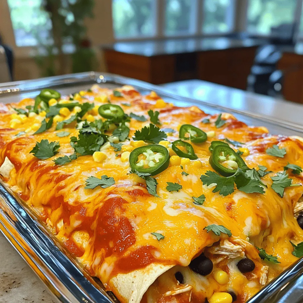 - 2 cups cooked chicken, shredded - 1 cup cream cheese, softened - 1 cup shredded cheddar cheese, plus extra for topping - 1 cup shredded Monterey Jack cheese - 1 cup enchilada sauce (red or green) - 8 small flour tortillas - 1/2 cup black beans, drained and rinsed - 1/2 cup corn kernels - 1 teaspoon ground cumin - 1 teaspoon chili powder - 1/2 teaspoon garlic powder - Salt and pepper to taste - Chopped fresh cilantro for garnish - Sliced jalapeños for optional heat Gather all these ingredients before you start. Each one plays a key role in making the dish rich and tasty. You can use leftover chicken or rotisserie chicken to save time. Cream cheese adds a creamy texture and helps bind the filling. The cheeses bring a delicious flavor, while the enchilada sauce gives it that classic taste. Black beans and corn add texture and color. - Mixing bowl - Baking dish (9x13 inch) - Spatula or spoon - Aluminum foil These simple tools will help you create this yummy meal. A good mixing bowl is key for combining your filling. The baking dish holds everything together as it cooks. A spatula or spoon helps you scoop and spread. Aluminum foil keeps your dish moist while baking. With everything ready, you can dive right into making your Chicken and Cheese Enchiladas Bake. For the full recipe, check out the detailed steps in the main article. - Preheat the oven to 375°F (190°C). This makes sure your enchiladas cook evenly. - In a large bowl, mix together all the filling ingredients. Combine the shredded chicken, cream cheese, half of the cheddar cheese, cumin, chili powder, garlic powder, black beans, corn, and a bit of salt and pepper. Stir well until smooth. - Pour a layer of enchilada sauce into the bottom of a 9x13 inch baking dish. This helps the tortillas not stick. - Take a flour tortilla and spoon some of the chicken mixture into the center. Roll it tightly and place it seam-side down in the dish. Repeat this for all the tortillas. - Pour the remaining enchilada sauce over the rolled tortillas. Make sure every part is covered. - Sprinkle the rest of the cheddar cheese and Monterey Jack cheese on top. - Cover the dish with aluminum foil to keep the cheese from burning. Bake for 25 minutes. - After 25 minutes, take off the foil and bake for another 15 minutes. This browns the cheese nicely. For the full recipe, check the details above. Enjoy making this easy family meal! To prevent tortillas from breaking, warm them first. Heat them on a hot skillet for about 10 to 15 seconds on each side. This makes them soft and easy to roll. If you skip this step, they may crack and ruin your enchiladas. Adjusting spice levels is simple. If you like heat, add sliced jalapeños or extra chili powder. For milder flavors, reduce the chili powder and skip the jalapeños. You can always add more spice later, but it's hard to take it out once it's in! For side dishes, a refreshing green salad pairs well. You can also serve creamy guacamole or chips with salsa. These add nice texture and flavor alongside the enchiladas. To enhance flavor, try topping with fresh cilantro or avocado slices. You can also drizzle some sour cream or add a squeeze of lime. These toppings add color and a burst of taste to your meal. For the full recipe, check out the [Full Recipe]. Enjoy making your chicken and cheese enchiladas bake! {{image_4}} You can easily change the protein in this dish. Try using ground beef or turkey for a richer taste. For a meatless option, black beans or lentils work well too. Each protein brings its unique flavor to the enchiladas. You can also swap out the cheese types. For a sharp taste, try pepper jack cheese. If you want something milder, use mozzarella. Mixing different cheeses can create new and exciting flavors. If you need gluten-free options, choose corn tortillas instead of flour. This keeps the dish safe for those with gluten issues. Look for gluten-free enchilada sauce too. For dairy-free options, use dairy-free cream cheese and cheese. Many brands offer tasty alternatives. You can still enjoy creamy and cheesy enchiladas without dairy. If you follow a vegan diet, replace chicken with sautéed mushrooms or jackfruit. These add great texture. Use vegan cheese to keep it plant-based and tasty. These variations make the Chicken and Cheese Enchiladas Bake flexible for everyone. You can create your own twist while keeping it delicious. For the full recipe, check out the ingredients and instructions. To store leftovers in the refrigerator, first let them cool down. Place the enchiladas in an airtight container. They can stay fresh for about 3 to 4 days. If you want to freeze enchiladas for later use, wrap them tightly in plastic wrap. Then, put them in a freezer-safe bag or container. They will last up to 3 months in the freezer. When ready to eat, just thaw them overnight in the fridge. For the best texture, reheat your enchiladas in the oven. Preheat it to 350°F (175°C). Place the enchiladas in a baking dish and cover with foil. Bake for about 20 minutes. This helps keep them moist. To keep cheese from drying out, add a splash of enchilada sauce or a bit of water before reheating. This adds moisture and keeps the cheese creamy. Enjoy your delicious enchiladas again! Yes, you can prepare the enchiladas a day in advance. Store them in the fridge before baking. This makes meal prep easy. Just cover the dish tightly with plastic wrap or aluminum foil. When you are ready to bake, remove the cover and bake as directed. You may need to add a few extra minutes to the baking time. Great side dishes include: - Mexican rice - Refried beans - Fresh guacamole - A crisp green salad - Corn on the cob These sides add color and flavor to your meal. They complement the enchiladas perfectly. Leftovers last about three to four days in the fridge. Store them in an airtight container. Always check for any off smells or mold before eating. If you want to keep them longer, you can freeze them. They will last up to three months in the freezer. Yes, you can use corn tortillas. They add a nice flavor and texture. However, they may break more easily. To avoid this, warm them in a skillet or microwave before filling. Flour tortillas are softer and hold up better during baking. Choose based on your taste and preference. This post walked through making delicious Chicken and Cheese Enchiladas. We covered key ingredients, easy steps, and helpful tips. You can mix in your favorite flavors and adjust heat levels. Storing and reheating leftovers is a breeze, ensuring no meal goes to waste. Enjoy making these enchiladas with friends and family. Trust me, they will love every bite! Your kitchen adventures just got tastier, so get cooking!