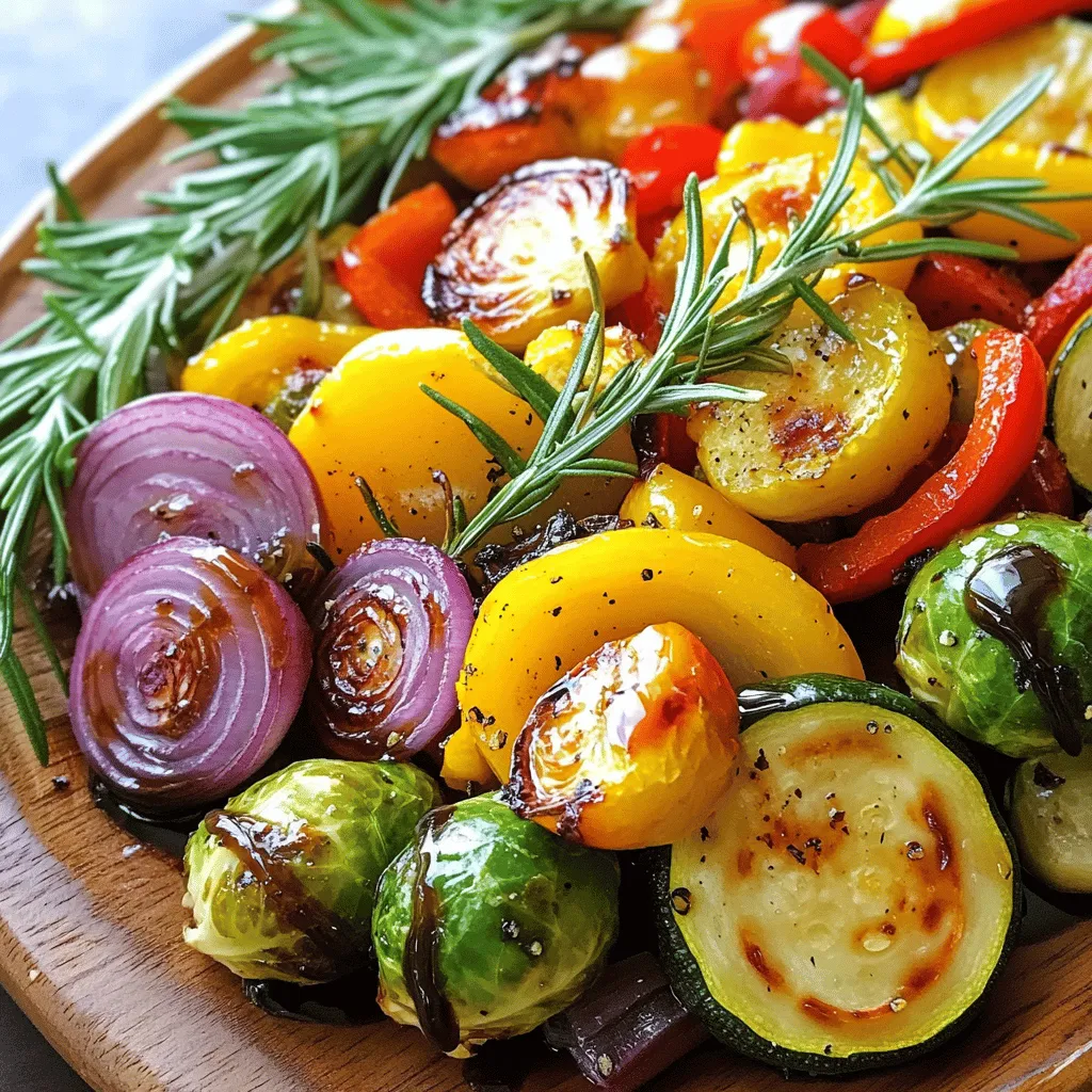 - 1 medium zucchini - 1 red bell pepper - 1 yellow bell pepper - 1 small red onion - 2 cups Brussels sprouts - 3 tablespoons balsamic vinegar - 2 tablespoons extra virgin olive oil - 1 tablespoon honey - 3 cloves garlic - Salt and black pepper - Fresh herbs for garnish Using fresh vegetables makes a big difference in taste. Fresh veggies hold more nutrients. They also provide vibrant colors and better textures. When you bite into a fresh vegetable, you get the real flavor. Quality balsamic vinegar is crucial too. It should be rich and thick, with a sweet touch. Good balsamic vinegar enhances the overall flavor of the dish. It gives a deep, tangy taste that pairs well with the veggies. Always choose the best ingredients you can find for this recipe. They make your Balsamic Roasted Veggies truly shine. For the full recipe, check out Balsamic Bliss Roasted Veggies. First, preheat your oven to 425°F (220°C). This step ensures your veggies cook evenly and roast nicely. While the oven heats, wash and slice your vegetables. For this recipe, you'll need: - 1 medium zucchini, sliced into half-moons - 1 red bell pepper, cut into bite-sized pieces - 1 yellow bell pepper, cut into bite-sized pieces - 1 small red onion, cut into wedges - 2 cups Brussels sprouts, ends trimmed and halved In a large bowl, combine all the sliced veggies. Toss them gently to mix them well. Next, let's make the balsamic dressing. You will need: - 3 tablespoons balsamic vinegar - 2 tablespoons extra virgin olive oil - 1 tablespoon honey - 3 cloves garlic, minced - Salt and freshly cracked black pepper, to taste In a small bowl, whisk the balsamic vinegar, olive oil, honey, minced garlic, and a pinch of salt and pepper. Keep mixing until you get a smooth dressing. This dressing adds great flavor to your veggies. Now it's time to coat the vegetables. Pour the balsamic dressing over the veggies in the large bowl. Use a spatula to toss everything together. Make sure each piece is well-coated with the dressing. Prepare a large baking sheet by lining it with parchment paper. Spread the coated veggies out in a single layer. Avoid overcrowding the pan; this helps them roast better. Place the baking sheet in the preheated oven. Roast the veggies for 25-30 minutes. Stir them halfway through to ensure even cooking. You want them tender and caramelized. Once done, take the baking sheet out and let the veggies cool for a few minutes. Serve them hot, garnished with fresh herbs for a lovely touch. Enjoy this flavorful dish! For the full recipe, check out Balsamic Bliss Roasted Veggies. To get great roasted veggies, avoid overcrowding the baking sheet. When veggies sit too close, they steam instead of roast. Give them space! Spread them out in a single layer. This way, they get crispy and caramelized. You can tell when veggies are done by looking for golden edges and a tender inside. A fork should easily slide through them. If they look shiny and slightly wrinkled, they are ready! To make your veggies even tastier, add herbs like oregano or basil. They pair well with balsamic vinegar. You can also sprinkle in some red pepper flakes for a little heat. If you want a different sweet note, try maple syrup instead of honey. It adds a unique depth to the flavors. Garnishing makes your dish pop! Use fresh rosemary or thyme sprigs on top. They add color and a nice aroma. When serving, consider placing the veggies on a colorful plate. This makes the dish look more inviting. You can also add a drizzle of balsamic glaze for extra flair. For the full details on making this dish, check the Full Recipe. {{image_4}} You can change the veggies based on what’s in season. In summer, add sweet corn or fresh tomatoes for a burst of flavor. In fall, try root vegetables like carrots or sweet potatoes. They bring a lovely heartiness to the dish. You can mix and match these veggies to keep things fresh and exciting. Have fun with different vinegars! Swap balsamic for apple cider vinegar or red wine vinegar for unique tastes. You can also add cheese for richness. Feta brings a tangy flavor, while Parmesan adds a nutty touch. Just sprinkle it on the veggies right before serving for a cheesy finish. This recipe fits many diets! It’s vegan and gluten-free as it stands. If you want a low-carb option, skip the honey or use a sweetener with fewer carbs. You can enjoy this dish while keeping your dietary needs in mind. Each twist allows you to enjoy flavors and meet your health goals. To keep your roasted veggies fresh, let them cool first. Then, place them in an airtight container. Use glass or BPA-free plastic containers for best results. Make sure to store them in the fridge. They will stay good for about 3 to 5 days. Keeping them sealed helps prevent them from drying out. When you reheat your veggies, aim to keep their texture. The best way is to use the oven. Preheat your oven to 350°F (175°C). Spread the veggies in a single layer on a baking sheet. Heat for about 10 to 15 minutes until warmed through. You can also use a skillet on medium heat. Stir occasionally to warm them evenly. Enjoy them within a few days for the best taste. Balsamic roasted veggies can last about 3 to 5 days in the fridge. Store them in an airtight container. This keeps them fresh and tasty. If they start to smell funny or look slimy, it’s time to toss them. Yes! You can make balsamic roasted veggies ahead of time. Roast them and let them cool. Then, store them in the fridge. You can reheat them later for a quick side dish. Just remember to enjoy them within a week. Balsamic roasted veggies go well with many dishes. They pair nicely with grilled chicken or fish. You can also serve them with pasta or quinoa. They add color and flavor to any meal. You can use frozen vegetables, but fresh ones are best. Frozen veggies can have extra water, which makes them soggy. If you use frozen, roast them a bit longer to help them crisp up. Your veggies are done when they are tender and slightly brown. They should be fork-tender but not mushy. Look for a nice caramelized color on the edges. That’s when they are perfect! For the full recipe, check out Balsamic Bliss Roasted Veggies. In this post, we explored how to prepare delicious balsamic roasted vegetables. We highlighted key ingredients, the importance of freshness, and shared step-by-step instructions for roasting. I also offered tips for the perfect roast and ways to enhance flavor. Remember, you can vary ingredients by season and adapt for dietary needs. Enjoying fresh and flavorful veggies can elevate any meal. Keep these tips in mind for healthy and tasty dishes every time. Your kitchen can be a place of creativity and joy with every roast.