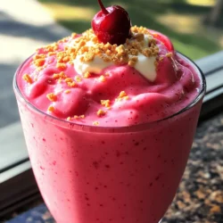 - 1 cup frozen cherries - 1/2 cup cream cheese, softened - 1/2 cup Greek yogurt - 1 cup milk - 2 tablespoons honey or maple syrup - 1 teaspoon pure vanilla extract - 1/4 teaspoon almond extract (optional) - 1/2 cup crushed graham crackers Gather these ingredients to make a delicious cherry cheesecake smoothie. Each item plays a key role in creating that sweet and tangy flavor we love. The frozen cherries give a refreshing touch. Cream cheese adds that creamy richness we crave. Greek yogurt adds protein and tanginess. Milk helps blend everything smoothly. Sweeteners like honey or maple syrup balance the tartness of cherries. Vanilla and almond extracts enhance the flavor profile, making it cozy and familiar. Finally, crushed graham crackers add that classic cheesecake crunch on top. You can mix things up with ingredient alternatives. For a dairy-free version, try plant-based yogurt or cheese. You can also use fresh cherries if you have them. Just chop them up and adjust the sweetener, as fresh cherries can be less sweet. If you prefer, feel free to experiment with different sweeteners like agave nectar or stevia. This flexibility helps you tailor your smoothie to your taste. Measuring your ingredients accurately makes a big difference. Use measuring cups and spoons to get the right amounts. Too much or too little can change the taste or texture. For example, too much cream cheese may make it thick, while too little might not give the creaminess you want. Always double-check your measurements to ensure a perfect blend. First, let's talk about frozen cherries. You don't need to thaw them! Just grab them from the freezer and toss them right into your blender. This keeps your smoothie cold and refreshing. Next, we need to soften the cream cheese. Take it out of the fridge and cut it into smaller pieces. Let it sit at room temperature for about 10-15 minutes. This makes blending easier and helps it mix smoothly into the smoothie. When blending, use a high-powered blender. Start at a low speed, then increase to high. This helps to combine everything well without splashing. Blend until the mixture is smooth and creamy. You should not see any chunks of cherries or cream cheese. To ensure even blending, pause the blender and scrape down the sides if needed. This helps mix all the ingredients evenly. If your smoothie feels too thick, add a splash more milk and blend again. After blending, pour the smoothie into glasses, leaving room at the top for a garnish. For a fun finish, sprinkle crushed graham crackers on top. This adds a nice crunch that mimics cheesecake crust. You can also get creative with how you present it. Try adding a whole cherry on top or using a fancy glass. These small touches make your smoothie look even more inviting. Enjoy your tasty treat right away! To get the best flavor in your Cherry Cheesecake Smoothie, balance sweetness and tartness. The cherries bring natural sweetness, but you may want to add honey or maple syrup. Start with two tablespoons and taste. If you want it sweeter, add more. Vanilla and almond extracts add depth. Vanilla brings warmth, while almond adds a subtle nutty note. Just a little of each goes a long way, enhancing the overall taste. For a creamy smoothie, use softened cream cheese. Soften it by leaving it out for about 30 minutes. If you accidentally use cold cream cheese, you might get lumps. Blend on high until smooth for a creamy texture. If you want a thicker smoothie, add less milk. Start with one cup, but adjust based on your preference. If it's too thick, you can always add a splash of milk later. This smoothie pairs well with light snacks. Try fresh fruit, like apple slices or strawberries. You can also enjoy it with a handful of nuts or yogurt-covered pretzels. You can use this smoothie as a meal replacement, too. It has protein from Greek yogurt and healthy fats from cream cheese. Just make sure you add enough fruit to keep it filling. For the full recipe, check out the Cherry Cheesecake Smoothie Delight. {{image_4}} You can change this recipe into a tropical delight. Adding pineapple or coconut can give it a fresh, fruity flavor. Just toss in about half a cup of frozen pineapple or a few spoonfuls of shredded coconut. Blend it all together. You can even use this mix to create a smoothie bowl. Pour your smoothie into a bowl and top it with sliced fruits, nuts, or seeds for a fun breakfast. For chocolate lovers, a chocolate cherry cheesecake smoothie is a great option. You can add cocoa powder or chocolate syrup to the mix. Start with one tablespoon of cocoa powder or a drizzle of syrup. Blend it in well. If you want to keep the creamy texture, you might need a bit more milk. Just add a splash at a time until it’s smooth and rich. If you're aiming for a vegan version, it's easy to switch out the ingredients. Use plant-based cream cheese and yogurt instead. Almond milk or oat milk can replace regular milk. For sweetness, try agave syrup or maple syrup. When you blend, taste as you go to find the right balance. You want the flavors to shine through, just like the classic recipe. How long can you store a smoothie in the fridge? You can store your Cherry Cheesecake Smoothie in the fridge for up to 24 hours. After that, it may lose its creamy texture and flavor. Best practices for storing leftovers include using an airtight container. This keeps out air and prevents spoilage. If you notice any separation, just give it a good shake before enjoying it again. Guidelines for freezing and thawing are simple. Pour the smoothie into freezer-safe containers or bags. Leave some space at the top for expansion. When you want to enjoy it, thaw it overnight in the fridge. Making smoothie packs for convenience is also a fun idea. Pre-measure your ingredients, like frozen cherries and cream cheese, and store them in bags. When you’re ready, blend the pack with your milk and sweeteners for a quick treat. Recognizing when a smoothie is no longer fresh is key. If it smells sour or has an off-color, it’s time to toss it. Tips for maintaining quality include keeping it cold and using it within a day. Always check for any changes in texture or taste. Fresh is best! Yes, you can use fresh cherries. Fresh cherries can add a nice flavor. They can also make the smoothie a bit thinner. Frozen cherries are cold and help with texture. They make the smoothie extra creamy and thick. If you use fresh cherries, consider adding ice to chill the drink. To thicken your smoothie, try adding more Greek yogurt or cream cheese. You can also use less milk. Another tip is to add chia seeds or oats. Both ingredients absorb liquid and add thickness. Blend until smooth for the best results. Avoid ice if you want a rich, creamy texture. Yes, a regular blender works well. If it’s less powerful, chop the cherries smaller. This helps the blender mix better. You can also add ingredients gradually. Start with the liquids, then add solids. This order helps everything blend smoothly. Look for blenders with at least 500 watts for best results. This smoothie has about 300 calories per serving. It contains protein, calcium, and vitamins. Greek yogurt and cream cheese provide protein. Cherries add vitamins and antioxidants. Honey gives a touch of natural sweetness. The graham crackers add a bit of fiber too. Enjoy this tasty treat while getting good nutrition. This blog post covered the delicious Cherry Cheesecake Smoothie. We explored its ingredients, step-by-step instructions, and useful tips. You learned about swaps for ingredients and how to achieve the best texture. Don't forget the fun variations and storage tips to keep your smoothie fresh. Enjoy making this creamy treat! It's perfect as a snack or quick meal. Each sip brings tasty flavors and nutrition. Try it out, and get creative with your own mix-ins!