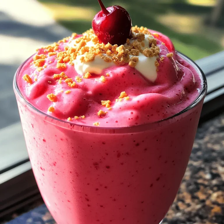 - 1 cup frozen cherries - 1/2 cup cream cheese, softened - 1/2 cup Greek yogurt - 1 cup milk - 2 tablespoons honey or maple syrup - 1 teaspoon pure vanilla extract - 1/4 teaspoon almond extract (optional) - 1/2 cup crushed graham crackers Gather these ingredients to make a delicious cherry cheesecake smoothie. Each item plays a key role in creating that sweet and tangy flavor we love. The frozen cherries give a refreshing touch. Cream cheese adds that creamy richness we crave. Greek yogurt adds protein and tanginess. Milk helps blend everything smoothly. Sweeteners like honey or maple syrup balance the tartness of cherries. Vanilla and almond extracts enhance the flavor profile, making it cozy and familiar. Finally, crushed graham crackers add that classic cheesecake crunch on top. You can mix things up with ingredient alternatives. For a dairy-free version, try plant-based yogurt or cheese. You can also use fresh cherries if you have them. Just chop them up and adjust the sweetener, as fresh cherries can be less sweet. If you prefer, feel free to experiment with different sweeteners like agave nectar or stevia. This flexibility helps you tailor your smoothie to your taste. Measuring your ingredients accurately makes a big difference. Use measuring cups and spoons to get the right amounts. Too much or too little can change the taste or texture. For example, too much cream cheese may make it thick, while too little might not give the creaminess you want. Always double-check your measurements to ensure a perfect blend. First, let's talk about frozen cherries. You don't need to thaw them! Just grab them from the freezer and toss them right into your blender. This keeps your smoothie cold and refreshing. Next, we need to soften the cream cheese. Take it out of the fridge and cut it into smaller pieces. Let it sit at room temperature for about 10-15 minutes. This makes blending easier and helps it mix smoothly into the smoothie. When blending, use a high-powered blender. Start at a low speed, then increase to high. This helps to combine everything well without splashing. Blend until the mixture is smooth and creamy. You should not see any chunks of cherries or cream cheese. To ensure even blending, pause the blender and scrape down the sides if needed. This helps mix all the ingredients evenly. If your smoothie feels too thick, add a splash more milk and blend again. After blending, pour the smoothie into glasses, leaving room at the top for a garnish. For a fun finish, sprinkle crushed graham crackers on top. This adds a nice crunch that mimics cheesecake crust. You can also get creative with how you present it. Try adding a whole cherry on top or using a fancy glass. These small touches make your smoothie look even more inviting. Enjoy your tasty treat right away! To get the best flavor in your Cherry Cheesecake Smoothie, balance sweetness and tartness. The cherries bring natural sweetness, but you may want to add honey or maple syrup. Start with two tablespoons and taste. If you want it sweeter, add more. Vanilla and almond extracts add depth. Vanilla brings warmth, while almond adds a subtle nutty note. Just a little of each goes a long way, enhancing the overall taste. For a creamy smoothie, use softened cream cheese. Soften it by leaving it out for about 30 minutes. If you accidentally use cold cream cheese, you might get lumps. Blend on high until smooth for a creamy texture. If you want a thicker smoothie, add less milk. Start with one cup, but adjust based on your preference. If it's too thick, you can always add a splash of milk later. This smoothie pairs well with light snacks. Try fresh fruit, like apple slices or strawberries. You can also enjoy it with a handful of nuts or yogurt-covered pretzels. You can use this smoothie as a meal replacement, too. It has protein from Greek yogurt and healthy fats from cream cheese. Just make sure you add enough fruit to keep it filling. For the full recipe, check out the Cherry Cheesecake Smoothie Delight. {{image_4}} You can change this recipe into a tropical delight. Adding pineapple or coconut can give it a fresh, fruity flavor. Just toss in about half a cup of frozen pineapple or a few spoonfuls of shredded coconut. Blend it all together. You can even use this mix to create a smoothie bowl. Pour your smoothie into a bowl and top it with sliced fruits, nuts, or seeds for a fun breakfast. For chocolate lovers, a chocolate cherry cheesecake smoothie is a great option. You can add cocoa powder or chocolate syrup to the mix. Start with one tablespoon of cocoa powder or a drizzle of syrup. Blend it in well. If you want to keep the creamy texture, you might need a bit more milk. Just add a splash at a time until it’s smooth and rich. If you're aiming for a vegan version, it's easy to switch out the ingredients. Use plant-based cream cheese and yogurt instead. Almond milk or oat milk can replace regular milk. For sweetness, try agave syrup or maple syrup. When you blend, taste as you go to find the right balance. You want the flavors to shine through, just like the classic recipe. How long can you store a smoothie in the fridge? You can store your Cherry Cheesecake Smoothie in the fridge for up to 24 hours. After that, it may lose its creamy texture and flavor. Best practices for storing leftovers include using an airtight container. This keeps out air and prevents spoilage. If you notice any separation, just give it a good shake before enjoying it again. Guidelines for freezing and thawing are simple. Pour the smoothie into freezer-safe containers or bags. Leave some space at the top for expansion. When you want to enjoy it, thaw it overnight in the fridge. Making smoothie packs for convenience is also a fun idea. Pre-measure your ingredients, like frozen cherries and cream cheese, and store them in bags. When you’re ready, blend the pack with your milk and sweeteners for a quick treat. Recognizing when a smoothie is no longer fresh is key. If it smells sour or has an off-color, it’s time to toss it. Tips for maintaining quality include keeping it cold and using it within a day. Always check for any changes in texture or taste. Fresh is best! Yes, you can use fresh cherries. Fresh cherries can add a nice flavor. They can also make the smoothie a bit thinner. Frozen cherries are cold and help with texture. They make the smoothie extra creamy and thick. If you use fresh cherries, consider adding ice to chill the drink. To thicken your smoothie, try adding more Greek yogurt or cream cheese. You can also use less milk. Another tip is to add chia seeds or oats. Both ingredients absorb liquid and add thickness. Blend until smooth for the best results. Avoid ice if you want a rich, creamy texture. Yes, a regular blender works well. If it’s less powerful, chop the cherries smaller. This helps the blender mix better. You can also add ingredients gradually. Start with the liquids, then add solids. This order helps everything blend smoothly. Look for blenders with at least 500 watts for best results. This smoothie has about 300 calories per serving. It contains protein, calcium, and vitamins. Greek yogurt and cream cheese provide protein. Cherries add vitamins and antioxidants. Honey gives a touch of natural sweetness. The graham crackers add a bit of fiber too. Enjoy this tasty treat while getting good nutrition. This blog post covered the delicious Cherry Cheesecake Smoothie. We explored its ingredients, step-by-step instructions, and useful tips. You learned about swaps for ingredients and how to achieve the best texture. Don't forget the fun variations and storage tips to keep your smoothie fresh. Enjoy making this creamy treat! It's perfect as a snack or quick meal. Each sip brings tasty flavors and nutrition. Try it out, and get creative with your own mix-ins!
