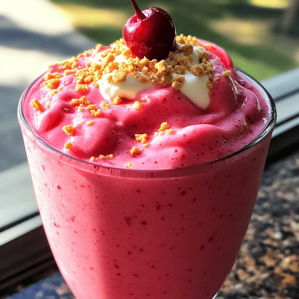 - 1 cup frozen cherries - 1/2 cup cream cheese, softened - 1/2 cup Greek yogurt - 1 cup milk - 2 tablespoons honey or maple syrup - 1 teaspoon pure vanilla extract - 1/4 teaspoon almond extract (optional) - 1/2 cup crushed graham crackers Gather these ingredients to make a delicious cherry cheesecake smoothie. Each item plays a key role in creating that sweet and tangy flavor we love. The frozen cherries give a refreshing touch. Cream cheese adds that creamy richness we crave. Greek yogurt adds protein and tanginess. Milk helps blend everything smoothly. Sweeteners like honey or maple syrup balance the tartness of cherries. Vanilla and almond extracts enhance the flavor profile, making it cozy and familiar. Finally, crushed graham crackers add that classic cheesecake crunch on top. You can mix things up with ingredient alternatives. For a dairy-free version, try plant-based yogurt or cheese. You can also use fresh cherries if you have them. Just chop them up and adjust the sweetener, as fresh cherries can be less sweet. If you prefer, feel free to experiment with different sweeteners like agave nectar or stevia. This flexibility helps you tailor your smoothie to your taste. Measuring your ingredients accurately makes a big difference. Use measuring cups and spoons to get the right amounts. Too much or too little can change the taste or texture. For example, too much cream cheese may make it thick, while too little might not give the creaminess you want. Always double-check your measurements to ensure a perfect blend. First, let's talk about frozen cherries. You don't need to thaw them! Just grab them from the freezer and toss them right into your blender. This keeps your smoothie cold and refreshing. Next, we need to soften the cream cheese. Take it out of the fridge and cut it into smaller pieces. Let it sit at room temperature for about 10-15 minutes. This makes blending easier and helps it mix smoothly into the smoothie. When blending, use a high-powered blender. Start at a low speed, then increase to high. This helps to combine everything well without splashing. Blend until the mixture is smooth and creamy. You should not see any chunks of cherries or cream cheese. To ensure even blending, pause the blender and scrape down the sides if needed. This helps mix all the ingredients evenly. If your smoothie feels too thick, add a splash more milk and blend again. After blending, pour the smoothie into glasses, leaving room at the top for a garnish. For a fun finish, sprinkle crushed graham crackers on top. This adds a nice crunch that mimics cheesecake crust. You can also get creative with how you present it. Try adding a whole cherry on top or using a fancy glass. These small touches make your smoothie look even more inviting. Enjoy your tasty treat right away! To get the best flavor in your Cherry Cheesecake Smoothie, balance sweetness and tartness. The cherries bring natural sweetness, but you may want to add honey or maple syrup. Start with two tablespoons and taste. If you want it sweeter, add more. Vanilla and almond extracts add depth. Vanilla brings warmth, while almond adds a subtle nutty note. Just a little of each goes a long way, enhancing the overall taste. For a creamy smoothie, use softened cream cheese. Soften it by leaving it out for about 30 minutes. If you accidentally use cold cream cheese, you might get lumps. Blend on high until smooth for a creamy texture. If you want a thicker smoothie, add less milk. Start with one cup, but adjust based on your preference. If it's too thick, you can always add a splash of milk later. This smoothie pairs well with light snacks. Try fresh fruit, like apple slices or strawberries. You can also enjoy it with a handful of nuts or yogurt-covered pretzels. You can use this smoothie as a meal replacement, too. It has protein from Greek yogurt and healthy fats from cream cheese. Just make sure you add enough fruit to keep it filling. For the full recipe, check out the Cherry Cheesecake Smoothie Delight. {{image_4}} You can change this recipe into a tropical delight. Adding pineapple or coconut can give it a fresh, fruity flavor. Just toss in about half a cup of frozen pineapple or a few spoonfuls of shredded coconut. Blend it all together. You can even use this mix to create a smoothie bowl. Pour your smoothie into a bowl and top it with sliced fruits, nuts, or seeds for a fun breakfast. For chocolate lovers, a chocolate cherry cheesecake smoothie is a great option. You can add cocoa powder or chocolate syrup to the mix. Start with one tablespoon of cocoa powder or a drizzle of syrup. Blend it in well. If you want to keep the creamy texture, you might need a bit more milk. Just add a splash at a time until it’s smooth and rich. If you're aiming for a vegan version, it's easy to switch out the ingredients. Use plant-based cream cheese and yogurt instead. Almond milk or oat milk can replace regular milk. For sweetness, try agave syrup or maple syrup. When you blend, taste as you go to find the right balance. You want the flavors to shine through, just like the classic recipe. How long can you store a smoothie in the fridge? You can store your Cherry Cheesecake Smoothie in the fridge for up to 24 hours. After that, it may lose its creamy texture and flavor. Best practices for storing leftovers include using an airtight container. This keeps out air and prevents spoilage. If you notice any separation, just give it a good shake before enjoying it again. Guidelines for freezing and thawing are simple. Pour the smoothie into freezer-safe containers or bags. Leave some space at the top for expansion. When you want to enjoy it, thaw it overnight in the fridge. Making smoothie packs for convenience is also a fun idea. Pre-measure your ingredients, like frozen cherries and cream cheese, and store them in bags. When you’re ready, blend the pack with your milk and sweeteners for a quick treat. Recognizing when a smoothie is no longer fresh is key. If it smells sour or has an off-color, it’s time to toss it. Tips for maintaining quality include keeping it cold and using it within a day. Always check for any changes in texture or taste. Fresh is best! Yes, you can use fresh cherries. Fresh cherries can add a nice flavor. They can also make the smoothie a bit thinner. Frozen cherries are cold and help with texture. They make the smoothie extra creamy and thick. If you use fresh cherries, consider adding ice to chill the drink. To thicken your smoothie, try adding more Greek yogurt or cream cheese. You can also use less milk. Another tip is to add chia seeds or oats. Both ingredients absorb liquid and add thickness. Blend until smooth for the best results. Avoid ice if you want a rich, creamy texture. Yes, a regular blender works well. If it’s less powerful, chop the cherries smaller. This helps the blender mix better. You can also add ingredients gradually. Start with the liquids, then add solids. This order helps everything blend smoothly. Look for blenders with at least 500 watts for best results. This smoothie has about 300 calories per serving. It contains protein, calcium, and vitamins. Greek yogurt and cream cheese provide protein. Cherries add vitamins and antioxidants. Honey gives a touch of natural sweetness. The graham crackers add a bit of fiber too. Enjoy this tasty treat while getting good nutrition. This blog post covered the delicious Cherry Cheesecake Smoothie. We explored its ingredients, step-by-step instructions, and useful tips. You learned about swaps for ingredients and how to achieve the best texture. Don't forget the fun variations and storage tips to keep your smoothie fresh. Enjoy making this creamy treat! It's perfect as a snack or quick meal. Each sip brings tasty flavors and nutrition. Try it out, and get creative with your own mix-ins!