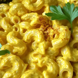 To make my vegan mac and cheese, you need these key items: - 2 cups elbow macaroni - 1 cup raw cashews (soaked in water for 2-4 hours) - 1/2 cup nutritional yeast - 1 cup unsweetened almond milk (or any preferred plant-based milk) - 2 tablespoons freshly squeezed lemon juice - 1 tablespoon Dijon mustard - 1 teaspoon garlic powder - 1 teaspoon onion powder - 1/2 teaspoon turmeric (for vibrant color) - Salt and black pepper to taste These ingredients create a creamy and rich sauce. The raw cashews give it that smooth texture. Nutritional yeast adds a cheesy flavor without dairy. You can take your dish up a notch with these extras: - 1/4 teaspoon smoked paprika for an extra depth of flavor - Fresh parsley, chopped (for garnish) - Additional spices for personalization Adding smoked paprika gives a hint of smokiness. Fresh parsley brightens up the dish and adds color. Feel free to mix in your favorite spices for a twist. For the full recipe, check out the section above. 1. Start by boiling a large pot of salted water. 2. Add the elbow macaroni to the boiling water. 3. Cook the macaroni until it is al dente, as per the package instructions. 4. Once cooked, drain the pasta in a colander and set it aside. 1. While the pasta cooks, prepare the creamy sauce. 2. In a high-speed blender, mix the soaked cashews, nutritional yeast, almond milk, lemon juice, Dijon mustard, garlic powder, onion powder, turmeric, salt, and pepper. 3. Blend the ingredients until the mixture is smooth and creamy. 4. If needed, stop the blender to scrape down the sides. 5. Pour the blended sauce into a large saucepan over medium heat. 6. Cook the sauce for about 5 minutes, stirring frequently. 1. Once the sauce is heated through, fold in the cooked macaroni. 2. Stir gently to coat all the pasta with the creamy sauce. 3. Allow the mixture to heat for an additional 2-3 minutes. 4. If you like, sprinkle smoked paprika over the top. 5. Taste and adjust the seasonings with more salt and pepper if needed. 6. Serve the creamy vegan mac and cheese hot, garnished with chopped parsley. For the full recipe, check out the Creamy Dreamy Vegan Mac & Cheese. To make your vegan mac and cheese truly creamy, start with soaking the cashews. Soak them in water for 2-4 hours. This softens them and helps create a smooth sauce. Next, choose a high-speed blender. A strong blender makes it easy to blend the cashews into a creamy texture. If you don’t have one, blend in smaller batches to ensure everything mixes well. Lastly, keep an eye on the cooking temperature. Heat the sauce gently over medium heat. Too high of a heat can cause it to separate. Stir often for the best results. Seasoning is key to a flavorful vegan mac and cheese. Try adding different spices to suit your taste. A little smoked paprika can add a nice smoky flavor. Experiment with garlic powder and onion powder. They bring out the richness of the dish. Adding a pinch of cayenne pepper can give it a spicy kick if you like heat. To avoid bland mac and cheese, taste as you go. Adjust salt and pepper until it’s just right. Everyone’s taste is different, so make it yours! For the full recipe, check out Creamy Dreamy Vegan Mac & Cheese. {{image_4}} You can easily make vegan mac and cheese gluten-free. First, choose a gluten-free pasta. Options like brown rice or quinoa pasta work well. These alternatives provide a similar texture. Next, for thickening, use cornstarch or arrowroot powder instead of regular flour. Mix it with a bit of cold almond milk before adding to the sauce. This keeps it smooth and creamy. Add-ins can make your dish even better. Incorporating vegetables like spinach, broccoli, or bell peppers boosts nutrition. You can steam or sauté them before mixing in. For protein, try adding tofu or lentils. Crumbled tofu adds a nice texture, while lentils increase protein. Both options enhance the meal's heartiness. Make your mac and cheese unique by changing the flavor profile. If you like spice, toss in diced jalapeños for a kick. They add heat and a fresh taste. For a more aromatic twist, infuse herbs like basil, thyme, or oregano. These herbs bring depth and freshness. You can even mix and match these ideas for a fun culinary adventure. Explore the Full Recipe for more ways to customize your vegan mac and cheese! To keep your vegan mac and cheese fresh, you need to store it well. First, let it cool down before putting it in the fridge. Use an airtight container to keep it safe from other smells. Good options include glass containers or BPA-free plastic ones. These containers help keep the creaminess intact. When it’s time to enjoy your leftovers, reheating is key. You can use the microwave or the stovetop. If using a microwave, place the mac and cheese in a bowl and cover it with a damp paper towel. This keeps moisture in, so it stays creamy. Heat it in short bursts, stirring in between. For stovetop reheating, add a splash of plant-based milk to a pan. Warm it on low heat, stirring gently. This helps bring back the smooth texture. If you want to save some for later, freezing is a great option. Portion it into freezer-safe containers. Make sure to leave some space for expansion. When ready to eat, thaw it in the fridge overnight before reheating. Enjoy your creamy delight anytime! If you want a nut-free version, use sunflower seeds instead of cashews. Another great option is white beans; they blend well and add creaminess. You can also try using silken tofu for a rich texture. Just blend any of these with nutritional yeast and plant-based milk for that creamy sauce. Look for brands like Daiya, Violife, or Follow Your Heart. These brands have great taste and melt well. You can also try making your own cheese sauce using nutritional yeast and spices, as I do in my full recipe. This gives you control over flavors. Yes, you can make vegan mac and cheese ahead of time! Store it in an airtight container in the fridge for up to four days. To reheat, warm it in a saucepan over low heat. Add a splash of plant-based milk to keep it creamy. If you freeze it, use it within a month for the best flavor. Vegan mac and cheese is a tasty and fun dish you can easily make. We covered the main ingredients like elbow macaroni and nutritional yeast. You learned tips for creamy sauce and how to personalize flavors with spices. Explore gluten-free options and tasty add-ins for extra nutrition. Don't forget how to store and reheat leftovers for later. Enjoy your cooking and share your delicious vegan mac and cheese creations with others!