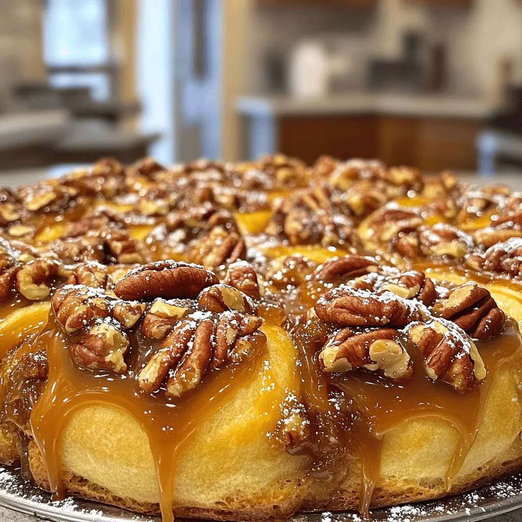 To make these tasty caramel pecan sticky buns, gather these key ingredients: - 2 cups all-purpose flour - 1/4 cup granulated sugar - 1 packet (2 1/4 tsp) instant yeast - 1/2 teaspoon salt - 1/2 cup whole milk, warmed to about 110°F (43°C) - 1/4 cup unsalted butter, melted - 1 large egg - 1 teaspoon vanilla extract - 1/2 cup brown sugar, packed - 1/4 cup unsalted butter, softened to room temperature - 1 cup pecans, chopped - 1 teaspoon ground cinnamon - 1/4 cup pure maple syrup Each serving of these sticky buns packs a delightful flavor and some calories. Here’s a rough breakdown per bun: - Calories: 250 - Protein: 4g - Fat: 10g - Carbohydrates: 38g - Fiber: 1g - Sugar: 15g You don’t need to worry if you lack some ingredients. Here are some easy swaps: - All-purpose flour: Use bread flour for a chewier texture. - Granulated sugar: Coconut sugar works well if you want a healthier option. - Whole milk: Almond milk or soy milk can replace it. Just warm it up first. - Unsalted butter: You can use coconut oil or vegan butter. - Pecans: Walnuts or almonds can be used instead. They add a different but tasty crunch. These simple swaps let you adjust the recipe to your tastes or needs. Enjoy making your caramel pecan sticky buns! Making Caramel Pecan Sticky Buns is fun and rewarding. You will need to prep the dough and the caramel topping. The process takes time, but the result is worth it. Follow these steps closely to ensure great results. 1. Combine Dry Ingredients: In a large bowl, whisk together 2 cups of flour, 1/4 cup of sugar, 2 1/4 tsp of instant yeast, and 1/2 tsp of salt. 2. Mix Wet Ingredients: In a smaller bowl, whisk together 1/2 cup of warm milk, 1/4 cup of melted butter, 1 large egg, and 1 tsp of vanilla. 3. Form the Dough: Slowly add the wet mix to the dry mix. Stir until a soft dough forms. 4. Knead the Dough: Move the dough to a floured surface. Knead for 5 minutes until smooth and elastic. 5. First Rise: Place the dough in a greased bowl. Cover it with a damp cloth. Set in a warm spot for about 1 hour until it doubles in size. 6. Prepare the Topping: In a small saucepan, melt 1/4 cup of softened butter with 1/2 cup of brown sugar over low heat. Stir until smooth. Remove from heat and mix in 1/4 cup of maple syrup and 1 cup of chopped pecans. 7. Assemble the Topping: Pour the caramel mixture into a greased 9-inch cake pan. Spread it evenly across the bottom. 8. Preheat the Oven: Preheat your oven to 350°F (175°C). 9. Shape the Dough: After rising, punch the dough down. Roll it into a 12x9 inch rectangle on a floured surface. 10. Add Filling: Spread softened butter on the dough. Sprinkle with brown sugar and cinnamon. 11. Roll and Cut: Roll the dough tightly from one edge. Cut it into 9 equal pieces. 12. Place in Pan: Arrange the pieces in the prepared pan with cut sides facing up. 13. Second Rise: Cover the pan and let it rise for 30 minutes until puffed. 14. Bake: Bake in the preheated oven for 25-30 minutes until golden brown. 15. Cool and Serve: Let the buns cool for 5 minutes. Invert onto a plate to show off the sticky topping. - Kneading: Knead the dough well for good texture. It should feel smooth. - Rising: Let the dough rise in a warm area. This helps it become fluffy. - Cutting: Use a sharp knife to cut the rolls evenly. This ensures they bake evenly. Following these steps will help you make delicious Caramel Pecan Sticky Buns that everyone will love. You can find the full recipe at the beginning of the article. Many home cooks face similar issues. Here are some tips to help you succeed: - Not Measuring Ingredients: Always use the right amounts for the best results. - Skipping the Rise: Give the dough enough time to double in size. - Overbaking: Watch the buns closely to avoid a dry texture. - Uneven Filling: Spread the butter and sugar evenly to ensure even flavor. A good rise is key to fluffy sticky buns. Follow these steps: - Warm Environment: Let the dough rise in a warm spot, away from drafts. - Cover the Dough: Use a damp cloth to keep moisture in while it rises. - Check Dough Size: It should double, so be patient and give it time. Serving these sticky buns can be fun! Here are some creative ideas: - Warm and Drizzled: Serve them warm with extra caramel sauce on top. - Garnish: Add chopped pecans or a dusting of powdered sugar for flair. - Plating: Use a nice plate to show off the sticky topping. - Pairing: Serve with coffee or tea for a delightful treat. For the complete guide on making these delicious treats, check the Full Recipe. {{image_4}} You can change the flavor of your caramel pecan sticky buns. Try adding chocolate chips for a sweet twist. You can mix in dried fruits like cranberries or raisins for a fruity touch. Another great idea is to swap the pecans for walnuts for a different nutty flavor. If you want a spiced kick, add nutmeg to the cinnamon in the filling. Each twist brings a new taste to enjoy. If you need a gluten-free option, use gluten-free flour instead of all-purpose flour. For a dairy-free version, substitute almond milk for whole milk and use coconut oil in place of butter. You can also replace the egg with a flaxseed mixture for a vegan option. These changes allow more people to enjoy this treat without missing out on flavor. Use fresh fruits to change the sticky buns with the season. In summer, add fresh peaches or berries to the filling. In fall, consider using pumpkin puree with the cinnamon for a warm spice. In winter, add orange zest for a bright flavor. These seasonal ingredients keep the recipe fresh and exciting all year round. Store leftover caramel pecan sticky buns in an airtight container. Keep them at room temperature for up to two days. If you want them fresh longer, refrigerate them for up to a week. They will remain tasty, but the texture may change. To freeze these sticky buns, wrap each one tightly in plastic wrap. Place them in a freezer-safe bag or container. They can stay frozen for up to three months. When you're ready to enjoy, thaw them overnight in the fridge. To reheat sticky buns, preheat your oven to 350°F (175°C). Place the buns on a baking sheet. Heat for about 10 minutes until warm. You can also microwave them for 20-30 seconds. This quick method keeps them soft and gooey. For the best taste, warm them slowly in the oven. For the full recipe, check the detailed steps above! To make dough less sticky, add more flour. Start with one tablespoon at a time. Mix well after each addition until it feels right. You want the dough soft but not too wet. A lightly floured surface helps when kneading too. Yes, you can use whole wheat flour. It adds a nutty flavor and is healthier. However, use about 25% less whole wheat flour than all-purpose flour. This helps keep the dough light and fluffy. You may need to add a bit more liquid to balance it out. If you don’t have pecans, try walnuts or almonds. Both will give a nice crunch and flavor. You can also use sunflower seeds for a nut-free option. Just chop them up to match the size of the pecans. These sticky buns stay tasty for about 2 to 3 days. Store them in an airtight container at room temperature. You can also freeze them for up to a month. Just warm them up before serving for the best taste. For the complete recipe, check out the Full Recipe section. This blog post covered key ingredients and their nutritional value. You learned about ingredient substitutes and how to prepare your dish step-by-step. I shared tips to avoid common mistakes and improve your rise. You also discovered ways to add flavor and nutritional modifications. Lastly, we discussed storage options and answered common questions. Now, you have the tools and knowledge to create delicious sticky buns. Enjoy the process and share your tasty results!