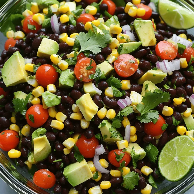 - Black beans - Corn kernels - Red bell pepper - Red onion - Avocado - Cherry tomatoes - Fresh cilantro - Lime juice - Extra virgin olive oil - Ground cumin - Chili powder - Salt and pepper The ingredients for the Zesty Black Bean Salad are simple yet flavorful. Black beans are the star. They provide a great source of protein and fiber. Corn adds a sweet crunch, while red bell pepper offers vibrant color and taste. Red onion gives a mild bite that enhances the overall dish. Ripe avocado brings creaminess and healthy fats. Cherry tomatoes add freshness and color. Fresh cilantro gives a bright flavor that ties everything together. Lime juice adds zesty brightness, making the salad come alive. Extra virgin olive oil enriches the flavors and adds a smooth finish. Ground cumin and chili powder bring warmth and depth, while salt and pepper balance the taste. This salad is not just delicious; it is also healthy. Each serving has around 200 calories. It is packed with about 10 grams of protein and 12 grams of fiber. The healthy fats from the avocado help keep you full and satisfied. This salad is perfect for a light meal or as a side dish. It’s colorful, tasty, and good for you. For the full recipe, check out the Zesty Black Bean Salad section. Enjoy making this healthy delight! 1. Combining the base ingredients Start with a large mixing bowl. Add the rinsed black beans, corn, diced red bell pepper, and chopped red onion. Gently stir them to mix well. This step creates a colorful base for your salad. 2. Integrating the dressing In a small bowl, whisk together the lime juice, olive oil, cumin, and chili powder. Add salt and pepper to taste. Drizzle this dressing over your salad mix. Gently toss everything to coat the ingredients evenly. This dressing adds zest and enhances the flavors. 3. Final touches Carefully fold in the cherry tomatoes and diced avocado. Make sure to keep the avocado pieces intact. Now, add the chopped cilantro and mix gently. Let the salad sit for about 10 minutes. This resting time allows the flavors to meld beautifully. - Presentation tips for a colorful display Serve your zesty black bean salad in a large glass bowl or individual cups. This showcases the vibrant colors of the ingredients. Garnish with extra cilantro and a few lime wedges on the side. This adds an inviting touch. - Suggested pairings with other dishes This salad pairs well with grilled chicken or fish. You can also serve it alongside tacos for a fun meal. Enjoy the freshness and bold flavors of this dish with your favorite sides. Check out the Full Recipe for more details on making this delightful salad! You can easily change this salad to fit your taste. For the black beans, you can swap them for chickpeas or kidney beans. If you want a crunchier texture, add bell peppers or cucumbers. Want more protein? Toss in some grilled chicken or shrimp. Quinoa or brown rice makes the salad heartier, too. Spices can change your salad's taste. You may want to add more cumin or chili powder for extra kick. If you like it spicy, add jalapeños or hot sauce. Always let the salad sit for ten minutes before serving. This lets the flavors blend well. Enjoy this salad as a side or a main dish. You’ll love how fresh and bright it tastes! For the complete recipe, check out the Full Recipe. {{image_4}} You can change the veggies in your Zesty Black Bean Salad based on the season. In summer, add fresh zucchini or cucumbers for a cool crunch. In fall, roasted butternut squash brings sweetness. Winter calls for hearty kale or spinach. These changes keep the salad fresh and exciting. Using seasonal herbs can also boost flavor. Try basil in summer or parsley in spring. Cilantro is great all year but will shine with fresh tomatoes. These herbs add a burst of color and taste. This salad is simple to make vegan or gluten-free. The base is already plant-based and gluten-free. Just make sure all your ingredients, like corn and beans, are certified gluten-free. If you want to lower the calories, swap avocado with diced cucumber. You can use less olive oil for a lighter dressing. Each of these changes keeps the salad tasty while fitting your diet. For the full recipe, check out the section above. Once you make the zesty black bean salad, you should store it in the fridge. Use an airtight container to keep it fresh. This salad stays good for about 3 to 5 days when chilled. If you notice any browning on the avocado, just remove those pieces. You can freeze some of the salad's components. For example, black beans and corn freeze well. Place them in freezer bags and remove as much air as possible. They can last up to 3 months in the freezer. When you want to eat them, thaw them in the fridge overnight. Then, reassemble your salad by mixing the thawed beans and corn back with the fresh ingredients. It helps to add fresh lime juice after thawing for a vibrant taste. For the full recipe, refer back to the ingredient list to ensure everything is fresh and flavorful. How to prevent the avocado from browning? To stop the avocado from browning, use lime juice. The acid in lime juice slows oxidation. You can also store the salad in an airtight container. This keeps air out and helps preserve it. Can I make it ahead of time? Yes, you can make this salad ahead. Prepare it up to a day in advance. Just add the avocado right before serving, so it stays fresh. What are the best serving suggestions? Serve this salad as a main dish or a side. It pairs well with grilled chicken or fish. You can also add tortilla chips for crunch. Can I use dried black beans instead of canned? Yes, you can use dried black beans. Just soak and cook them first. This ensures they’re tender and ready for the salad. What's the difference between regular and low-sodium black beans? Regular black beans have added salt, while low-sodium beans have less salt. Low-sodium beans are a healthier choice if you're watching your salt intake. This blog post covered a tasty salad packed with fresh ingredients. You learned about each component, from black beans to avocado. We explored how to prepare the salad with easy steps and fun serving ideas. There are also tips for customizing flavors and storage options. Remember, you can adjust the recipe to fit your taste. Experimenting with seasonality enhances freshness. I hope you enjoy making this salad! Your kitchen will shine with colorful, healthy dishes.