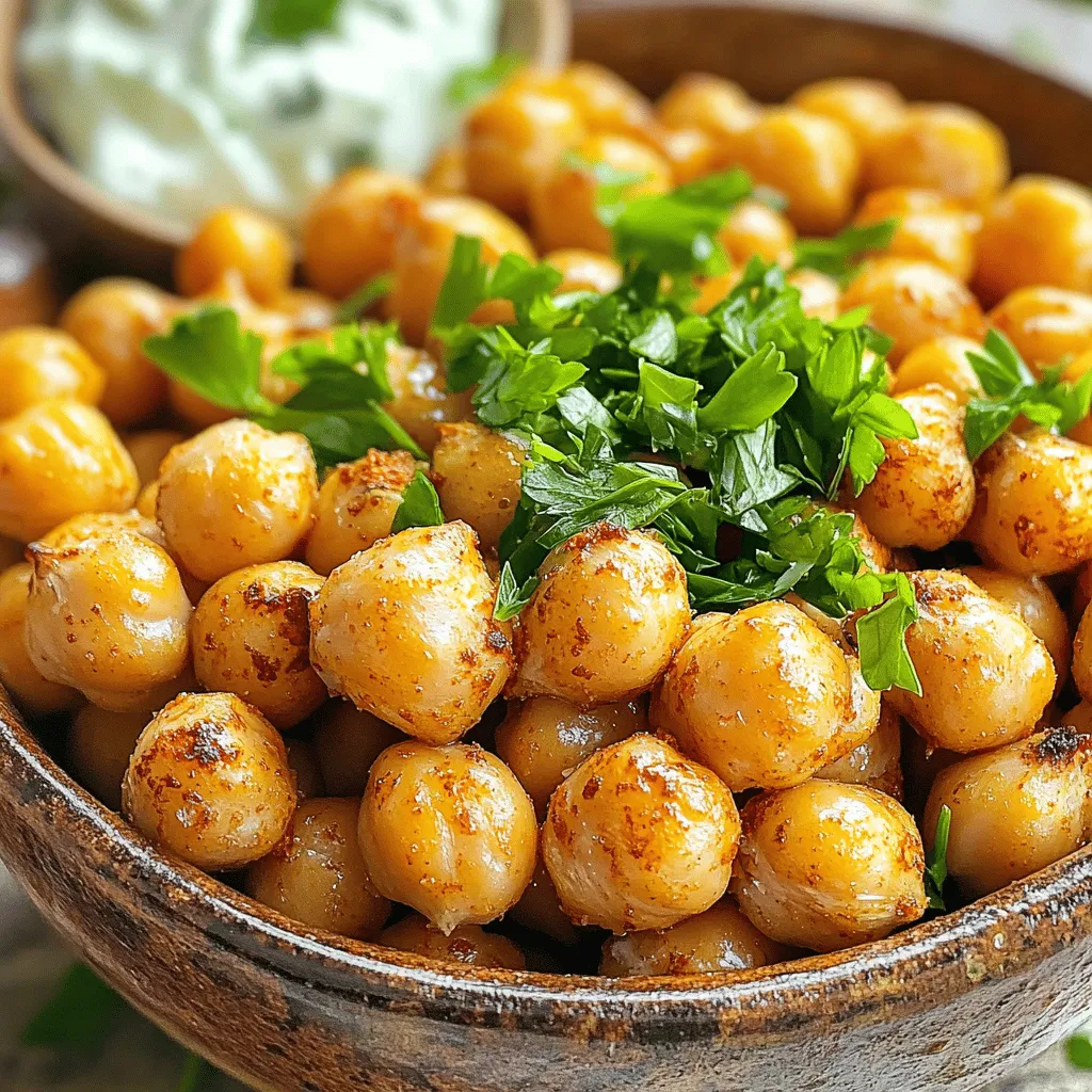 - 1 can (15 oz) chickpeas - 2 tablespoons extra virgin olive oil - 1 teaspoon smoked paprika - 1 teaspoon garlic powder - 1/2 teaspoon ground cumin - 1/2 teaspoon fine sea salt - 1/4 teaspoon freshly ground black pepper - 1/4 teaspoon cayenne pepper (optional) - Fresh parsley for garnish Crispy roasted chickpeas are a simple yet tasty snack. You only need a few main ingredients. Chickpeas are the star here. They are packed with protein and fiber. I love using canned chickpeas for ease. Just rinse and drain them before cooking. I use extra virgin olive oil for flavor. It helps the spices stick and adds richness. The spices play a big role in taste. Smoked paprika gives them a nice depth. Garlic powder adds aroma, while cumin warms it up. Salt and pepper balance the flavors. If you like heat, cayenne adds a kick. Garnishing with fresh parsley brightens the dish. It adds color and a hint of freshness. - Different herbs and spices to try: oregano, thyme, or chili powder - Alternative oils for roasting: avocado oil or coconut oil - Suggestions for sweet versions: cinnamon and sugar You can switch things up with different herbs and spices. Try oregano or thyme for a fresh twist. Chili powder can add a smoky flavor too. If you want to change your oil, use avocado oil or coconut oil. Both can add unique tastes. For a sweet version, mix chickpeas with cinnamon and sugar. This gives a fun snack that’s different from the savory kind. - Preheat the oven to 400°F (200°C). - Drain, rinse, and dry the chickpeas. Start by preheating your oven. This step is key for getting that perfect crunch. Next, take your can of chickpeas. Drain them well and rinse under cold water. Spread them on a clean kitchen towel. Dry them gently; the less moisture, the crunchier they will be. - Mixing spices with olive oil. - Ensuring even coating of chickpeas. In a large bowl, add your dried chickpeas. Pour in the olive oil. Then, add the spices: smoked paprika, garlic powder, cumin, sea salt, black pepper, and cayenne if you want a kick. Mix well until every chickpea is coated. This adds flavor and helps them crisp up nicely. - Proper arrangement on baking sheet. - Cooking time and temperature tips. Spread the seasoned chickpeas on a baking sheet. Make sure they are in a single layer. This helps them roast evenly. Place the sheet in the oven for 20 to 25 minutes. Shake the pan halfway through. This ensures they brown nicely. When they are golden brown and crispy, they are ready to eat. Once they cool, taste them and adjust seasoning if needed. For a lovely touch, sprinkle some fresh parsley on top. Enjoy your tasty crispy roasted chickpea snack! For a full recipe, check out the [Full Recipe]. To get crispy roasted chickpeas, drying them is key. After rinsing, spread them on a towel. Pat them dry gently. This step helps remove moisture that can make them soft. For best results, place the baking sheet on the middle rack of your oven. This ensures even heat for perfect crispiness. You can boost flavor by adjusting spice levels. If you like more heat, add extra cayenne pepper. For a milder taste, skip it altogether. Fresh herbs, like parsley, add color and flavor. Try also using lemon zest or nutritional yeast for a unique twist. The garnish not only looks good but tastes great too. Crispy roasted chickpeas pair well with dips. Hummus or tzatziki are excellent choices. They add creaminess that contrasts with the crunch. Enjoy them as a snack or a fun appetizer. Serve them in a bowl or jar for a rustic touch. You can also try mixing them into salads for extra crunch. Explore these ideas to enjoy your crispy creation! {{image_4}} You can spice up your crispy roasted chickpeas in fun ways. For a sweet treat, try cinnamon and sugar. Just mix the sugar and cinnamon with a bit of olive oil. Coat your chickpeas in this mix and roast. The result is a crunchy, sweet snack that feels like dessert. Savory options are just as tasty. Taco seasoning adds a zesty kick. Simply toss your chickpeas with olive oil and taco spice for an easy flavor boost. You can also use Italian herbs or curry powder for a different twist. Each flavor makes chickpeas a versatile snack. These roasted chickpeas fit many diets. They are naturally gluten-free. This means you can enjoy them without worry if you avoid gluten. Just be sure to check any spice mixes for hidden gluten. This snack is also vegan-friendly. You won’t find any animal products in this recipe. Chickpeas are packed with protein, making them a great choice for plant-based eaters. Feel free to experiment with spices that suit your taste! If you want to change how you cook chickpeas, you can try air-frying. This method uses less oil and cooks faster. You will still get that crunchy texture. Set your air fryer to 400°F and cook for about 15-20 minutes. You can also use a stovetop method for a quick snack. Heat a pan over medium heat, add olive oil, and toss in the chickpeas. Stir them often until they are golden brown. This method is fast and great for last-minute cravings. For the full recipe, check out the guide above! To keep your crispy roasted chickpeas fresh, store them in an airtight container. This method helps maintain their crunch. I recommend using a glass jar or a plastic container with a tight lid. Avoid moisture by keeping them in a cool, dry place. If you leave them out, they may lose their texture. Crispy roasted chickpeas last about 1 week at room temperature. After that, they may become stale. Watch for signs of spoilage like a soft texture or off smell. If they feel chewy, it’s time to toss them out. To reheat without losing crispiness, use the oven. Preheat it to 350°F (175°C). Spread the chickpeas on a baking sheet for 5-10 minutes. You can also use an air fryer. This method works well, too! Leftover chickpeas can be added to salads, soups, or grain bowls. They boost flavor and add crunch. To make crispy roasted chickpeas, start by preheating your oven to 400°F (200°C). Drain and rinse one can of chickpeas. Pat them dry using a clean towel to remove moisture. In a bowl, mix the chickpeas with olive oil and your choice of spices. Spread them evenly on a baking sheet lined with parchment paper. Roast for 20-25 minutes, shaking halfway through. They should turn golden brown and crunchy. Yes, you can use dried chickpeas. Soak them overnight and then cook them until tender. After cooking, make sure to dry them well before seasoning and roasting. This method takes more time but adds a fresh taste. Chickpeas are packed with protein, fiber, and vitamins. They support digestion and help keep you full longer. They also contain iron, magnesium, and folate. Eating chickpeas can help maintain a healthy heart and regulate blood sugar. Yes, crispy roasted chickpeas are a healthy snack. They are low in calories and high in fiber. This combination makes them a great choice for satisfying hunger without the guilt. You can enjoy them as a snack or add them to salads for extra crunch. Absolutely! An air fryer works great for roasting chickpeas. Preheat the air fryer to 400°F (200°C). Follow the same steps for seasoning and drying the chickpeas. Cook them in the air fryer for about 15-20 minutes, shaking the basket halfway through. This method yields a deliciously crispy snack. To enhance the flavor of chickpeas, use bold spices. Options like smoked paprika, garlic powder, or cumin bring depth. Mixing in fresh herbs, like parsley, adds brightness. You can also try adding a splash of lemon juice or hot sauce for extra zing. For more details on the recipe, check the Full Recipe. Crispy roasted chickpeas are easy and delicious. We covered key ingredients and shared step-by-step tips. You can customize flavors and even try sweet versions. Proper storage helps maintain their crispiness. In conclusion, these chickpeas are a healthy snack choice. They bring flavor, crunch, and nutrition to your table. Get creative and enjoy them in many ways! Happy cooking!