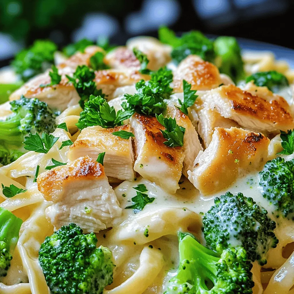 - 2 boneless, skinless chicken breasts - 1 cup broccoli florets - 8 oz fettuccine pasta - 2 tablespoons olive oil - 3 cloves garlic, minced - 1 cup heavy cream - 1 cup grated Parmesan cheese - Salt and pepper to taste - 1 teaspoon Italian seasoning - Fresh parsley, chopped (for garnish) - Large pot - Skillet - Cooking utensils To create a delicious Chicken and Broccoli Alfredo, you need fresh and quality ingredients. The chicken breasts provide a hearty protein base. Broccoli florets add a nice crunch and bright color. Fettuccine pasta is perfect for holding the creamy sauce. You should not skip the garlic; it brings a lovely aroma to the dish. Heavy cream makes the sauce rich and smooth, while Parmesan cheese adds depth. Seasoning is key, so don’t forget your salt, pepper, and Italian seasoning. For the equipment, a large pot is essential for cooking the pasta and broccoli. A skillet is needed for both the chicken and the sauce. Finally, have your cooking utensils ready to make the process smooth. If you want to make this dish, check the Full Recipe for step-by-step guidance. 1. Start with a large pot. Fill it with salted water. Bring the water to a rolling boil. 2. Add 8 oz of fettuccine pasta. Cook it according to the package. This usually takes 8-10 minutes. 3. In the last 3 minutes, gently add 1 cup of broccoli florets. 4. Once the pasta is tender, drain both the pasta and broccoli. Keep about 1/2 cup of pasta water. 1. Take 2 boneless, skinless chicken breasts. Season both sides with salt, pepper, and 1 teaspoon of Italian seasoning. 2. Heat 2 tablespoons of olive oil in a large skillet over medium-high heat. 3. When the oil is hot, add the chicken. Cook for about 6-7 minutes on each side. 4. Check that the chicken reaches an internal temperature of 165°F (75°C). 5. Transfer the chicken to a cutting board. Let it rest for a few minutes before slicing it thinly. 1. In the same skillet, lower the heat to medium. Add 3 minced garlic cloves. Sauté for about 30 seconds. 2. Pour in 1 cup of heavy cream. Stir well and bring it to a gentle simmer. 3. Gradually add 1 cup of grated Parmesan cheese. Stir until the cheese melts and the sauce is creamy. 4. If the sauce is too thick, add some of the reserved pasta water until it reaches your desired consistency. 1. Add the drained fettuccine and broccoli to the skillet. Toss gently to coat everything in the Alfredo sauce. 2. Taste the dish and adjust seasoning with more salt and pepper if needed. 1. Slice the rested chicken into thin pieces. Lay it on top of the creamy pasta. 2. Finish with a sprinkle of fresh parsley for color and added flavor. For the complete instructions, refer to the Full Recipe. To make your Alfredo sauce creamy, use heavy cream. It adds richness and smoothness. Stir gently as you cook, so it doesn’t stick or burn. If the sauce looks too thick, add some pasta water. This starchy water helps thin it out while keeping flavor. To keep chicken juicy and tender, season it well with salt and pepper. Heat the oil until it shimmers before adding the chicken. Cook each side for about 6-7 minutes. The chicken should reach 165°F to be safe. Let it rest after cooking. This helps keep the juices inside. For the best meal, serve your Chicken and Broccoli Alfredo with garlic bread and a fresh salad. Use shallow bowls for a nice look. Drizzle olive oil on top before garnishing with parsley. This adds a touch of elegance and color to your dish. Try these tips to impress family and friends! Explore the [Full Recipe] for more details. {{image_4}} You can add more veggies to your Chicken and Broccoli Alfredo. Spinach is a great choice. It cooks down quickly and adds a fresh taste. Peas are another option. They bring a sweet pop to every bite. Feel free to mix and match based on what you like. Just remember to adjust the cooking time for new veggies. If you want to switch up the protein, shrimp or tofu work well. Shrimp cooks fast and adds a nice seafood flavor. Just sauté them until pink and tender. Tofu is a great choice for a plant-based meal. Press it first to remove excess moisture, then cube and sauté until golden. You can easily make this dish vegan or dairy-free. For cream, use coconut cream or cashew cream. Both options create a rich and creamy texture. For cheese, nutritional yeast can add a cheesy flavor without dairy. You can also find vegan Parmesan in stores. These swaps keep the essence of Alfredo while being plant-friendly. Using these variations, you can create a dish that fits your needs while keeping it delicious. For the full recipe, check the earlier section. To keep your Chicken and Broccoli Alfredo fresh, use proper containers. Glass or plastic containers with tight lids work best. Let the dish cool before sealing to avoid steam buildup. Store in the fridge for up to three days. This helps keep the flavors intact. When you are ready to enjoy the leftovers, reheat carefully. The best method is using a skillet. Add a splash of water or cream to prevent drying. Heat over medium-low, stirring often. This keeps the sauce creamy and smooth. You can also use the microwave, but cover it to maintain moisture. To freeze your Chicken and Broccoli Alfredo, follow these steps. First, let the dish cool completely. Then, place it in freezer-safe containers. Make sure to leave some space at the top, as the sauce can expand. Label the containers with the date. For best taste, use within three months. To thaw, move it to the fridge overnight before reheating. To make Chicken and Broccoli Alfredo healthier, consider these tips: - Use skinless chicken breast for less fat. - Swap heavy cream for Greek yogurt or low-fat milk. - Add more broccoli or other veggies like spinach. - Use whole wheat fettuccine for extra fiber. These small changes can help lower calories while keeping flavor. Yes, you can prepare Chicken and Broccoli Alfredo in advance. Here are some tips: - Cook the chicken and pasta separately. - Store them in airtight containers in the fridge. - Make the sauce and keep it in another container. - When you are ready to eat, reheat each part, then combine. This method keeps everything fresh and tasty. If your sauce is too thick, don't worry. Here are simple fixes: - Gradually add reserved pasta water until it loosens. - Stir well after each addition to mix in the water. - You can also add a splash of milk or broth. These steps help achieve a creamy consistency without losing flavor. Yes, you can make a gluten-free version of this dish. Consider these alternatives: - Use gluten-free pasta made from rice or lentils. - For thickening, try cornstarch or arrowroot powder instead of flour. - Always check labels to ensure all ingredients are gluten-free. These swaps let you enjoy the same great taste without gluten. For the full recipe, refer to the earlier sections. This blog post covered how to make Chicken and Broccoli Alfredo. We discussed key ingredients like chicken, broccoli, and fettuccine. I provided step-by-step cooking instructions and helpful tips for perfecting your dish. We explored variations and storage methods to keep leftovers fresh. Now you can enjoy a creamy, flavorful meal that fits your taste. Don't be afraid to experiment with different proteins and veggies. Happy cooking!