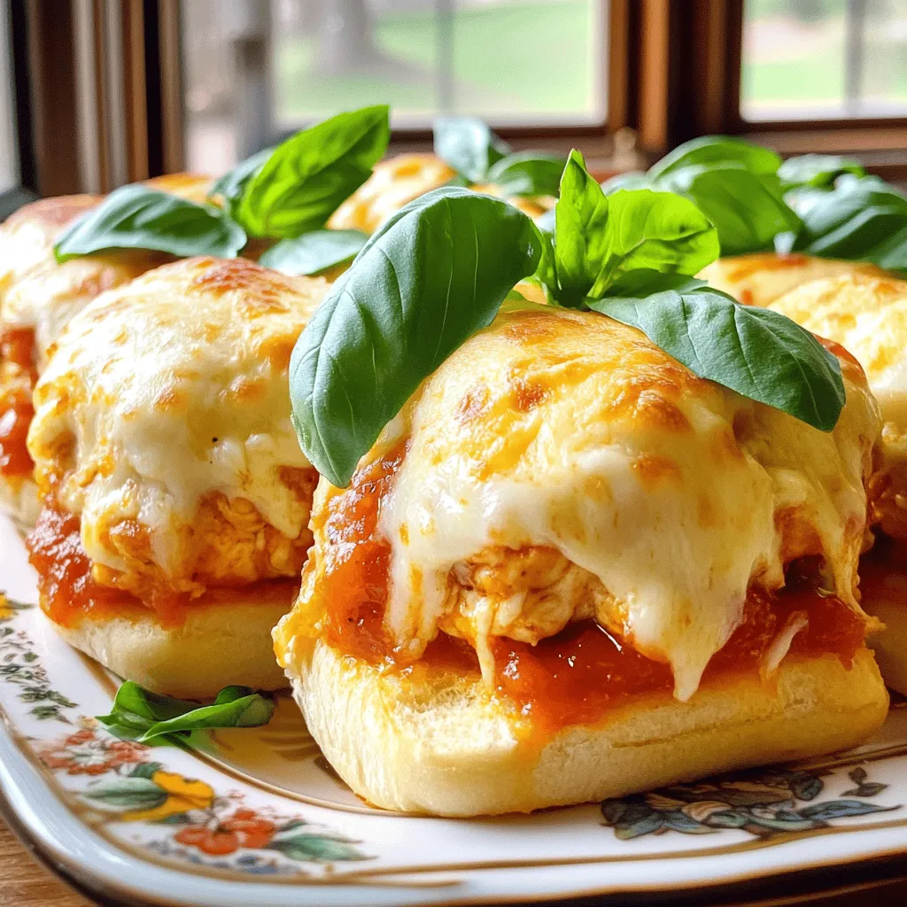 To make Chicken Parmesan Sliders, you need simple and tasty ingredients. Here is what you will need: - 1 lb ground chicken - 1/2 cup seasoned breadcrumbs - 1/4 cup freshly grated Parmesan cheese - 1 teaspoon garlic powder - 1 teaspoon onion powder - 1 teaspoon Italian seasoning - Salt and freshly ground black pepper, to taste - 6 slider buns (preferably whole grain or brioche) - 1 cup marinara sauce (homemade or store-bought) - 1 cup shredded mozzarella cheese These ingredients come together to create a delicious flavor that everyone loves. You can elevate your sliders with a few extra touches. Here are some ideas: - Fresh basil leaves for garnish - Sliced black olives for a salty twist - A sprinkle of red pepper flakes for heat - A drizzle of balsamic glaze for added richness These garnishes add flavor and make your sliders look great. Choosing good ingredients makes a big difference. Here are some tips: - Ground chicken: Look for lean ground chicken without fillers. - Breadcrumbs: Choose seasoned breadcrumbs for extra flavor. - Cheese: Freshly grated cheese melts better than pre-shredded. - Buns: Opt for whole grain or brioche for taste and texture. Using high-quality ingredients will make your Chicken Parmesan Sliders shine. For the full recipe, check out the details above. To start, gather your ingredients. You need ground chicken, breadcrumbs, Parmesan cheese, and seasonings. In a large bowl, mix these ingredients well. I like to use my hands to blend them completely. This helps the flavors combine nicely. Make sure to add salt and pepper to taste. The mixture should feel sticky but hold together well. Next, shape the chicken mixture into small patties. Each patty should match the slider bun size. Try to keep them even for even cooking. Heat a skillet over medium heat and add a drizzle of olive oil. Once hot, add the patties. Cook for about 5 minutes per side. Look for a golden brown color and check the internal temperature. It should reach 165°F (74°C) for safety. Now, it’s time to assemble. Preheat your oven to 375°F (190°C) if you haven’t already. Line a baking sheet with parchment paper. Place the bottom halves of the slider buns on the sheet. On each bun, add a cooked chicken patty. Then, spoon marinara sauce on top. Finally, sprinkle the shredded mozzarella cheese generously over each patty. Bake the sliders for 10-12 minutes. You want the cheese bubbly and melted. For extra flair, add fresh basil leaves before serving. Enjoy your Chicken Parmesan Sliders! For more details, check the Full Recipe. To make your Chicken Parmesan sliders golden, focus on the cooking time. Cook each patty for about five minutes on each side. Use medium heat to avoid burning. If you want even more color, broil the sliders for a minute after baking. This adds a nice touch to the cheese on top. One mistake is not mixing the chicken well. You want all the spices evenly spread. Another common error is overcooking the patties. Keep an eye on them. Use a meat thermometer to check for 165°F inside. Also, don’t skip the marinara sauce. It adds moisture and flavor, making your sliders juicy. Serve your sliders warm on a wooden board. Add fresh basil leaves for color and taste. You can also offer extra marinara sauce for dipping. Pair these sliders with a crisp salad or sweet potato fries for a full meal. Enjoy your sliders with a light drink, like lemonade or iced tea, to balance the flavors. For the complete recipe, check the Full Recipe. {{image_4}} You can make these sliders healthier with a few easy swaps. Use ground turkey instead of chicken. Turkey has less fat and still tastes great. For the buns, try whole grain or lettuce wraps. These keep it light and fresh. You can also bake the patties instead of frying them. This keeps the flavor while cutting down on oil. Want to jazz up your sliders? Add chopped spinach or bell peppers to the chicken mix. They give extra color and nutrition. You can also mix in different cheeses. Try feta or pepper jack for a tasty kick. If you love spice, add red pepper flakes to the marinara sauce. This brings heat and depth to your dish. For gluten-free eaters, swap breadcrumbs with crushed gluten-free crackers. You can use almond flour or oats as well. If you're dairy-free, choose a plant-based cheese. There are many options that melt well. For those avoiding meat, make veggie patties with beans and lentils. You can still enjoy all the flavors of Chicken Parmesan sliders without meat. These variations let everyone enjoy this meal. Check out the Full Recipe for more ideas. To keep your Chicken Parmesan sliders fresh, place them in an airtight container. You can store them in the fridge for up to three days. Make sure to separate the sliders with parchment paper to prevent sticking. This way, every slider stays intact and tasty when you reheat them. For the best taste, reheat your sliders in the oven. Preheat your oven to 350°F (175°C). Place the sliders on a baking sheet and cover them loosely with foil. Heat for about 10-15 minutes or until they are warm. This method keeps the sliders soft and the cheese melty. You can also use a microwave, but be aware that this can make the buns a bit chewy. You can freeze leftover sliders to enjoy later. Wrap each slider tightly in plastic wrap or foil. Then, place them in a freezer-safe bag. They can last up to three months in the freezer. To reheat, thaw them in the fridge overnight. Then follow the oven method for the best results. This way, you will have a quick meal ready anytime you crave those tasty flavors. The best way to cook Chicken Parmesan Sliders is to first pan-fry the patties. This gives them a nice golden crust. Heat a large skillet over medium heat and add a bit of olive oil. Cook the patties for about five minutes on each side. Make sure the internal temperature hits 165°F to ensure they are fully cooked. After frying, bake the assembled sliders in the oven at 375°F for about 10 to 12 minutes. This step melts the cheese and warms the buns. Yes, you can prepare Chicken Parmesan Sliders in advance. You can make the patties a day before and store them in the fridge. When you’re ready to cook, just follow the steps to fry and bake. You can also assemble the sliders without baking and keep them in the fridge. Just add a bit more time to bake them when you are ready to serve. This makes meal prep easy and fun. There are many tasty side dishes that go well with Chicken Parmesan Sliders. Here are a few ideas: - Caesar salad: Crisp romaine with creamy dressing. - Sweet potato fries: A sweet and crunchy option. - Garlic bread: Perfect for dipping in marinara sauce. - Steamed broccoli: A healthy and colorful side. - Coleslaw: Adds crunch and zest to your meal. These sides not only complement the sliders but also create a complete meal experience. For the full recipe, check back with the earlier sections! In this post, we explored Chicken Parmesan Sliders, from ingredients to cooking tips. Quality ingredients make a big difference, so choose wisely. Follow the steps I shared to cook and assemble the sliders perfectly. Don’t forget the tips to avoid common mistakes. You can enjoy healthy variations or add flavorful twists too. Store leftovers properly and reheating them can bring back their joy. Now, go ahead and make these sliders a hit at your next meal!