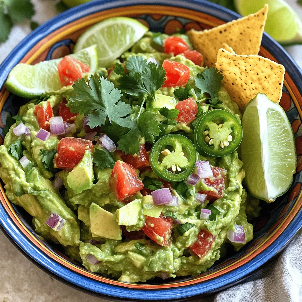 - Ripe avocados - Fresh lime juice - Red onion and garlic - Optional spices and extras For this easy guacamole, you will need: - 3 ripe avocados - 1 small red onion, finely chopped - 1 medium tomato, diced - 1-2 jalapeños, seeded and minced (adjust for spice) - 2 cloves garlic, minced - Juice of 2 limes (about 3-4 tablespoons) - 1/4 cup fresh cilantro, chopped - Salt and freshly ground black pepper to taste - Optional: 1/4 teaspoon ground cumin for extra flavor Choosing ripe avocados is key. They should feel soft but not mushy. A perfectly ripe avocado gives a creamy texture. Fresh limes enhance the guacamole's taste. Their bright juice adds zing. Always use fresh cilantro for a burst of flavor. Quality ingredients make your guacamole shine! Enjoy every bite! To make the best guacamole, start with the avocados. First, cut each avocado in half. Remove the pit gently with a knife. Use a spoon to scoop the creamy flesh into a bowl. Make sure the avocados are ripe; they should feel soft but not mushy. Next, mash the avocado to your preferred texture. If you like it smooth, use a fork and mash it well. For a chunkier guacamole, mash it lightly. Don't overdo it; you want some bits for texture. Now, let’s mix in the other ingredients. Start by adding the chopped red onion, diced tomato, minced jalapeños, and garlic. This order helps blend the flavors well. When mixing, use a gentle folding motion. This keeps the avocado chunks intact. If you stir too hard, you may end up with a puree. You want to see and taste the freshness of each ingredient. After mixing, it’s time for seasoning. Take a small spoonful and taste it. If it needs more flavor, add a pinch of salt or more lime juice. Lime juice brightens the guacamole and adds a zesty kick. If you want to enhance the flavor further, consider adding ground cumin. It gives a warm, earthy taste. Remember, small adjustments can make a big difference! Enjoy your guacamole with chips or on tacos, and watch everyone smile! For the full recipe, check out my Festive Creamy Avocado Fiesta Guacamole. To get the best texture for your guacamole, decide if you want it smooth or chunky. For smooth guacamole, mash the avocado well with a fork or a potato masher. If you prefer a chunkier dip, mash lightly. You want to keep some avocado pieces intact for that delightful bite. Use a fork for a rustic mash. A potato masher works well too. You can also try a food processor for a very smooth texture. Just pulse it a few times, so it doesn’t turn too creamy. Guacamole can brown quickly. To prevent this, press plastic wrap directly onto the surface of the guacamole. This limits air exposure. You can also add a thin layer of lime juice on top. This slows down the browning process. If you have leftovers, store them in an airtight container. To refresh guacamole the next day, mix in a splash of lime juice. This brightens the flavor and helps revive it. Make your guacamole stand out with fun serving ideas. Serve it in a colorful bowl to catch the eye. You can add whole cilantro leaves on top for a fresh look. Lime wedges around the bowl invite guests to dig in. Pair your guacamole with crispy tortilla chips for a classic snack. You can also use it as a topping on tacos or nachos. This adds flavor and makes your meal pop. Enjoy the vibrant colors and flavors! {{image_4}} You can make guacamole even more fun by adding fruit! Try mixing in diced mango or pineapple for a tropical twist. These fruits add a nice sweetness that pairs well with the creamy avocado. You can also play with herbs and spices. Swap out cilantro for fresh basil or mint for a different flavor. A pinch of smoked paprika or chili powder can bring some heat and depth. If you want a vegan guacamole, you’re in luck! This recipe is naturally vegan. You can also make it gluten-free, as all ingredients fit this need. For those watching sodium, simply use less salt or skip it. You can also add a bit of lime juice or diced tomato for extra flavor without the salt. To give your guacamole a Mexican flair, consider adding diced jalapeños or fresh corn. These ingredients add a fresh crunch! If you want to try something new, make Mediterranean guacamole. Mix in chopped olives and sun-dried tomatoes for a unique taste. You could even add a dollop of Greek yogurt for creaminess. Explore these variations, and don’t forget to check out the Full Recipe for a classic base to start from! Guacamole lasts about 1 to 3 days in the fridge. To store it well, use an airtight container. This helps keep air out and slows browning. If you want to save it longer, press plastic wrap directly on the surface. This prevents oxidation. You can freeze guacamole for up to 3 months. To do this, pack it into a freezer-safe container. Leave some space at the top for expansion. When you want to use it, thaw the guacamole in the fridge overnight. Mix it well before serving. Sometimes, it may look a bit watery. Just stir it up, and it will be good as new! Check for color changes. If your guacamole turns brown, it may still be okay. Taste a small amount to be sure. If it smells sour or has a strange texture, throw it away. Always trust your senses. When in doubt, it's safer to discard it. Homemade guacamole lasts about 1 to 2 days in the fridge. After that, it may turn brown and lose flavor. To keep it fresh, store it in an airtight container. Press plastic wrap directly onto the surface to reduce air exposure. This helps slow down browning. Yes, you can make guacamole in advance! Prepare it a few hours before your meal. Just remember to store it properly. Use lime juice to help keep it green. The acid in the lime slows down browning. If you're making it the day before, press the plastic wrap tightly against the guacamole. - Recipe ideas for using extra guacamole: - Spread it on toast for a quick breakfast. - Use it as a dip for veggies or chips. - Add it to a salad for creaminess. - Alternative uses beyond dipping: - Mix it into scrambled eggs for added flavor. - Use it as a topping for burgers. - Spread it inside a wrap or sandwich. Guacamole is a versatile delight! There are many ways to enjoy it beyond just dipping. If you want a full recipe, try my Festive Creamy Avocado Fiesta Guacamole. It's a crowd-pleaser! In this article, we covered how to make the best guacamole. We discussed essential ingredients like ripe avocados and fresh lime juice. I shared step-by-step instructions for preparing and mixing your guacamole. You learned tips for texture, storage, and presentation. Quality matters in your ingredients for the best flavor. Experiment with variations to fit your taste. Enjoy fresh guacamole as a dip or in creative dishes. Keep these tips in mind, and you will impress your friends and family with every batch!