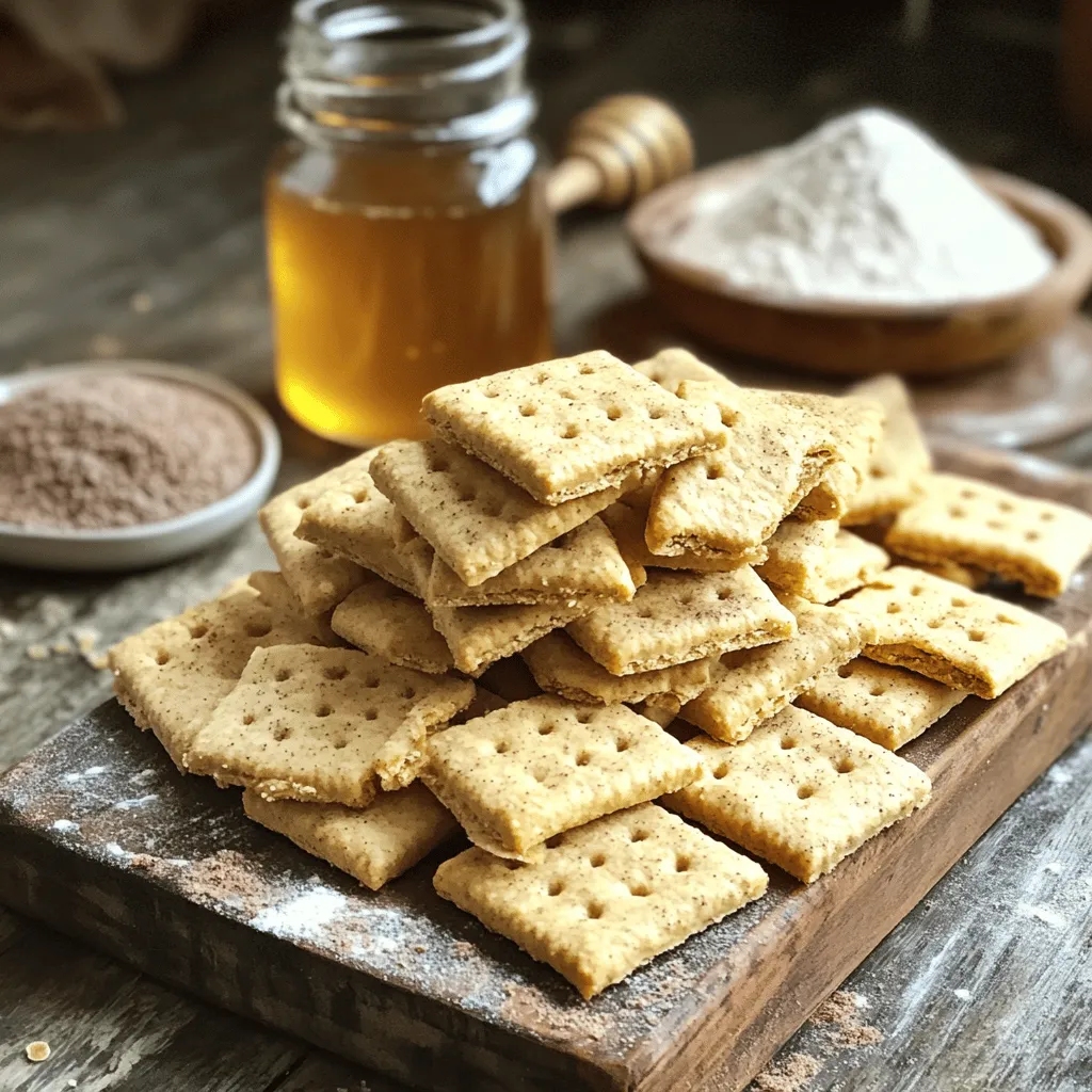 To make homemade graham crackers, gather these simple ingredients: - 1 ½ cups whole wheat flour - ½ cup all-purpose flour - ½ cup brown sugar, packed firmly - 1 teaspoon baking powder - ½ teaspoon baking soda - ¼ teaspoon sea salt - ½ teaspoon ground cinnamon - ½ cup unsalted butter, softened to room temperature - ¼ cup honey (preferably raw for added flavor) - 1 teaspoon pure vanilla extract - 3-4 tablespoons milk (add as needed for dough consistency) Using whole wheat flour is key for flavor and texture. It adds a nutty taste and a hearty feel. Whole wheat flour also packs more nutrients than all-purpose flour. It has fiber, vitamins, and minerals that support your health. This flour helps create a rich, wholesome taste that makes these crackers special. If you're missing some ingredients, don't worry! Here are some substitutions: - For whole wheat flour, use spelt or oat flour for a different texture. - Maple syrup can replace honey if you want a vegan option. - If you lack unsalted butter, try coconut oil or margarine. - Use brown sugar substitutes, like coconut sugar, for a lower glycemic index. These swaps can still yield tasty homemade graham crackers. Start by gathering your ingredients. In a large bowl, mix 1 ½ cups whole wheat flour, ½ cup all-purpose flour, and ½ cup brown sugar. Add 1 teaspoon baking powder, ½ teaspoon baking soda, ¼ teaspoon sea salt, and ½ teaspoon ground cinnamon. Use a whisk to blend them well, breaking any lumps. This gives your crackers a nice texture. Next, in another bowl, beat ½ cup softened unsalted butter, ¼ cup honey, and 1 teaspoon pure vanilla extract until it is creamy. Use a hand mixer or spatula. This step helps create a light and fluffy mixture that gives flavor to your dough. Now, slowly add the dry ingredients to the creamy mixture. Stir with a wooden spoon. The dough will look crumbly at first, but keep mixing until it starts to come together. Add milk one tablespoon at a time. Mix gently until the dough forms a ball. It should hold together but not be sticky. If it is too dry, add a bit more milk. Divide the dough into two equal parts. Wrap each part in plastic wrap. Place them in the fridge for at least 30 minutes. Chilling the dough helps it hold its shape while baking. Once chilled, take one portion out. On a lightly floured surface, roll it out to about 1/8 inch thick. Make sure it doesn’t stick to the surface. If needed, sprinkle a little flour on top to help with rolling. After rolling, use a sharp knife or cookie cutter to cut the dough into your favorite shapes. Squares or rectangles work best for even cooking. Preheat your oven to 350°F (175°C). Line a baking sheet with parchment paper. This prevents sticking and helps with cleanup. Place the cut crackers on the baking sheet. Use a fork to prick each cracker gently. This step stops them from puffing up too much as they bake. Bake the crackers for 12-15 minutes. Look for golden brown edges and a firm feel. When they are done, take them out and let them cool completely on a wire rack. This cooling step makes them crunchy and delicious. Enjoy your homemade graham crackers! For more details, see the Full Recipe. To get that crunchy and crisp texture, follow a few key steps. First, use a light touch when mixing the dough. Overworking it can lead to tough crackers. Second, let the dough chill for at least 30 minutes. This helps keep the crackers from spreading too much while baking. Lastly, roll the dough to about 1/8 inch thick. Thinner crackers bake faster and become crispier. Graham crackers are great on their own, but you can add fun flavors! Here are a few ideas: - Add 1 teaspoon of cocoa powder for a chocolate twist. - Mix in 1 tablespoon of finely chopped nuts for crunch. - Sprinkle in some lemon zest for a fresh, zesty taste. - Experiment with different spices, like nutmeg or ginger, to surprise your taste buds. Every baker makes mistakes, but you can avoid these common ones: - Not measuring properly: Use measuring cups and spoons to get accurate amounts. - Skipping the chill: Chilling the dough helps maintain shape. Don’t skip this step! - Not checking the oven: Ovens vary. Keep an eye on your crackers to prevent burning. - Ignoring cooling time: Letting your crackers cool completely is key to achieving that perfect crunch. {{image_4}} You can add fun flavors to your graham crackers. Here are some ideas: - Chocolate Graham Crackers: Add 1/4 cup of cocoa powder to the dry mix. This gives a rich chocolate taste. - Spiced Graham Crackers: Mix in spices like nutmeg or ginger. Just 1/2 teaspoon works great. - Maple Flavor: Swap honey for pure maple syrup. This adds a sweet twist. Experimenting with flavors makes your crackers unique. You can even blend flavors for more fun. If you need gluten-free options, use these ingredients: - 1 ½ cups almond flour - ½ cup coconut flour - ½ cup brown sugar, packed firmly - 1 teaspoon baking powder - ½ teaspoon baking soda - ¼ teaspoon sea salt - ½ teaspoon ground cinnamon - ½ cup coconut oil, softened - ¼ cup maple syrup - 1 teaspoon pure vanilla extract - 3-4 tablespoons almond milk Follow the same steps as the original recipe. This version keeps the taste and texture great. You can enjoy homemade graham crackers gluten-free! For a vegan twist, make these simple swaps: - Replace unsalted butter with coconut oil or vegan butter. - Use maple syrup or agave syrup in place of honey. - Choose a plant-based milk like almond or oat milk. These swaps keep your graham crackers tasty while fitting a vegan diet. You can feel good about enjoying them! For the full recipe, check the earlier sections. To keep your homemade graham crackers fresh, store them in an airtight container. This method prevents moisture from making them soft. I recommend using a glass jar or a plastic container with a tight lid. You can also use a resealable bag. Place a piece of parchment paper between layers if stacking. This helps keep them crisp. To maintain the crunch, keep your crackers in a cool, dry place. Avoid direct sunlight, as heat can alter their texture. For added freshness, you can add a small packet of silica gel in the container. This helps absorb any excess moisture. Check your crackers every few days. If you see any signs of moisture, use them quickly or re-bake them lightly to restore crispness. Freezing is a great option for long-term storage. First, let your crackers cool completely after baking. Then, place them in a single layer on a baking sheet. Freeze them for about an hour. Once frozen, transfer them to a freezer-safe bag or container. Be sure to remove as much air as possible. They can last up to three months in the freezer. When ready to use, simply thaw at room temperature for a few hours. Enjoy your homemade graham crackers anytime! For the full recipe, check out the Crunchy Delight: Homemade Graham Crackers section above. To make graham crackers from scratch, gather your ingredients first. You will need whole wheat flour, all-purpose flour, brown sugar, baking powder, baking soda, sea salt, ground cinnamon, unsalted butter, honey, vanilla extract, and milk. Start by mixing the dry ingredients in one bowl. In another bowl, cream the butter with honey and vanilla. Then, combine both mixtures to form a dough. Chill the dough for 30 minutes, roll it out, cut it into shapes, and bake at 350°F for 12-15 minutes. Check the full recipe for detailed steps. If you want to skip honey, you can use maple syrup or agave nectar. Both options keep the sweetness and moisture. If you prefer a sugar-only option, use granulated sugar. Remember, using liquid sweeteners may change the dough's consistency. Adjust the milk accordingly to keep a good texture. You can tell your graham crackers are done when the edges turn golden brown. They should feel firm when you touch them. If they are still soft, they need more time. Let them cool on a wire rack. They will crisp up as they cool down. Enjoy your homemade treat! Making homemade graham crackers is fun and rewarding. You learned about the right ingredients, like whole wheat flour, and you explored tasty substitutions. I shared step-by-step instructions for making the dough, rolling it out, and baking it just right. You got tips for texture and flavor, plus common mistakes to avoid. Remember, you can try different flavors and even make them gluten-free or vegan. Proper storage helps keep your crackers fresh longer. Now, you can confidently make delicious graham crackers at home! Enjoy your baking adventure!
