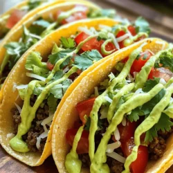 - 1 lb ground beef - 1 tablespoon olive oil - 1 small onion, finely chopped - 2 cloves garlic, minced - 1 tablespoon chili powder - 1 teaspoon ground cumin - 1 teaspoon smoked paprika - Salt and pepper, to taste - 8 taco shells (choose between corn or flour) - 1 cup shredded lettuce - 1 cup diced fresh tomatoes - 1/2 cup shredded cheese (cheddar or Mexican blend) - 1/4 cup fresh cilantro, chopped - 1 ripe avocado - 1/2 cup sour cream or Greek yogurt - 1 tablespoon fresh lime juice - Salt and pepper, to taste - Sliced jalapeños, additional cheese - Mexican rice or beans as a side dish When I make these beef tacos, I focus on fresh, quality ingredients. The ground beef is the star here. It soaks up all the spices, making every bite flavorful. I always use ripe avocados for the crema. Their creaminess balances the taco's heat perfectly. The spices I choose add depth. Chili powder brings warmth, while smoked paprika gives a hint of smokiness. Don't skip the lime juice in the crema. It brightens the flavors so well. Feel free to customize your tacos! Add sliced jalapeños if you like heat. Extra cheese never hurts, either. Serving these with Mexican rice or beans adds heartiness to your meal. For the full recipe, check out the complete instructions. Start by heating olive oil in a large skillet over medium heat. Add the finely chopped onion and minced garlic. Sauté them for about 3-4 minutes. You want the onion to turn soft and fragrant. Next, add 1 lb of ground beef to the skillet. Use a spatula to break it apart as it cooks. Stir occasionally until the beef is browned. Once browned, drain any excess fat from the skillet. Now, let’s add some flavor. Sprinkle in 1 tablespoon of chili powder, 1 teaspoon of ground cumin, and 1 teaspoon of smoked paprika. Don’t forget to add salt and pepper to taste. Stir well to mix everything. Let it cook for another 2-3 minutes. This helps the spices blend into the beef. In a blender or a bowl, combine 1 ripe avocado, 1/2 cup of sour cream, and 1 tablespoon of fresh lime juice. Add a pinch of salt and pepper. Blend until the mixture is smooth and creamy. Taste it and adjust the seasoning if needed. This creamy topping will make your tacos extra special. Next, warm your taco shells. You can use the oven or microwave to do this. Once heated, fill each taco shell with a generous portion of the seasoned beef. Top it off with shredded lettuce, diced tomatoes, and shredded cheese. Finally, add a dollop of your avocado crema on top. Plate your delicious tacos right away. Serve with extra avocado crema on the side for dipping. For a complete meal, consider adding sides like Mexican rice or beans. Enjoy your tasty beef tacos with friends and family! To make your beef tasty, start with good seasoning. Use chili powder, cumin, and smoked paprika. These spices add depth and warmth. Mix them well into your cooked beef. Avoid overcooking the beef. Cook it until it is just brown. This keeps it juicy and tender. If you cook too long, it will lose flavor and texture. Choose a ripe avocado for the best crema. A ripe avocado feels slightly soft when you press it. If it’s too hard, wait a few days. Blend it with sour cream or Greek yogurt. This adds creaminess and tang. For a twist, try adding garlic or cilantro. These flavors make the crema unique and fresh. When building your tacos, spread toppings evenly. Start with beef, then add lettuce and tomatoes. This helps each bite have balanced flavor. To keep taco shells crispy, warm them just before serving. Avoid filling them too early, as moisture makes them soggy. Enjoy your tacos fresh and full of flavor! For the full recipe, check out [Full Recipe]. {{image_4}} Want to kick up the heat? You can add jalapeños or hot sauce to your tacos. Slice fresh jalapeños and scatter them on top. For hot sauce, drizzle your favorite brand over the finished tacos. You can also use spicy seasoning. Try adding cayenne pepper or a spicy taco blend to the beef while it cooks. This will give your dish a nice, fiery flair. If you prefer no meat, there are great substitutes. Swap the beef for black beans, lentils, or crumbled tofu. Each option offers a different taste and texture. For a vegan avocado crema, replace sour cream with cashew cream or silken tofu. Blend it with lime juice and seasoning for a creamy, zesty finish. You can choose between corn or flour shells. Corn shells are crisp and have a rich flavor, while flour shells are soft and chewy. Both work great! If you want to try something new, make homemade taco shells. Just take flour tortillas and fry them in hot oil until crispy. This adds an extra touch to your beef tacos with avocado crema. For the full recipe, check out the details above! To keep your leftover beef fresh, place it in an airtight container. Make sure it cools down first. Store it in the fridge for up to three days. When you are ready to eat, reheat it in a skillet over medium heat. Stir often until it's hot. You can also use a microwave, but be careful not to overcook it. To store avocado crema, transfer it to a small bowl. Cover it tightly with plastic wrap. Press the wrap directly onto the crema to limit air exposure. This helps prevent browning. You can keep it in the fridge for 1-2 days. If it does brown, you can scrape off the top layer to find the green goodness below. Yes, you can freeze beef tacos. However, I recommend freezing the beef separately from the taco shells. Place the beef in a freezer-safe bag, squeezing out air. It can last up to three months in the freezer. To thaw, move it to the fridge overnight. Reheat it on the stove or in the microwave. For taco shells, freeze them in their original packaging for best results. Heat them in the oven before serving. Enjoy your delicious beef tacos with avocado crema anytime! Making beef tacos with avocado crema takes about 30 minutes. You spend 15 minutes prepping. Cooking takes the other 15 minutes. This is fast for a tasty meal. Yes, you can use other meats! Chicken or turkey work great. If you prefer, try plant-based options like lentils or tofu. Each choice adds its own unique taste. You can add many tasty toppings! Consider sliced jalapeños for heat. Fresh lime juice brightens up the flavor too. You might also like adding avocado slices or extra cheese. Marinades can give your meat a new twist. Try different spices for fun flavors. Beef tacos are simple and fun to make. We covered the main ingredients, seasoning tips, and how to prepare avocado crema. You can personalize your tacos with various toppings and sides. Don't forget how to keep leftovers fresh. Enjoy getting creative with flavors and textures. Whether spicy or mild, everyone will love these tacos. With practice, you'll master this dish for any occasion. Now, it's time for you to make your own delicious tacos!