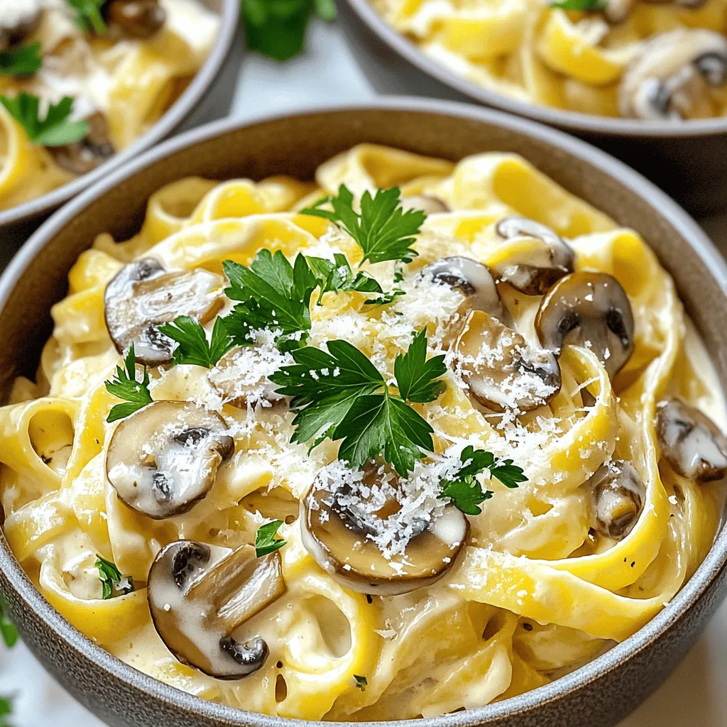- 8 oz fettuccine or preferred pasta - 2 tablespoons extra virgin olive oil - 3 cups sliced mushrooms (button or cremini) - 4 cloves garlic, finely minced - 1 teaspoon dried thyme or 1 tablespoon fresh thyme - 1 cup heavy cream or lighter substitute - ½ cup freshly grated Parmesan cheese - Salt and freshly cracked black pepper to taste - Fresh parsley for garnish For this creamy garlic mushroom pasta, you need simple ingredients that pack a punch. Start with 8 oz of fettuccine, or any pasta you love. The choice of pasta shapes can change how the sauce clings, so pick one that speaks to you. Next, grab 2 tablespoons of extra virgin olive oil. This oil gives the dish a rich flavor and helps sauté the mushrooms perfectly. I often use button or cremini mushrooms, about 3 cups sliced. Their earthy taste complements the garlic nicely. Speaking of garlic, you’ll need 4 cloves, finely minced. Garlic adds warmth and depth to this dish. For seasoning, I like to use 1 teaspoon of dried thyme or, if you have it fresh, 1 tablespoon. This herb enhances the flavor beautifully. The creamy part comes from 1 cup of heavy cream. If you want a lighter dish, you can swap it for a substitute. Don’t forget ½ cup of freshly grated Parmesan cheese for that cheesy goodness! Finally, bring everything together with salt and freshly cracked black pepper to taste. To make it look lovely, sprinkle fresh parsley on top as a garnish. To see how to make this dish step-by-step, check out the Full Recipe. - Cook fettuccine according to package instructions. - Reserve ½ cup starchy pasta water. Cooking the pasta is the first step. Use a large pot with salted boiling water. This adds flavor to the pasta. Follow the time on the package for al dente texture. Al dente means the pasta is firm yet tender. Once cooked, drain it but keep that starchy water. This water helps to make the sauce creamy later. - Heat olive oil in a skillet over medium-high heat. - Sauté mushrooms until golden brown (5-7 minutes). Next, we sauté the mushrooms. In a large skillet, heat extra virgin olive oil over medium-high heat. You want it hot but not smoking. Add the sliced mushrooms in a single layer. Let them cook for 5-7 minutes. Stir them gently for even cooking. They should turn golden brown and lose their moisture. This step adds deep flavor and texture to our dish. - Add minced garlic and thyme to mushrooms. - Stir in heavy cream and cheese, adjust consistency. Now, let’s prepare the sauce. Once the mushrooms are browned, add minced garlic and thyme. Cook for 1-2 minutes until the garlic smells amazing. Then, pour in the heavy cream. Stir it well and let it simmer for 2-3 minutes. This thickens the sauce. Gradually mix in the grated Parmesan cheese. If the sauce gets too thick, add some reserved pasta water. This keeps it creamy and smooth. Now, fold the drained pasta into the sauce. Make sure every piece of pasta is coated in that delicious, creamy sauce. You can find the Full Recipe to make this tasty dish easy to follow! To cook pasta just right, time is key. Aim for about 8-10 minutes for fettuccine. You want it al dente, meaning it should feel firm but not hard. This texture holds up well in the sauce. After cooking, don’t forget to save half a cup of that starchy pasta water. It helps the sauce cling better later. For the sauce, the right consistency is vital. Start with heavy cream, which gives a rich base. If the sauce thickens too much, add some reserved pasta water. This will help you reach the creamy texture you desire. Seasoning can make or break your dish. Start with salt and black pepper to taste. Fresh herbs elevate flavors. If you can’t find fresh thyme, dried thyme works well too. You can also try adding a pinch of crushed red pepper for a hint of heat. If you love cheese, consider mixing in a bit of goat cheese or feta. These options add unique flavors that pair nicely with mushrooms. For a beautiful plate, use deep bowls. This adds elegance to your meal. You can drizzle a little extra cream on top for a fancy touch. Garnish with fresh parsley for color and flavor. A sprinkle of extra Parmesan on top looks great too. It makes your creamy garlic mushroom pasta even more appealing. Enjoy every bite! {{image_4}} You can change the pasta to fit your needs. For gluten-free options, try using brown rice pasta or chickpea pasta. These alternatives cook well and taste great. If you're looking for a lighter dish, you can swap heavy cream for coconut cream or cashew cream. Both give a nice flavor without dairy. Adding vegetables can enhance your dish. Fresh spinach brings a lovely color and nutrients. Just toss it in during the last minute of cooking. Sun-dried tomatoes add a sweet and tangy taste. You can also mix in seasonal veggies like asparagus or zucchini. These add freshness and a unique twist. Want to make this dish heartier? Grilled chicken or shrimp works well. Just cook them separately and add them to the pasta. For a vegetarian option, try adding tofu. Firm tofu works best—just sauté it until golden. This way, you add protein without losing flavor. For more ideas and the full recipe, check out the [Full Recipe]. To store leftovers, place them in an airtight container. This keeps the flavors fresh. Make sure to cool the pasta to room temperature before sealing it. Properly stored, creamy garlic mushroom pasta lasts for about 3 to 4 days in the fridge. When you're ready to eat, just reheat it on the stove or in the microwave. If you want to freeze creamy garlic mushroom pasta, use a freezer-safe container. Leave some space for expansion, as sauces can change texture when frozen. This dish can stay good in the freezer for up to 2 months. When you're ready to enjoy, thaw it in the fridge overnight. Reheat it gently on the stove. Add a splash of cream or reserved pasta water to restore its creamy texture. The total time to make creamy garlic mushroom pasta is about 25 minutes. It takes 10 minutes to prep and 15 minutes to cook. This quick recipe is perfect for busy weeknights or a cozy dinner. Yes! You can swap mushrooms to suit your taste. Try using shiitake, oyster, or portobello mushrooms. Each type adds a unique flavor and texture to your dish. Button mushrooms are mild, while shiitake gives a rich, earthy taste. Absolutely! For a vegan version, use plant-based cream and nutritional yeast instead of cheese. Coconut cream or cashew cream works well too. These substitutes keep the dish creamy and delicious without animal products. This pasta pairs well with a fresh salad or garlic bread. A simple arugula salad with lemon dressing adds a nice touch. Roasted vegetables like asparagus or broccoli also complement the dish nicely. You can even enjoy it with some crusty bread for dipping! This blog post covers making creamy garlic mushroom pasta in easy steps. We detailed the ingredients, cooking process, and helpful tips. You can customize it with different proteins or vegetables. Storing and reheating are simple too. In conclusion, you can create a delicious meal that fits your taste. Enjoy making this dish your own!