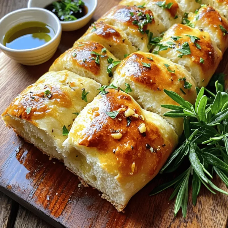 To make Garlic Herb Pull Apart Bread, you will need: - 3 cups all-purpose flour - 2 ¼ teaspoons instant yeast (1 packet) - 1 teaspoon granulated sugar - 1 teaspoon sea salt - 1 cup warm water (approximately 110°F or 43°C) - 4 tablespoons unsalted butter, melted, plus extra for greasing - 4 cloves garlic, finely minced - 2 tablespoons fresh parsley, finely chopped - 1 tablespoon fresh rosemary, finely chopped - 1 tablespoon fresh thyme, finely chopped - ½ teaspoon freshly ground black pepper If you want to switch things up, here are some ideas: - Replace all-purpose flour with bread flour for a chewier texture. - Use active dry yeast instead of instant yeast, but let it bloom first. - Swap out the fresh herbs for dried herbs; use one-third the amount. - For a dairy-free option, use vegan butter. - If you’re out of garlic, try onion powder or garlic powder. To make this bread, gather these tools: - Large mixing bowl - Wooden spoon or spatula - Clean kitchen towel - Bench scraper or sharp knife - Greased bundt pan or loaf pan - Oven mitts and cooling rack These ingredients and tools will help you create a bread that’s perfect for sharing. If you want the full recipe, refer to the detailed steps ahead! Start by mixing warm water, sugar, and yeast in a bowl. Stir it gently. Let it sit for about 5 minutes. You will see bubbles forming. This means the yeast is working. This step is key for great rise in the bread. Next, add flour, salt, and 2 tablespoons of melted butter to the yeast mix. Stir until a shaggy dough forms. Then, turn the dough out onto a floured surface. Knead it for 5-7 minutes. You want it smooth and elastic. The dough should bounce back when pressed lightly. Place the kneaded dough in a greased bowl. Turn it so all sides are coated in butter. Cover the bowl with a clean towel. Let it rise in a warm spot for about 1 hour. It should double in size. After that, gently punch it down to release air. Now, turn the dough onto a floured surface. Cut it into 24 equal pieces. Roll each piece into a ball. In a separate bowl, mix garlic, parsley, rosemary, thyme, black pepper, and remaining melted butter. This is your garlic herb coating. Dip each dough ball into the garlic herb mix. Stack them in a greased bundt or loaf pan. Cover the pan with a towel and let it rise for another 30 minutes. Preheat your oven to 375°F (190°C) during this time. Bake the bread for 25-30 minutes. It should turn golden brown and sound hollow when tapped. Let it cool for a few minutes in the pan. Then, transfer it to a platter. Now, enjoy pulling apart warm pieces of this delicious bread. For a tasty twist, serve it with olive oil and balsamic vinegar. To get soft, fluffy pull-apart bread, you must knead the dough well. Knead it for about 5-7 minutes until it feels smooth and elastic. The dough should spring back when you press it gently. This shows that you have developed the gluten properly. Also, let the dough rise in a warm spot. This helps it grow nice and big. Garlic and herbs are a great team. You can mix up the herbs to make new flavors. Try adding fresh basil or oregano for a twist. A pinch of red pepper flakes can add a nice kick. For a cheesy version, add shredded mozzarella or parmesan to the garlic herb mix. This will make your bread even tastier. One common mistake is not letting the dough rise enough. Always wait until it doubles in size. If you rush this step, your bread can turn out dense. Another mistake is not coating the dough balls well. Make sure each ball gets a good dip in the garlic herb mix. This adds great flavor to every piece. Lastly, don’t skip cooling the bread before serving. It helps the texture set and makes pulling apart easier. For the full recipe, check out the section above! {{image_4}} Adding cheese to your Garlic Herb Pull Apart Bread makes it extra tasty. You can choose any cheese you love. I recommend mozzarella or cheddar for their meltiness. Just sprinkle shredded cheese between the dough balls as you layer them in the pan. Bake as usual, and enjoy the gooey, cheesy goodness! Feel free to mix up the herbs in your bread. Instead of just parsley, rosemary, and thyme, you can add oregano or basil for a new twist. You can even use spices like paprika or red pepper flakes for a little heat. Experimenting with different herbs and spices lets you find your perfect flavor. If you crave something sweet, you can turn this bread into a dessert. Swap the garlic and herbs for cinnamon and sugar. You can also add chopped apples or nuts for texture. Coat the dough balls in melted butter and sugar for a sweet crust. This sweet version is perfect for breakfast or a treat after dinner. For the full recipe, use the ingredients and steps above to guide your cooking adventure! To keep your garlic herb pull apart bread fresh, wrap it tightly in plastic wrap. I recommend placing it in an airtight container. This helps keep moisture inside and prevents it from drying out. Store it at room temperature for up to three days. If you want it to last longer, consider refrigeration. However, the bread may lose some softness when chilled. When you're ready to enjoy the bread again, preheat your oven to 350°F (175°C). Unwrap the bread and place it on a baking sheet. Cover it with aluminum foil to keep it moist. Heat for about 10-15 minutes or until warm. You can also pop individual pieces in the microwave for 15-20 seconds if you prefer. Just remember that they may not be as crispy. If you want to save some for later, freezing works great. Wrap the fully cooled bread tightly in plastic wrap, then in aluminum foil. It lasts up to three months in the freezer. When you are ready to eat it, remove it from the freezer and let it thaw in the fridge overnight. After thawing, reheat it in the oven for the best taste and texture. For the full recipe, check out the detailed steps. To make Garlic Herb Pull Apart Bread, start by activating the yeast. Mix warm water, sugar, and instant yeast in a bowl. Let it sit for 5 minutes until frothy. Then, add flour, salt, and melted butter. Stir until you form a shaggy dough. Knead on a floured surface for 5-7 minutes until smooth. Let it rise in a greased bowl for about an hour. After it doubles in size, divide the dough into 24 pieces. Coat each piece with a garlic herb mixture and stack in a greased pan. Let it rise again for 30 minutes and bake at 375°F (190°C) for 25-30 minutes. Enjoy warm! Yes, you can use whole wheat flour. It will change the texture and flavor slightly. The bread may be denser and have a nuttier taste. You might need to adjust the water amount for the right dough consistency. Start with the same amount and add a little more if needed. Leftover pull apart bread lasts about 2-3 days at room temperature. Wrap it in foil or plastic wrap to keep it fresh. For longer storage, place it in the fridge for up to a week. Just be aware that the texture may change. Serve this bread warm on a rustic board. Pair it with olive oil and balsamic vinegar for dipping. Adding a sprinkle of fresh herbs on top makes it look great. You can also enjoy it with soups or salads. It’s perfect for sharing at gatherings! Yes, you can make a vegan version! Use plant-based butter instead of dairy butter. Substitute warm water with almond or soy milk if desired. Make sure your yeast is vegan-friendly, and you’re all set! Enjoy your vegan Garlic Herb Pull Apart Bread just as much! For the full recipe, refer to the detailed ingredients and instructions above. We explored the essential ingredients and steps to create Garlic Herb Pull Apart Bread. You learned about useful tools, how to prepare the dough, and tips to avoid common mistakes. Now, you can impress your friends with tasty variations and proper storage methods. Remember, practice makes perfect in baking. Use these tips to make your bread soft and flavorful. Enjoy every bite and experiment with your own flavors, creating a unique recipe each time!