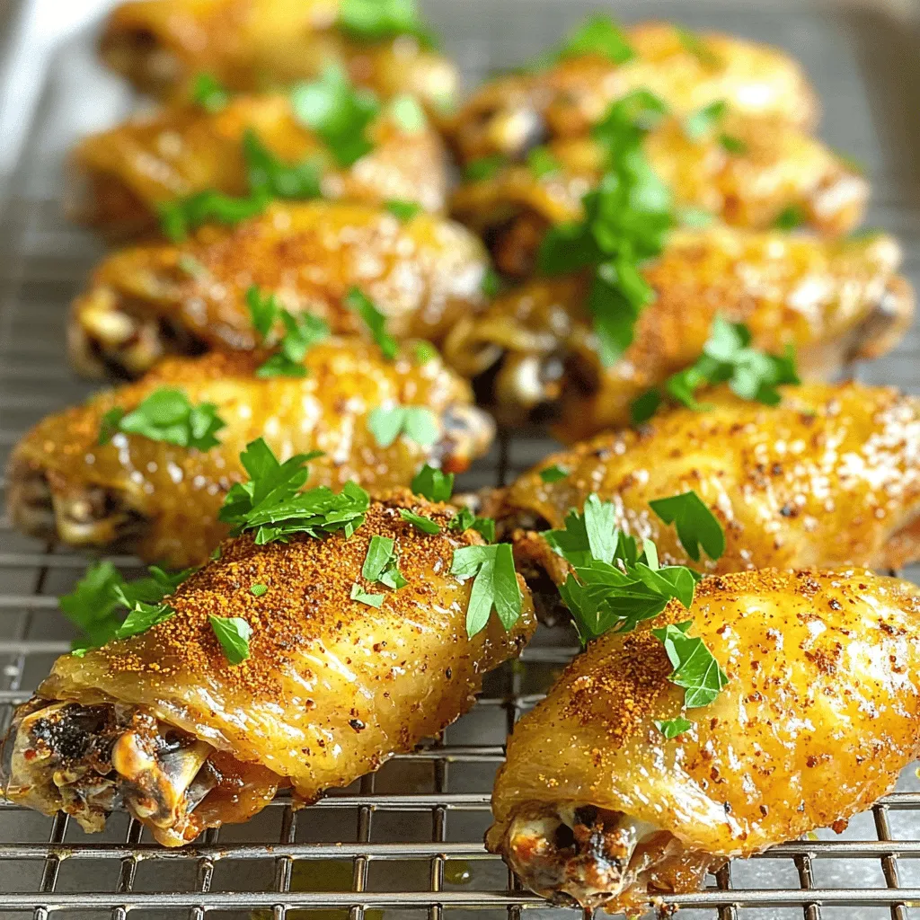 To make crispy baked chicken wings, gather these key ingredients: - 2 lbs chicken wings, cut into flats and drumettes - 2 tablespoons baking powder - 1 teaspoon salt - 1 teaspoon garlic powder - 1 teaspoon onion powder - 1 teaspoon smoked paprika - ½ teaspoon black pepper - ½ teaspoon cayenne pepper (adjust for spice level) - 3 tablespoons olive oil - Fresh parsley, finely chopped, for garnish Using the right amounts matters. Here’s how to measure: - Chicken wings: Weigh them to 2 pounds. - Baking powder: Use 2 tablespoons for crispiness. - Salt: One teaspoon enhances flavor. - Spices: Each spice needs one teaspoon, except black and cayenne pepper, which are measured in half teaspoons. - Olive oil: Use 3 tablespoons to help wings brown. - Fresh parsley: A small handful, finely chopped, makes a great garnish. Seasoning is key to flavor. Here’s what you need: - Baking powder helps create that crunchy skin. - Salt boosts the taste of the chicken. - Garlic powder adds a savory note. - Onion powder rounds out the flavors. - Smoked paprika gives a nice, smoky touch. - Black pepper adds a bit of heat. - Cayenne pepper can spice things up! Adjust it to your taste. These ingredients make your wings tasty and help achieve that perfect crisp. For the full recipe, check out the detailed instructions. First, preheat your oven to 425°F (220°C). This high heat is key for crispy wings. Line a baking sheet with aluminum foil for easy cleanup. Place a wire rack on top. The rack allows air to flow around the wings, helping them crisp up. In a large bowl, mix together the baking powder, salt, garlic powder, onion powder, smoked paprika, black pepper, and cayenne pepper. Stir well to combine. This blend adds great flavor to your wings. Take your chicken wings and pat them dry with paper towels. Dry wings are crucial for crispiness. Removing moisture helps the skin turn golden and crunchy during baking. Add the chicken wings to the bowl with the spice mix. Toss them gently until every wing is coated evenly. You want to cover every inch for the best flavor. Drizzle the olive oil over the seasoned wings. Toss them again to coat, promoting browning. Then, lay the wings in a single layer on the wire rack. Make sure they don’t touch, as this spacing is key for air circulation. Bake the wings in the oven for 40-45 minutes. Flip them halfway through to ensure even cooking. Once they are golden brown and crispy, remove them from the oven. Let them rest for a few minutes before serving. This helps the skin set, enhancing crunchiness. Just before serving, sprinkle with chopped parsley for a fresh touch. Enjoy your crispy baked chicken wings hot! For the full recipe, check out the details provided. To get your chicken wings super crispy, start with dry wings. Pat them with paper towels before seasoning. This step is key. Next, use baking powder. It helps the skin crisp up when baking. Set the oven to 425°F (220°C). This high heat makes all the difference. Use a wire rack over a baking sheet. This lets hot air circulate around the wings, making them crispy all over. One mistake is overcrowding the wings on the baking rack. If the wings touch, they steam instead of bake. Another mistake is not drying the wings well. Wet wings lead to soggy skin. Also, don't skip the oil! It keeps the wings moist and helps them brown. Lastly, flipping the wings halfway through helps them cook evenly. For the best crispy wings, use these tools: - Wire rack - Baking sheet - Paper towels for drying - Mixing bowl for seasoning - Tongs for flipping the wings These tools help you achieve the best results with your wings. Check out the Full Recipe for all the details! {{image_4}} You can easily change the flavor of your wings. Buffalo sauce adds heat and tang. Just toss the baked wings in melted butter mixed with hot sauce. For BBQ wings, coat them with your favorite BBQ sauce after baking. Garlic Parmesan wings are a great choice, too. Toss cooked wings with melted butter, garlic, and grated Parmesan cheese for a rich taste. Each flavor brings a unique twist, making it fun to try them all! Some love spice, while others prefer mild flavors. To make spicy wings, add more cayenne pepper or use a hot sauce. If you want mild wings, reduce the cayenne and skip the hot sauce. You can also use sweet sauces for a gentler flavor. This way, everyone at your table can enjoy their wings just the way they like them! You don’t have to bake your wings to get them crispy. An air fryer works great for a quick cook. Just adjust the time to about 25-30 minutes at 400°F (200°C). For a smoky flavor, try grilling them. Cook on medium heat for about 20 minutes, turning often. Both methods give you that crunchy texture without a lot of oil. You can find the full recipe to guide you through these methods. To store leftover wings, let them cool first. Place the wings in an airtight container. You can keep them in the fridge for up to four days. If you want to keep them longer, consider freezing. Make sure to separate layers with parchment paper to prevent sticking. When reheating wings, I recommend using the oven. Preheat your oven to 350°F (175°C). Place the wings on a baking sheet lined with foil. Heat for about 10-15 minutes. This method keeps the skin crispy and the meat juicy. Avoid the microwave as it can make them soggy. For freezing, pack the wings in freezer bags. Remove as much air as possible before sealing. You can freeze them for up to three months. When you’re ready to eat, thaw them in the fridge overnight. Then, reheat in the oven for the best taste and texture. Enjoy your crispy baked chicken wings anytime! Baking chicken wings takes about 40 to 45 minutes. Preheat your oven to 425°F. This high heat helps the wings get crispy and golden brown. Halfway through baking, flip the wings for even cooking. Wings may not be crispy for a few reasons. Moisture on the wings can lead to sogginess. Make sure to pat the wings dry before seasoning. Also, using enough baking powder helps create a crispier skin. Do not overcrowd the baking sheet; space them out on a rack. Yes, you can use frozen chicken wings. However, it’s best to thaw them first. Thawing helps remove excess moisture, which is key for crispiness. Use the same seasoning and baking method for great results. Many sauces go well with baked wings. Here are some popular choices: - Ranch dressing - Blue cheese dressing - Honey mustard - BBQ sauce - Hot sauce Feel free to mix and match according to your taste! To adjust the spice level, vary the amount of cayenne pepper. Use less for milder wings or more for extra heat. You can also add hot sauce to the wings after baking for a flavorful kick. This blog covered key ingredients and step-by-step baking instructions for chicken wings. You learned how to achieve crispy wings, avoid common mistakes, and explore flavor options. Remember to store leftovers properly to maintain taste. With these tips and variations, you can create the perfect chicken wings for any occasion. Get ready to impress your friends and family with your cooking skills!