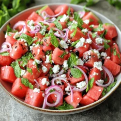 - 4 cups of fresh watermelon, cubed - 1 cup of feta cheese, crumbled - 1 small red onion, thinly sliced - 1/2 cup of fresh mint leaves, chopped - 2 tablespoons of extra virgin olive oil - 1 tablespoon of balsamic glaze - Salt and freshly ground black pepper to taste Each ingredient brings something special to the salad. Watermelon is sweet and juicy. It adds a refreshing taste. Feta cheese is creamy and salty. It complements the sweetness of the watermelon perfectly. Red onion adds a sharp, crunchy bite. This helps balance the flavors. Fresh mint brings a bright, herbal note. It lifts the entire dish. Extra virgin olive oil adds richness. It helps blend the flavors together. Balsamic glaze gives a sweet-tart finish. It adds depth and complexity. Finally, salt and pepper enhance all the flavors. Adjust these to your taste for the best result. When you gather these ingredients, you set the stage for a simple yet delightful dish. The combination of flavors and textures makes this salad a standout choice for any meal or gathering. If you want to see how to put these ingredients together, check out the Full Recipe. - Preparing the watermelon: Start with a ripe watermelon. Cut it into small cubes. Place these cubes in a large bowl. Bite-sized pieces make it easy to enjoy. - Adding feta cheese: Next, sprinkle crumbled feta cheese over the watermelon. The creamy feta pairs well with the juicy fruit. This adds a nice contrast in texture. - Slicing the red onion: Now, take a small red onion and slice it thinly. Aim for even slices for a nice look. Scatter these slices over the salad for a sharp, fresh taste. - Incorporating fresh mint: Take fresh mint leaves and chop them coarsely. Add the mint to the bowl. It adds a burst of flavor and a lovely aroma. - Whisking together olive oil and balsamic glaze: In a small bowl, combine extra virgin olive oil and balsamic glaze. Whisk them together until well mixed. This will be the dressing for your salad. - Seasoning to taste: Add a pinch of salt and a few cracks of black pepper to the dressing. This enhances the flavors and adds depth. - Drizzling dressing and folding ingredients: Drizzle the dressing over the watermelon, feta, and onion. Use a spatula to gently fold everything together. Be careful not to mash the watermelon. - Letting flavors meld: Let your salad sit for about 10 minutes. This allows the flavors to combine and become even tastier. Enjoy the vibrant colors and fresh taste of your creation! For the full recipe, check out the detailed instructions provided earlier. When picking a watermelon, look for a few signs of ripeness. A good watermelon should feel heavy for its size. Look for a creamy yellow spot on one side; this shows it ripened on the ground. The skin should be firm and have a dull finish. Avoid watermelons with lots of shiny spots. I prefer seedless varieties for this salad. They are easier to eat and give a smoother texture. Look at the label to ensure you choose a seedless watermelon. This choice makes preparing the salad quick and simple. To boost the taste, adjust the salt and pepper in your salad. A little salt brings out the sweetness of the watermelon. Start with a pinch, and taste before adding more. Freshly ground black pepper adds a touch of spice, so sprinkle some in as well. Marinating the salad for about ten minutes is a great trick. This short wait allows the flavors to blend. The watermelon absorbs the dressing, making each bite more enjoyable. For serving, place the salad in a large, shallow bowl. This style makes it easy for guests to scoop. You can also use a decorative platter for a more elegant look. Garnishing with fresh mint leaves adds a pop of color. A light sprinkle of feta on top gives a nice touch too. This simple detail makes the dish look even more appetizing and fresh. For the full recipe, don’t forget to check out the Refreshing Watermelon Feta Delight! {{image_4}} Want to switch things up? Adding cucumber gives your salad a nice crunch. Slice the cucumber thin and mix it in. This keeps the texture fresh and light. Avocado is another great choice. It adds creaminess to balance the juicy watermelon. Just dice the avocado and fold it gently into the salad. You can easily change the flavors too. If you want a different taste, swap feta for goat cheese. Goat cheese has a tangy flavor that pairs well with watermelon. You can also try using fresh herbs like basil. Basil adds a sweet, peppery note that brightens the dish. Don’t be afraid to explore new dressings! A citrus dressing, made with lemon or lime, adds zing. This brightens the salad and complements the sweet watermelon. If you like a little heat, try adding chili flakes. A spicy kick can elevate the flavors and make your salad even more exciting. For the full recipe, check out the Refreshing Watermelon Feta Delight. To keep your watermelon salad fresh, store it in an airtight container. This prevents air from making it soggy. Place the container in the fridge right after serving. The salad is best enjoyed within two days. The watermelon may lose its crunch after that. You can prep several parts of the salad ahead of time. Cut the watermelon and store it in the fridge. Crumble the feta cheese and chop the mint leaves. Keep them separate until you're ready to serve. This helps maintain freshness. When you are ready to serve, combine everything in a bowl. Drizzle the dressing just before serving. This keeps the salad vibrant and tasty. Enjoy your refreshing dish! For the full recipe, check out the Refreshing Watermelon Feta Delight! Yes, you can! Feta cheese adds a nice tang to the salad, but other cheeses work too. Try using goat cheese for a creamy touch. It will blend well with the watermelon. You can also use mozzarella for a milder flavor. Just make sure to cut it into small pieces. This keeps the texture balanced. Each cheese gives a unique taste, so feel free to experiment! Watermelon salad is best enjoyed fresh. You can keep it in the fridge for up to two days. After that, the watermelon might get mushy. To keep it fresh, store it in an airtight container. Make sure to eat it soon for the best taste. If you notice any liquid pooling at the bottom, drain it before serving. This keeps your salad crisp and tasty. Yes, this salad is great for meal prep! You can prepare the ingredients ahead of time. Cut the watermelon, onion, and mint, then store them separately. Mix them together just before serving. This helps keep the flavors fresh and bright. Make the dressing in advance too, but add it right before you eat. This keeps the salad from getting soggy. For the full recipe, check out the Refreshing Watermelon Feta Delight! This blog post covered how to make a fresh watermelon salad. You learned the key ingredients and steps, from prep to dressing. I shared tips on selecting the best watermelon and enhancing flavors. You also discovered fun variations and how to store leftovers. As you whip up this salad, remember to get creative. You can change ingredients and dressings to fit your taste. Enjoy this refreshing dish that’s perfect for any meal!