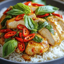 - 1 lb (450g) boneless, skinless chicken thighs, thinly sliced - 2 cups fresh Thai basil leaves, packed - 1 large red bell pepper, sliced into thin strips Chicken thighs are juicy and tender. They absorb flavors well and stay moist during cooking. Thai basil adds a unique, fragrant taste. It has a slight peppery flavor that elevates the dish. The red bell pepper gives a sweet crunch and bright color. - 2 tablespoons soy sauce - 1 tablespoon oyster sauce - 1 tablespoon fish sauce Soy sauce brings saltiness and depth to the dish. Oyster sauce adds a rich, umami flavor. Fish sauce gives a salty, savory kick, making the dish more complex and flavorful. - Additional protein like tofu or shrimp - Extra vegetables like broccoli or snap peas - Spice variations with more chilies or hot sauce You can add different proteins for variety. Tofu is a great vegetarian option. Shrimp cooks quickly and pairs well with the sauce. Adding extra vegetables boosts nutrition. Broccoli or snap peas add color and texture. If you love heat, try extra chilies or hot sauce. For the full recipe, check out the Spicy Thai Basil Chicken details. - Slicing the Chicken: Start by slicing 1 pound of boneless chicken thighs into thin pieces. Thin slices cook faster and soak up more flavor. - Mince Garlic and Chilies: Take 4 cloves of garlic and finely mince them. Slice 2-3 red Thai chilies. You can adjust the number based on your spice preference. - Prep Vegetables: Slice 1 large red bell pepper into thin strips. This adds color and crunch to your dish. - Heating the Oil: In a large skillet or wok, heat 2 tablespoons of vegetable oil over medium-high heat. Wait until the oil shimmers before adding other ingredients. - Stir-frying Ingredients: Add the minced garlic and sliced chilies to the hot oil. Stir them for about 30 seconds until they become fragrant. Then, increase the heat to high and add the sliced chicken. Stir-fry for 5-7 minutes until the chicken is browned and fully cooked. - Combining Sauces: Add the sliced red bell pepper to the skillet. Stir-fry for another 2-3 minutes. In a small bowl, mix 2 tablespoons soy sauce, 1 tablespoon oyster sauce, 1 tablespoon fish sauce, 1 teaspoon sugar, and 1/2 cup chicken broth. Pour this sauce over the chicken and vegetables, stirring well. - Adjusting Seasoning: Taste the dish and adjust the seasoning if needed. You can add more soy sauce or sugar to balance flavors. - Wilting Thai Basil: Remove the skillet from heat. Gently fold in 2 cups of fresh Thai basil leaves. The residual heat will wilt them perfectly. - Serving Suggestions: Serve your Spicy Thai Basil Chicken over cooked jasmine rice. For a special touch, top it with fresh basil leaves. Enjoy this flavor-packed meal! For a complete guide, check out the Full Recipe. - Balancing Spice Levels: Adjust the number of Thai chilies. More chilies mean more heat. Start with one and taste as you go. If you want less spice, remove the seeds. - Importance of Fresh Ingredients: Fresh Thai basil makes a big difference. It adds a bright and peppery taste. Use it right before serving to keep its flavor strong. - Alternative Seasoning Tips: If you don’t have fish sauce, try soy sauce or a mix of soy and vinegar. For a different twist, add a splash of lime juice. - Best Pan for Stir-frying: A wok is ideal for stir-frying. It heats evenly and allows for quick cooking. A large skillet works too if you don’t have a wok. - High Heat Cooking Methods: Use high heat to cook the chicken quickly. This helps keep it tender and juicy. Make sure your pan is hot before adding ingredients. - Avoiding Overcooked Vegetables: Add vegetables later in the cooking process. This keeps them crisp and colorful. Stir-fry for just a couple of minutes to retain their crunch. - Prep Tips for Quick Cooking: Slice the chicken and veggies ahead of time. This makes cooking fast and easy. Keep everything organized in bowls for quick access. - Time-saving Hacks: Use pre-minced garlic or store-bought sauces if you’re short on time. These can cut down the prep time without losing flavor. - Staggering Cooking Steps: Cook the chicken first, then add the bell peppers. This gives each ingredient time to shine. Lastly, add the basil to finish the dish beautifully. For the complete recipe, check out the [Full Recipe]. {{image_4}} You can switch up the protein in Spicy Thai Basil Chicken to suit your taste. - Using Ground Chicken: Ground chicken works well for this dish. It cooks quickly and absorbs flavors nicely. - Vegetarian Substitutes: For a veggie option, use tofu or tempeh. These ingredients soak up the sauce and keep the dish hearty. - Seafood Variations: Shrimp or scallops can make great substitutes. They cook fast and add a nice twist to the dish. You can easily adjust the spice level to match your preference. - Mild Version for Sensitive Palates: If you like it mild, leave out the chilies. Use bell peppers for crunch and flavor. - Adding More Chilies for Extra Heat: For a fiery kick, add more red Thai chilies. You can also use chili flakes for a different flavor. - Spice Blends to Customize Flavor: Try adding a pinch of curry powder or a dash of cayenne. This can elevate the taste and add depth. Get creative with how you serve this dish. - Rice Alternatives: Instead of jasmine rice, try brown rice or quinoa. They add a nutty flavor and more fiber. - Wraps and Bowls: Serve the chicken in lettuce wraps or bowls. This makes for a fun and interactive meal. - Incorporating into Other Dishes: You can add the chicken to fried rice or noodles. This makes for a quick meal that’s packed with flavor. For the complete recipe, refer to the [Full Recipe]. For best quality, store your Spicy Thai Basil Chicken in an airtight container. This keeps it fresh and prevents odors from other foods. Place it in the fridge within two hours of cooking. You can enjoy the leftovers for up to three days. If you want to save leftovers for later, freezing is a great choice. First, let the dish cool completely. Then, scoop it into freezer-safe bags or containers. Try to remove as much air as possible before sealing. The chicken can stay good in the freezer for about three months. To thaw, move the container to the fridge overnight. This method keeps the chicken moist. If you're in a hurry, you can use the microwave's defrost setting. When you're ready to eat, there are a few ways to reheat your chicken. The best way is to use a skillet. Heat it over medium heat, then add the chicken. Stir slowly to keep it from sticking. You can also add a splash of water or broth to keep it juicy. If you're in a rush, the microwave works too. Place the chicken in a bowl, cover it with a lid, and heat for 1-2 minutes. Check to make sure it’s hot all the way through. These methods help maintain the flavor and texture of your Spicy Thai Basil Chicken. For the full recipe, check the earlier section! Can I use chicken breasts instead of thighs? Yes, you can use chicken breasts. They will cook faster and have less fat. Just slice them thinly for even cooking. How can I make this dish less spicy? To reduce the heat, use fewer Thai chilies. You can also remove the seeds. Adding more bell pepper can help balance the spice. What’s the best rice to serve with it? Jasmine rice is ideal. Its fluffy texture pairs well with the flavors of Spicy Thai Basil Chicken. Can I prepare this dish ahead of time? Yes, you can prep the ingredients and store them in the fridge. Cook it fresh for the best taste. What other dishes pair well with Spicy Thai Basil Chicken? Serve it with spring rolls or Thai cucumber salad for a full meal. Coconut soup also makes a great side. How to adjust the recipe for more servings? Simply multiply the ingredients by the number of servings you need. Keep the cooking time similar, but check for doneness. Where to find fresh Thai basil? Look for fresh Thai basil at Asian grocery stores or farmers' markets. You can also grow it at home. What can I substitute for fish sauce? Soy sauce or tamari can work as a substitute. For a more authentic taste, use a little extra salt. Is oyster sauce necessary for this recipe? While oyster sauce adds depth, you can skip it if needed. Increase soy sauce for flavor if you do. For a complete guide, check out the Full Recipe. This blog post covers how to make Spicy Thai Basil Chicken. We discussed ingredients like chicken thighs, Thai basil, sauces, and optional add-ons. You learned the step-by-step process, including prep and cooking tips. We shared ways to adjust heat and create variations with proteins and servings. Lastly, we covered storage methods to keep your leftovers fresh. Cooking should be fun and rewarding. With these steps, you can enjoy a delicious dish tailored to your taste. Happy cooking!