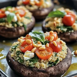 - 4 large portobello mushrooms - 1 cup cooked quinoa - 1/2 cup cherry tomatoes, halved - 1/2 cup baby spinach, finely chopped - 1/4 cup crumbled feta cheese - 1/4 cup toasted pine nuts - 2 tablespoons extra virgin olive oil - 1 teaspoon garlic powder - Salt and freshly ground black pepper to taste - Fresh basil or parsley, finely chopped for garnish I love using portobello mushrooms in my recipes. They are big, meaty, and full of flavor. They make a great base for stuffing. The first step is to gather all your ingredients. You will need quinoa, cherry tomatoes, spinach, and feta cheese, among others. Each ingredient adds its own taste and texture to the dish. Quinoa gives a nice, nutty flavor and fills you up. Cherry tomatoes add a sweet touch, while spinach brings in some greens. Feta cheese provides a creamy and salty kick. Pine nuts add a crunchy element. Using fresh herbs like basil or parsley at the end makes it pretty. It also adds freshness to the dish. With these simple ingredients, you can create a dish that is both tasty and healthy. For the full recipe, check out the instructions that follow! 1. Preheat your oven to 375°F (190°C). This warm-up helps cook the mushrooms evenly. 2. Clean the portobello mushrooms. Remove the stems and use a small spoon to scrape out the dark gills. This makes space for the filling. Place the mushrooms, open side up, on a baking sheet lined with parchment paper. This step keeps your baking sheet clean. 1. In a large mixing bowl, combine the following: - 1 cup cooked quinoa - 1/2 cup cherry tomatoes, halved - 1/2 cup baby spinach, finely chopped - 1/4 cup crumbled feta cheese - 1/4 cup toasted pine nuts - 2 tablespoons extra virgin olive oil - 1 teaspoon garlic powder - Salt and freshly ground black pepper to taste Mix well until everything is evenly coated. 2. Now, take a spoon and fill each portobello mushroom with the quinoa mixture. Press it down gently to pack the filling. This helps it stay together. 1. Transfer the baking sheet with the filled mushrooms to your preheated oven. Bake for 20-25 minutes. The mushrooms should become tender, and the topping should turn golden brown and slightly crispy. 2. Once they are done, carefully remove the mushrooms from the oven. Let them cool for about 5 minutes. This cooling time helps with serving. 3. To make your dish look nice, sprinkle some freshly chopped basil or parsley on top just before serving. For more details, check the Full Recipe. To avoid soggy mushrooms, select large, firm portobellos. Clean them gently without soaking them in water. A quick rinse is fine, but dry them well. Remove the gills to create space for the filling. This also helps reduce moisture. For a crispy topping, use a mix of breadcrumbs and cheese. Sprinkle it on top just before baking. A drizzle of olive oil adds flavor and helps achieve that golden crunch. Spices and herbs can really lift your dish. I love using garlic powder, oregano, and thyme. Fresh basil or parsley adds brightness. Feel free to experiment with your favorites! If you want to adjust seasoning, taste your filling before stuffing. Add salt and pepper in small amounts. You want a balanced flavor that sings but doesn’t overwhelm. You need a few basic tools for this recipe. A mixing bowl and a spoon make prep easy. A small spoon helps remove the gills from the mushrooms. For baking, a rimmed baking sheet lined with parchment paper is best. This ensures even cooking and easy cleanup. If you have a cooling rack, place it on top of the baking sheet. This helps air circulate around the mushrooms for even cooking. Try these tips to make your stuffed portobello mushrooms shine. Use the Full Recipe to guide you through each step! {{image_4}} Vegetarian options You can make stuffed portobello mushrooms with many tasty vegetarian fillings. Try using black beans, corn, and diced bell peppers for a colorful mix. You can also use a blend of mushrooms, zucchini, and cheddar cheese. These options keep the dish fresh and add great flavor. Meat-based options For those who love meat, add ground turkey or sausage to your stuffing. Mix cooked meat with quinoa, diced onions, and spices. This adds richness and protein to your meal. Another great choice is chopped cooked bacon mixed with cream cheese. It makes the dish savory and fulfilling. Gluten-free suggestions Stuffed portobello mushrooms are easy to make gluten-free. Make sure to use gluten-free breadcrumbs or replace them with crushed nuts. Quinoa, which is naturally gluten-free, works perfectly as a base. You can also use rice or a mix of grains for a hearty filling. Vegan adaptations To make this dish vegan, skip the feta cheese and use a plant-based cheese instead. You can also add some nutritional yeast for a cheesy flavor. For a creamier texture, blend soaked cashews with a little water. This mix adds a rich taste without any animal products. Pairing ideas with sides Stuffed portobello mushrooms go well with many sides. Serve them with a fresh green salad or a side of roasted veggies. You can also pair them with a creamy soup for a warm meal. These sides enhance the flavors and make your meal more enjoyable. Creative serving presentation styles Presentation can make your meal look more appealing. Try placing the stuffed mushrooms on a colorful plate with a drizzle of balsamic glaze. Garnish with fresh herbs like basil or parsley for a pop of color. Arrange them on a wooden board for a rustic touch that guests will love. For the full recipe, check the section above. Enjoy your cooking adventure! To keep your stuffed portobello mushrooms fresh, store them in the fridge. Place leftovers in an airtight container. This keeps moisture in and prevents them from drying out. Make sure to eat them within three days for the best taste. Reheat your mushrooms in the oven. Set it to 350°F (175°C) and warm them for about 10-15 minutes. This method keeps the mushrooms tender and the filling crispy. You can also use the microwave, but it may make them soggy. If you choose the microwave, heat them for about 1-2 minutes. You can freeze stuffed mushrooms for later use. Wrap each mushroom tightly in plastic wrap, then place them in a freezer bag. This helps prevent freezer burn. When ready to cook, thaw them overnight in the fridge. Bake them at 375°F (190°C) for 20-25 minutes until heated through. Enjoy your savory stuffed portobello mushrooms later with ease! For a full recipe, check out the Full Recipe section. How many servings does this recipe provide? This recipe makes four servings. Each large portobello mushroom holds a nice amount of filling. You can adjust the number of mushrooms based on how many people you serve. Can I use different types of mushrooms? Yes, you can use other mushrooms like shiitake or cremini. However, make sure they are large enough to hold the filling. Each type will add its unique flavor and texture. What temperature should I bake stuffed mushrooms? You should bake stuffed mushrooms at 375°F (190°C). This temperature helps the mushrooms cook evenly and allows the filling to become golden and crisp. How do I know when the mushrooms are fully cooked? Mushrooms are done when they feel tender. The filling should also be golden brown on top. If you poke them gently, they should give a little but not be mushy. What can I use instead of feta cheese? If you want to replace feta cheese, try goat cheese or ricotta. These options will still give a creamy texture and enhance the flavor. Can I replace quinoa with rice or another grain? Yes, you can replace quinoa with rice or farro. Just make sure the grain is cooked before you mix it with the other ingredients. Each grain will bring a different taste and texture to the dish. For the full recipe, refer to the earlier sections. Stuffed portobello mushrooms are a fun and healthy dish. You learned about the key ingredients and step-by-step instructions to prepare them. I shared tips for texture, flavor, and even variations to suit any diet. Proper storage and reheating methods are vital for leftovers. Remember, customizing recipes adds your personal touch. Enjoy experimenting and making these mushrooms your own, whether you prefer a vegan option or a meaty twist! With this knowledge, you can impress friends and family at your next meal. Happy cooking!