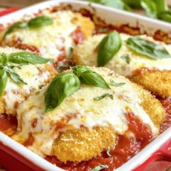 - 4 boneless, skinless chicken breasts - 1 cup Italian seasoned breadcrumbs - 1 cup marinara sauce - 1 ½ cups shredded mozzarella cheese - ½ cup grated Parmesan cheese - 2 large eggs - 1 teaspoon dried oregano - 1 teaspoon garlic powder - Salt and pepper to taste - Olive oil for frying - Fresh basil leaves for garnish (optional) When making Easy Chicken Parmesan, I love using simple, fresh ingredients. The chicken breasts serve as the base, providing a tender and juicy bite. The Italian seasoned breadcrumbs add a nice crunch and flavor. Marinara sauce brings tanginess, while the mozzarella and Parmesan provide that rich, cheesy goodness. I suggest using high-quality cheese for the best taste. Don’t forget the eggs! They help the breadcrumbs stick. Oregano and garlic powder give the dish that classic Italian flavor. Use salt and pepper to taste, as they enhance the overall dish. Olive oil is key for frying, creating a golden crust. For a fresh touch, I often add basil leaves on top. They look pretty and add a burst of flavor. You can find the full recipe linked above for all the steps and tips to make this dish shine. - Preheat your oven to 375°F (190°C). - Whisk the eggs in a shallow dish until smooth. - Mix breadcrumbs, oregano, garlic powder, salt, and pepper in a bowl. - Dip each chicken breast in the eggs, letting excess drip off. Then, coat each piece with the breadcrumb mixture. - Heat olive oil in a skillet over medium heat. - Cook the breaded chicken for 4-5 minutes on each side until golden brown. - Transfer the chicken to a baking dish. - Spoon marinara sauce over each breast and add shredded mozzarella and grated Parmesan. Bake for 20-25 minutes. This process gives you a delicious Easy Chicken Parmesan. For the full recipe, check out the original details. To get the perfect breading, start with dry chicken. Pat each breast with a paper towel. This helps the egg and crumbs stick better. For the breading, use Italian seasoned breadcrumbs. They add great flavor. Don't rush the frying. Heat olive oil over medium heat. Cook the chicken for about 4-5 minutes on each side. Look for a rich golden brown color. This means your chicken is crispy and ready for the oven. For melting, I recommend whole milk mozzarella. It melts beautifully and stretches nicely. If you want a twist, try provolone or fontina. They bring a rich flavor. Grated Parmesan adds a sharp bite. Mixing different cheeses makes each bite special. Serve the chicken on a plate with marinara sauce underneath. This keeps the chicken moist. A side of pasta works great too. You can also include a fresh salad for crunch. For presentation, sprinkle extra Parmesan on top. Add a basil leaf for color. This makes your dish look and taste amazing. Check out the Full Recipe for more tips! {{image_4}} You can change the taste of Easy Chicken Parmesan easily. Adding herbs can bring new flavors. Try fresh basil or thyme for a fragrant twist. A pinch of red pepper flakes adds heat. You may also use different sauces. Instead of marinara, try pesto or Alfredo for a creamy touch. Each sauce gives a unique spin on this dish. If you follow a gluten-free diet, don’t worry! Use gluten-free breadcrumbs instead of regular ones. There are many brands available at stores. For those on low-carb diets, you can skip the breadcrumbs. Coat the chicken in almond flour or crushed pork rinds instead. This keeps the dish tasty without the carbs. You can change the serving size to fit your needs. To make more servings, just double the ingredients. If you want less, halve the recipe. You can also make mini Chicken Parmesan bites. Simply use small chicken pieces and adjust the cooking time. These mini versions are perfect as appetizers for parties! To store your leftovers, let the chicken cool first. Place it in an airtight container. This keeps the chicken fresh longer. You can store it in the fridge for up to three days. Make sure to use a container that seals tightly. This helps prevent the chicken from drying out or absorbing other smells. To freeze Chicken Parmesan, first cool it completely. Wrap each piece in plastic wrap, then place it in a freezer bag. This way, it stays tasty for up to three months. When you want to eat it, thaw it in the fridge overnight. For reheating, place it in the oven at 350°F (175°C). Bake until the cheese is bubbly and the chicken is hot. In the fridge, Chicken Parmesan lasts about three days. In the freezer, it can stay good for three months. Check for signs it has gone bad. If it smells sour or looks slimy, it’s time to toss it. Always trust your senses when checking food freshness. For the best taste, eat it sooner rather than later. If you want the full recipe, check out [Full Recipe]. What can I substitute for chicken in Easy Chicken Parmesan? You can use eggplant, zucchini, or portobello mushrooms. These options cook well and absorb flavors. Slice them thick to mimic chicken breasts. Bread and fry them just like chicken. You’ll enjoy a tasty, meatless dish. Can I make Easy Chicken Parmesan ahead of time? Yes, you can prepare it ahead. Bread the chicken and store it in the fridge. You can even bake it a day early. Just reheat it in the oven before serving. This makes dinner stress-free. How do I know when the chicken is fully cooked? Use a meat thermometer. The chicken should reach 165°F (75°C) to be safe. You can also cut into it. The juices should run clear, not pink. A golden crust means it’s likely cooked through. What can I use if I don’t have marinara sauce? You can try pesto, Alfredo, or even a simple garlic butter sauce. These options add great flavor. Be creative and test different sauces for your taste. Can I use fresh breadcrumbs instead of Italian seasoned? Yes, you can use fresh breadcrumbs. If you do, add Italian herbs for flavor. Dried oregano, basil, or thyme work well. What can I replace mozzarella cheese with? You can use provolone, gouda, or a dairy-free option. Each choice brings its own unique taste. Experiment to find your favorite cheese for this dish. For the full recipe, check out the detailed instructions to create this delicious meal! Easy Chicken Parmesan is a delicious dish you can whip up easily. You learned about the essential ingredients and step-by-step instructions. I provided tips to perfect your chicken, along with variations to suit different tastes and diets. Plus, I shared storage tips to keep your leftovers fresh. Now you can enjoy creating this meal for family or friends. Don't hesitate to experiment with flavors and presentation. Making it your own will bring joy to your table. Happy cooking!