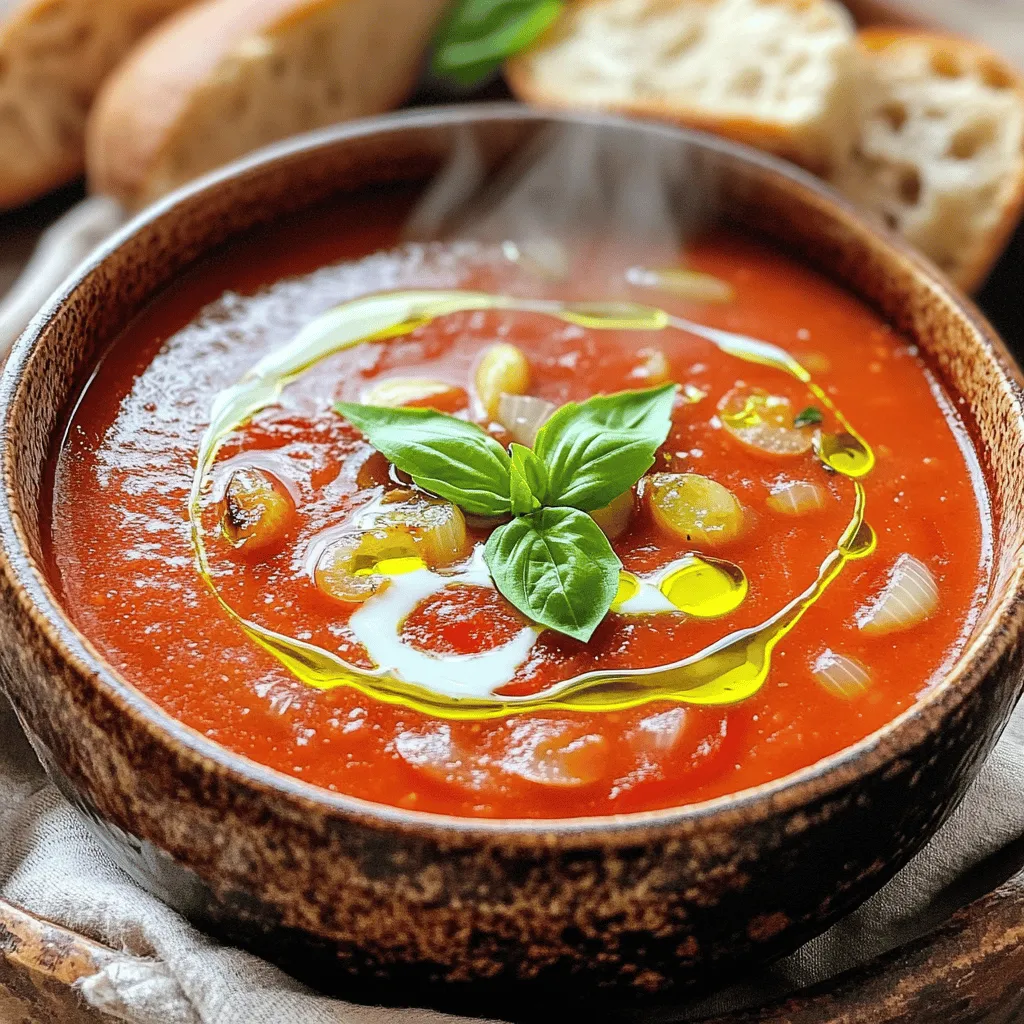 - 6 cups ripe tomatoes, halved - 1 large onion, cut into quarters - 4 cloves garlic, left unpeeled - 3 tablespoons olive oil - Salt and freshly ground black pepper, to taste - 1 cup fresh basil leaves, tightly packed - 3 cups vegetable broth - 1 tablespoon balsamic vinegar - 1 teaspoon sugar (optional) - 1/2 cup heavy cream (or substitute with coconut cream for a dairy-free option) I love using ripe tomatoes for this soup. They give the best flavor. Halving them helps them roast well. The large onion adds sweetness and depth. Leaving the garlic unpeeled keeps it mellow. Olive oil helps roast the veggies and adds richness. Fresh basil is a must. It brightens the soup and adds a lovely aroma. Vegetable broth gives the soup a nice body. Balsamic vinegar adds a touch of acidity, which balances the sweetness. The sugar is optional but can enhance the flavor. Heavy cream or coconut cream makes the soup creamy and smooth. - Fresh herbs (thyme, oregano) - Spices (red pepper flakes, smoked paprika) You can add fresh herbs like thyme or oregano for extra flavor. A pinch of red pepper flakes adds warmth, while smoked paprika gives it a nice smoky touch. - Caloric content - Key vitamins and minerals This soup is low in calories and packed with vitamins. Tomatoes are high in vitamin C and potassium. Basil provides vitamin K and adds to the soup's health benefits. Overall, this dish is both comforting and nutritious, making it a perfect choice for any meal. For the full recipe and more details, check out the [Full Recipe]. 1. Preheat your oven to 400°F (200°C). This heat is perfect for roasting. 2. On a large baking sheet, arrange the halved tomatoes and quartered onion. 3. Place the unpeeled garlic cloves among the veggies. 4. Drizzle everything with olive oil. 5. Sprinkle salt and black pepper to taste. 6. Toss the mix well with your hands or a spatula. 1. Place the baking sheet in the hot oven. 2. Roast for 30-35 minutes. You want the tomatoes to blister and become juicy. 3. Look for signs of proper roasting. The edges should caramelize lightly. 1. Once roasted, take the baking sheet out and let it cool for about 5 minutes. 2. Squeeze the roasted garlic out of its skins into a blender. Discard the skins. 3. Add the roasted tomatoes, onions, vegetable broth, basil, balsamic vinegar, and sugar into the blender. 4. Blend on high until smooth and creamy. 5. Pour the blended mixture into a large pot. 6. Bring it to a gentle simmer over medium heat for about 10 minutes. This helps the flavors meld together. 7. Stir in the heavy cream until fully mixed. 8. Taste the soup. Adjust the seasoning with salt and pepper if needed. 9. Heat through gently, but avoid boiling. 10. Serve hot, garnishing with extra basil leaves or a swirl of cream. This recipe makes a hearty and tasty roasted tomato basil soup. You can find the full recipe to explore all the details. To get the best flavor, roast your tomatoes evenly. Here’s how: - Arrange on a baking sheet: Spread the tomatoes, onions, and garlic in a single layer. This helps them roast evenly. - Use enough oil: Drizzle olive oil generously over the veggies. It aids in caramelization and enhances the flavor. - Don’t crowd the pan: Avoid stacking the veggies. Crowding leads to steaming instead of roasting. For a creamy soup, blending is key. Here are my tips: - Let the veggies cool slightly: This ensures you don’t burn yourself when blending. - Blend in batches if needed: This helps achieve a smooth texture without overloading the blender. - Add broth slowly: This allows for better blending and creaminess. To store leftover soup safely, follow these steps: - Cool before storing: Let the soup reach room temperature. This prevents condensation in the container. - Use airtight containers: Glass or BPA-free plastic works best. - Label containers: Write the date on each container to track freshness. If you want to keep it longer, freezing is a great option: - Use freezer-safe bags: Pour soup into bags, leaving space for expansion. - Lay bags flat: This saves space and helps them freeze faster. - Thaw in the fridge: This keeps the soup safe and helps maintain flavor. Garnishing your soup can take it to the next level: - Fresh basil leaves: Add a few on top for a burst of color and flavor. - Drizzle of olive oil: A light swirl adds richness and a gourmet touch. For different flavor profiles, try these bases: - Coconut cream: Use this as a dairy-free option. It adds creaminess with a hint of sweetness. - Vegetable stock: Swap in different stocks for unique flavors. You can use mushroom broth for an earthy taste. {{image_4}} You can switch up the tomatoes in your soup. I love using different types for various flavors. Roma tomatoes give a rich taste, while heirloom tomatoes add a unique sweetness. You can also try cherry tomatoes for a burst of flavor. If you want a dairy-free option, replace heavy cream with coconut cream. This swap keeps the soup creamy while adding a subtle sweetness. You can also use almond milk for a lighter touch. Adding roasted red peppers can give your soup a smoky twist. Simply toss them on the baking sheet with the other veggies. Carrots also add sweetness and depth. Just chop them into chunks and roast them along with the tomatoes. Spice infusions can elevate your soup. Try adding a teaspoon of curry powder for warmth or smoked paprika for a deeper flavor. These spices mix well with the tomatoes and basil, creating a unique taste experience. This soup pairs perfectly with crusty bread or a fresh salad. A slice of garlic bread complements the flavors well. You can also serve it with a crunchy green salad to balance the richness. Get creative with how you serve your soup. Try pouring it over rice for a hearty meal. You can even serve it in a bowl topped with fresh basil and a drizzle of olive oil. This adds a nice touch and makes it look inviting. For the full recipe, check out the sections above! Roasted tomato basil soup stays fresh in the fridge for about 5 days. Store it in an airtight container to keep it safe. Glass containers work best, as they do not absorb odors or stains. If you use plastic, make sure it’s BPA-free to avoid chemical leaching. You can freeze this soup for up to 3 months. To freeze, let it cool completely first. Then, pour it into freezer-safe bags or containers. Remove as much air as possible to prevent freezer burn. When ready to eat, thaw it overnight in the fridge. To reheat, use the stove on low heat. Stir often to avoid hot spots. You can also microwave it in short bursts, stirring in between. After thawing, you may want to enhance the flavor. Add a splash of balsamic vinegar or a handful of fresh basil. These add freshness and depth. If the soup thickens too much, stir in a bit of broth or water. Heat it gently until smooth. This soup is all about enjoying your meal, so make it just how you like! The best types of tomatoes for soup are Roma and heirloom. Roma tomatoes have fewer seeds and thicker flesh. They provide a rich, sweet flavor when roasted. Heirloom tomatoes add a unique taste and color. Both types will give your soup a great base. Yes, you can make this soup vegan. Simply replace the heavy cream with coconut cream or a plant-based cream. This keeps the soup creamy while making it dairy-free. Use vegetable broth to maintain the vegan profile. You can still enjoy a delicious meal without any animal products. To thicken your soup, you can add more tomatoes or use less broth. Another option is to blend in some cooked potatoes. This adds creaminess without changing the taste. You can also let the soup simmer longer to reduce its liquid content. Yes, you can use fresh basil instead of dried. Fresh basil has a brighter flavor and aroma. Use about three times more fresh basil than dried. Add it at the end of cooking for the best flavor. This keeps that fresh taste strong in your soup. Roasted Tomato Basil Soup pairs well with many sides. Consider serving it with crusty bread or a grilled cheese sandwich. A fresh salad can also complement the rich flavors. For a heartier meal, serve it over rice or alongside pasta. Enjoy experimenting with different pairings for a full dining experience! This blog post covered a tasty roasted tomato basil soup recipe. You learned about the key ingredients and optional flavor boosters. I also shared helpful tips for cooking, storage, and serving. Don't forget, you can make this soup your own with swaps and variations. As you prepare this dish, remember to enjoy the process. Cooking is fun and allows creativity. Get ready to impress your family and friends with a warm bowl of deliciousness!