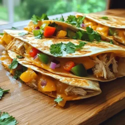 To make classic chicken quesadillas, you need a few key ingredients: - 2 cups cooked chicken, shredded - 1 cup shredded sharp cheddar cheese - 1 cup shredded Monterey Jack cheese - 1/2 cup bell peppers, diced (choose a mix for color) - 1/2 cup red onion, finely chopped - 2 tablespoons fresh cilantro, chopped - 1 teaspoon taco seasoning - 4 large flour tortillas - 2 tablespoons olive oil - Salt and black pepper to taste These ingredients work together to create a tasty dish. The chicken gives protein, while the cheeses melt into a gooey delight. The veggies add crunch and flavor, and the spices bring it all together. If you want to make your quesadillas even better, consider these add-ins and toppings: - Avocado slices for creaminess - Jalapeños for heat - Corn for sweetness - Black beans for extra fiber - Salsa or pico de gallo for freshness - Sour cream or guacamole for dipping Feel free to mix and match these options. Tailor the recipe to your taste, and have fun with it! You’ll need a few tools to make your quesadillas: - Large mixing bowl - Large skillet - Spatula - Cutting board - Knife Having the right equipment makes cooking easier. The skillet is key for getting that crispy texture. A sharp knife helps with chopping veggies quickly. With these tools, you’ll be ready to create your delicious meal. For the full recipe, check the recipe section above. First, gather your ingredients. You’ll need chicken, cheese, peppers, onion, and spices. In a large bowl, mix these items. Use 2 cups of cooked, shredded chicken. Add 1 cup of sharp cheddar and 1 cup of Monterey Jack cheese. Next, toss in 1/2 cup of diced bell peppers and 1/2 cup of finely chopped red onion. Finally, add 2 tablespoons of chopped cilantro and 1 teaspoon of taco seasoning. Season with salt and black pepper to taste. Mix it all well to coat everything with the spices. Now, heat 1 tablespoon of olive oil in a skillet over medium heat. When the oil is hot, lay one tortilla in the skillet. On one half, add 1/4 cup of cheddar and 1/4 cup of Monterey Jack cheese. Spoon your chicken mixture on top of the cheese. Fold the tortilla in half and press down with a spatula. Cook for 3-4 minutes until golden brown. Flip the quesadilla and cook for another 3-4 minutes. The tortilla should be crispy, and the cheese should melt. Remove it from the skillet and let it cool for a minute. Slice it into wedges and repeat with the other tortillas. Serve your quesadilla wedges on a platter. You can pair them with fresh salsa, sour cream, or guacamole. For a nice touch, arrange the wedges in a circle. Garnish with lime wedges and extra cilantro. This adds color and freshness to your meal. Enjoy your delicious chicken quesadillas! To get that perfect crisp, heat your skillet before adding the oil. Use medium heat to avoid burning. Add just enough oil to coat the pan. Too much oil can make your quesadilla soggy. Cook each side for about 3-4 minutes until golden brown. Press down gently with a spatula while cooking. This helps the cheese melt and bond the quesadilla. You can make your quesadilla unique by changing the filling. Try adding black beans, corn, or jalapeños for more flavor. For a twist, use different meats like beef or shrimp. You can also add fruits like pineapples for a sweet touch. Be creative and mix flavors that you love. Don’t forget to adjust the seasoning to match your taste. Dipping sauces can take your quesadilla to the next level. Fresh salsa is a classic choice, adding a fresh kick. Creamy sour cream cools down spicy flavors. Guacamole adds a rich, buttery taste. You can also try chipotle sauce for a smoky flavor. Mix and match these sauces to find your favorite combination. Enjoy the full recipe for more ideas! {{image_4}} You can easily make a tasty vegetarian version of chicken quesadillas. Swap out the chicken for black beans or sautéed mushrooms. You can also add more veggies, like zucchini or corn. These swaps keep the meal filling and flavorful. If you love heat, try adding jalapeños or diced green chilies to your quesadilla mix. You can also sprinkle hot sauce on the filling for more spice. These spicy additions will bring a delightful kick to your dish. Cheese is key to great quesadillas. While I love sharp cheddar and Monterey Jack, you can mix it up. Try pepper jack for a spicy twist or feta for a tangy flavor. Combining different cheeses can create a rich and unique taste. These variations will make each bite exciting. Feel free to explore these options and make your quesadillas your own. For the classic version, check out the Full Recipe. To store leftover quesadillas, let them cool first. Then, wrap each quesadilla in plastic wrap or foil. Place them in an airtight container. This keeps them fresh. You can store them in the fridge for up to three days. When reheating, I recommend using a skillet. Heat it over medium heat. Place the quesadilla in the skillet for about three minutes. Flip it and heat for another two minutes. This keeps the tortilla crispy and the cheese melty. You can also use a microwave, but it may make the tortilla soft. Freezing quesadillas is easy. Wrap each one in plastic wrap, then foil. Store them in a freezer bag. They can last for up to three months. When ready to eat, thaw them in the fridge overnight. Reheat in the skillet for the best taste. For the full recipe, check out the details above. Yes, you can use many types of tortillas. Flour, corn, or whole grain work well. Flour tortillas give a soft and chewy texture. Corn tortillas are firmer and add a nice crunch. Whole grain tortillas offer a healthy twist. Choose based on your taste and texture preference. To make quesadillas on a grill, preheat it to medium heat. Use a grill-safe pan or place the quesadilla directly on the grates. Cook for about 3-4 minutes on each side. Check for a crispy outside and melted cheese inside. This method adds a nice smoky flavor. You can use many proteins in quesadillas. Try beef, pork, shrimp, or tofu for variety. Each protein adds a unique taste. For a vegetarian option, black beans or lentils make great choices. Mix and match to find your favorite combination. Many sides go well with chicken quesadillas. Fresh salsa adds a zesty touch. Guacamole provides a creamy contrast. You can also serve with a side salad or chips. Sour cream is a classic dip that enhances the flavors. Choose sides that balance the meal. For the full recipe, check out the Classic Chicken Quesadillas guide. You learned about classic chicken quesadillas, from key ingredients to tasty variations. With step-by-step instructions, you now know how to prepare, cook, and serve them. Remember the tips for perfect crispiness and customizing flavors. Don't forget to try different cheeses or add spice for a kick. Finally, store your leftovers properly for future meals. Enjoy making this dish for family and friends. Your quesadilla journey starts now!
